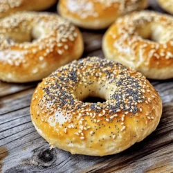 - 4 cups bread flour - 1 packet (2 ¼ teaspoons) active dry yeast - 1 ½ cups warm water (110°F/45°C) - 2 tablespoons sugar - 2 teaspoons salt - 2 tablespoons honey (for boiling) - Toppings (e.g., sesame seeds, poppy seeds, everything bagel seasoning) Gathering the right ingredients is key to making great bagels. I love using bread flour because it gives bagels that chewy texture we all crave. Active dry yeast is a must for rising. The warm water helps wake up the yeast, so don’t skip this step. Sugar adds a touch of sweetness and helps with browning. Salt adds flavor and controls yeast growth. Honey plays a special role when boiling the bagels. It helps create a shiny finish and adds a hint of sweetness. You can choose any toppings you like. Sesame seeds, poppy seeds, or everything bagel seasoning are all fantastic choices. - Large mixing bowl - Wooden spoon - Slotted spoon - Baking sheet - Wire rack Having the right tools makes cooking easier. A large mixing bowl is essential for mixing your dough. A wooden spoon helps combine the ingredients well. A slotted spoon allows you to lift the bagels from boiling water without making a mess. A baking sheet is needed for baking your bagels. Finally, a wire rack helps cool them after baking, keeping them from getting soggy. Check out the Full Recipe for more details on how to make these tasty bagels! To start, you need to dissolve the yeast and sugar. Take a small bowl and mix them in warm water. Let it sit for 5 to 10 minutes. You want it to get frothy. This means the yeast is alive and ready to work. Next, mix flour and salt in a large bowl. Use 4 cups of bread flour and 2 teaspoons of salt. Make a well in the center of the flour mix. Pour in the yeast mixture. Stir with a wooden spoon until a shaggy dough forms. Kneading is key to good bagels. Transfer the dough to a floured surface. Knead it for about 10 minutes. Push the dough with the heel of your hand and fold it over. Repeat this motion until the dough is smooth and elastic. For rising, place the dough in a greased bowl. Cover it with a damp cloth and let it rise in a warm spot. Wait about 1 hour, or until it has doubled in size. This step helps your bagels become soft. After rising, it’s time to shape the bagels. Punch down the dough gently. Divide it into 8 equal portions. Roll each piece into a ball. Use your finger to poke a hole in the center. Stretch the hole to form a bagel shape. Boiling is very important for bagels. It helps seal the outside and gives them that chewy texture. Bring a large pot of water to a boil. Add 2 tablespoons of honey to the water. This adds a nice flavor to your bagels. Gently drop the bagels into the boiling water. Cook them for 1 to 2 minutes on each side. After boiling, remove them with a slotted spoon. Place them on a greased baking sheet. Now, preheat your oven to 425°F (220°C). Timing is important here. Bake the bagels for 20 to 25 minutes. You want them to be golden brown. Keep an eye on them to get that perfect color. And that’s it! You’re ready to enjoy your homemade bagels. For the full recipe, check out the details above. To make a chewy bagel, start with the right flour. I always use bread flour. It has more protein. This helps create that great chew you want. You can also try high-gluten flour for extra strength. Another key is hydration. A wetter dough leads to a softer bagel. Aim for a dough that is smooth and elastic, but not sticky. Adjust the water if needed. A perfect bagel should have a shiny, smooth surface. Many people over-knead or under-knead the dough. Knead it just enough until it feels smooth. Too much can make it tough. If you don't knead enough, it won't rise well. Rising time is also vital. Let the dough rise until it doubles in size. If you rush this step, your bagels will be dense. Be patient! A good rise gives you fluffy bagels. Adding mix-ins can really boost flavor. Try including dried fruits, nuts, or seeds in your dough. You can also mix in spices like garlic or onion for a savory twist. For a fun twist, you can try flavor hacks. Brush your bagels with a mix of olive oil and garlic before baking. This adds a nice crust and flavor. Don't forget to sprinkle your favorite toppings on top, like sesame seeds or everything bagel seasoning, right after boiling your bagels! For more on how to make these tasty bagels, check out the Full Recipe. {{image_2}} Bagels are fun to make, and you can change them up easily. Here are some great ideas for sweet, savory, and seasonal bagels. Cinnamon raisin: Mix in cinnamon and brown sugar for a warm, sweet flavor. Add raisins to the dough. This bagel is perfect for breakfast or a snack. Chocolate chip: Fold in chocolate chips for a treat! These bagels have a nice balance of sweet and doughy. Enjoy them toasted with cream cheese. Garlic and herb: Add minced garlic and fresh herbs to the dough. This savory option pairs well with soups or salads. Cheese and jalapeño: Mix shredded cheese and chopped jalapeños into the dough. These bagels pack a spicy punch for a tasty breakfast or snack. Pumpkin spice for fall: Stir in pumpkin puree and pumpkin spice. This flavor is perfect for cooler weather and pairs great with cream cheese. Poppy and lemon zest for spring: Add lemon zest and poppy seeds for a fresh taste. This combination gives you a bright, zesty bagel that’s perfect for springtime brunches. With these variations, you can make your homemade bagels unique and fun. You can find the full recipe to get started on your bagel journey! To keep your homemade bagels fresh, store them in a paper bag. This allows air to circulate while keeping them from getting soggy. If you have more than you can eat in a few days, you can freeze them. Here’s how: - Let the bagels cool completely. - Wrap each bagel tightly in plastic wrap. - Place them in a freezer-safe bag or container. - Label the bag with the date and place it in the freezer. When you store them this way, they can last up to three months. When it's time to enjoy your bagels again, reheating them well is key. To keep them moist, you can use either the oven or the microwave. - Oven: Preheat the oven to 350°F (175°C). Place the bagels on a baking sheet and bake for about 5-10 minutes. This method retains crispness and flavor. - Microwave: Wrap the bagel in a damp paper towel. Heat for about 10-15 seconds. This method may make the bagel softer, but it's quick and easy. Choose the method based on your mood and how much time you have. Enjoy your fresh bagels! Homemade bagels stay fresh for about 2 to 3 days at room temperature. Store them in a paper bag to let them breathe. If you want them to last longer, freeze them. Bagels freeze well for up to 3 months. Just wrap each bagel in plastic wrap and place them in a freezer bag. When you’re ready to eat, thaw them at room temperature or toast them straight from the freezer. Yes, you can use all-purpose flour, but it changes the bagel’s texture. Bread flour has more protein, which gives bagels their chewy bite. If you use all-purpose flour, your bagels may be softer and less chewy. They will still taste great, but the classic bagel texture might not be there. Boiling bagels before baking is key to their texture. It helps seal the outside, which keeps them soft on the inside. The boiling also gives bagels that shiny crust we love. Adding honey to the boiling water adds a touch of sweetness. This step is what sets bagels apart from regular bread. You can make bagels without yeast, but the texture will differ. Use baking soda and vinegar as a leavening agent instead. This method makes a denser bagel, but it still tastes good. Another option is to use a mix of flour, yogurt, and baking powder. It’s quick and easy, but it won’t have the same chewy texture. For a classic bagel, yeast is the best choice. If you want to explore, try the other methods for fun! Making bagels at home is fun and easy. You now know the key ingredients, tools, and steps to create perfect bagels. From boiling them to achieving that ideal chewy texture, every detail matters. Remember to store your bagels well and explore fun flavors. With these tips, you can enjoy fresh bagels any day. I hope you feel inspired to try this recipe and make it your own. Enjoy each bite of your tasty creations!