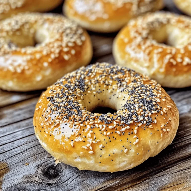 - 4 cups bread flour - 1 packet (2 ¼ teaspoons) active dry yeast - 1 ½ cups warm water (110°F/45°C) - 2 tablespoons sugar - 2 teaspoons salt - 2 tablespoons honey (for boiling) - Toppings (e.g., sesame seeds, poppy seeds, everything bagel seasoning) Gathering the right ingredients is key to making great bagels. I love using bread flour because it gives bagels that chewy texture we all crave. Active dry yeast is a must for rising. The warm water helps wake up the yeast, so don’t skip this step. Sugar adds a touch of sweetness and helps with browning. Salt adds flavor and controls yeast growth. Honey plays a special role when boiling the bagels. It helps create a shiny finish and adds a hint of sweetness. You can choose any toppings you like. Sesame seeds, poppy seeds, or everything bagel seasoning are all fantastic choices. - Large mixing bowl - Wooden spoon - Slotted spoon - Baking sheet - Wire rack Having the right tools makes cooking easier. A large mixing bowl is essential for mixing your dough. A wooden spoon helps combine the ingredients well. A slotted spoon allows you to lift the bagels from boiling water without making a mess. A baking sheet is needed for baking your bagels. Finally, a wire rack helps cool them after baking, keeping them from getting soggy. Check out the Full Recipe for more details on how to make these tasty bagels! To start, you need to dissolve the yeast and sugar. Take a small bowl and mix them in warm water. Let it sit for 5 to 10 minutes. You want it to get frothy. This means the yeast is alive and ready to work. Next, mix flour and salt in a large bowl. Use 4 cups of bread flour and 2 teaspoons of salt. Make a well in the center of the flour mix. Pour in the yeast mixture. Stir with a wooden spoon until a shaggy dough forms. Kneading is key to good bagels. Transfer the dough to a floured surface. Knead it for about 10 minutes. Push the dough with the heel of your hand and fold it over. Repeat this motion until the dough is smooth and elastic. For rising, place the dough in a greased bowl. Cover it with a damp cloth and let it rise in a warm spot. Wait about 1 hour, or until it has doubled in size. This step helps your bagels become soft. After rising, it’s time to shape the bagels. Punch down the dough gently. Divide it into 8 equal portions. Roll each piece into a ball. Use your finger to poke a hole in the center. Stretch the hole to form a bagel shape. Boiling is very important for bagels. It helps seal the outside and gives them that chewy texture. Bring a large pot of water to a boil. Add 2 tablespoons of honey to the water. This adds a nice flavor to your bagels. Gently drop the bagels into the boiling water. Cook them for 1 to 2 minutes on each side. After boiling, remove them with a slotted spoon. Place them on a greased baking sheet. Now, preheat your oven to 425°F (220°C). Timing is important here. Bake the bagels for 20 to 25 minutes. You want them to be golden brown. Keep an eye on them to get that perfect color. And that’s it! You’re ready to enjoy your homemade bagels. For the full recipe, check out the details above. To make a chewy bagel, start with the right flour. I always use bread flour. It has more protein. This helps create that great chew you want. You can also try high-gluten flour for extra strength. Another key is hydration. A wetter dough leads to a softer bagel. Aim for a dough that is smooth and elastic, but not sticky. Adjust the water if needed. A perfect bagel should have a shiny, smooth surface. Many people over-knead or under-knead the dough. Knead it just enough until it feels smooth. Too much can make it tough. If you don't knead enough, it won't rise well. Rising time is also vital. Let the dough rise until it doubles in size. If you rush this step, your bagels will be dense. Be patient! A good rise gives you fluffy bagels. Adding mix-ins can really boost flavor. Try including dried fruits, nuts, or seeds in your dough. You can also mix in spices like garlic or onion for a savory twist. For a fun twist, you can try flavor hacks. Brush your bagels with a mix of olive oil and garlic before baking. This adds a nice crust and flavor. Don't forget to sprinkle your favorite toppings on top, like sesame seeds or everything bagel seasoning, right after boiling your bagels! For more on how to make these tasty bagels, check out the Full Recipe. {{image_2}} Bagels are fun to make, and you can change them up easily. Here are some great ideas for sweet, savory, and seasonal bagels. Cinnamon raisin: Mix in cinnamon and brown sugar for a warm, sweet flavor. Add raisins to the dough. This bagel is perfect for breakfast or a snack. Chocolate chip: Fold in chocolate chips for a treat! These bagels have a nice balance of sweet and doughy. Enjoy them toasted with cream cheese. Garlic and herb: Add minced garlic and fresh herbs to the dough. This savory option pairs well with soups or salads. Cheese and jalapeño: Mix shredded cheese and chopped jalapeños into the dough. These bagels pack a spicy punch for a tasty breakfast or snack. Pumpkin spice for fall: Stir in pumpkin puree and pumpkin spice. This flavor is perfect for cooler weather and pairs great with cream cheese. Poppy and lemon zest for spring: Add lemon zest and poppy seeds for a fresh taste. This combination gives you a bright, zesty bagel that’s perfect for springtime brunches. With these variations, you can make your homemade bagels unique and fun. You can find the full recipe to get started on your bagel journey! To keep your homemade bagels fresh, store them in a paper bag. This allows air to circulate while keeping them from getting soggy. If you have more than you can eat in a few days, you can freeze them. Here’s how: - Let the bagels cool completely. - Wrap each bagel tightly in plastic wrap. - Place them in a freezer-safe bag or container. - Label the bag with the date and place it in the freezer. When you store them this way, they can last up to three months. When it's time to enjoy your bagels again, reheating them well is key. To keep them moist, you can use either the oven or the microwave. - Oven: Preheat the oven to 350°F (175°C). Place the bagels on a baking sheet and bake for about 5-10 minutes. This method retains crispness and flavor. - Microwave: Wrap the bagel in a damp paper towel. Heat for about 10-15 seconds. This method may make the bagel softer, but it's quick and easy. Choose the method based on your mood and how much time you have. Enjoy your fresh bagels! Homemade bagels stay fresh for about 2 to 3 days at room temperature. Store them in a paper bag to let them breathe. If you want them to last longer, freeze them. Bagels freeze well for up to 3 months. Just wrap each bagel in plastic wrap and place them in a freezer bag. When you’re ready to eat, thaw them at room temperature or toast them straight from the freezer. Yes, you can use all-purpose flour, but it changes the bagel’s texture. Bread flour has more protein, which gives bagels their chewy bite. If you use all-purpose flour, your bagels may be softer and less chewy. They will still taste great, but the classic bagel texture might not be there. Boiling bagels before baking is key to their texture. It helps seal the outside, which keeps them soft on the inside. The boiling also gives bagels that shiny crust we love. Adding honey to the boiling water adds a touch of sweetness. This step is what sets bagels apart from regular bread. You can make bagels without yeast, but the texture will differ. Use baking soda and vinegar as a leavening agent instead. This method makes a denser bagel, but it still tastes good. Another option is to use a mix of flour, yogurt, and baking powder. It’s quick and easy, but it won’t have the same chewy texture. For a classic bagel, yeast is the best choice. If you want to explore, try the other methods for fun! Making bagels at home is fun and easy. You now know the key ingredients, tools, and steps to create perfect bagels. From boiling them to achieving that ideal chewy texture, every detail matters. Remember to store your bagels well and explore fun flavors. With these tips, you can enjoy fresh bagels any day. I hope you feel inspired to try this recipe and make it your own. Enjoy each bite of your tasty creations!