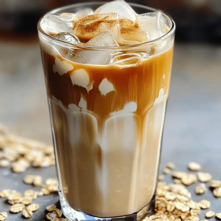 To make a tasty iced vanilla oat latte, you need a few key ingredients. Each one adds its own flavor and texture. Here’s what you’ll need: - 1 cup brewed espresso or strong coffee, cooled - 1 cup oat milk - 1 tablespoon vanilla extract - 1-2 tablespoons maple syrup (to taste) - 1/2 teaspoon cinnamon (optional) - Ice cubes - Oat flakes for garnish (optional) These ingredients come together to create a creamy and sweet drink. The oat milk makes it smooth, while the espresso gives it a nice kick. Want to jazz up your latte? You can add some fun flavors. Here are some ideas: - A dash of nutmeg for warmth - A scoop of cocoa powder for a mocha twist - A splash of almond extract for a nutty taste - A few chocolate chips for extra sweetness Feel free to experiment! Each add-in gives a new flavor. You can find your favorite mix. Before you start, gather the right tools. Here’s what you will need: - A coffee maker or espresso machine - A mixing spoon - A tall glass for serving - A measuring spoon - A straw (optional) Having these tools ready makes the process easy. You’ll enjoy making your iced vanilla oat latte even more! For the complete process, check out the Full Recipe. Start by brewing your espresso or strong coffee. Use your favorite method, like a French press or espresso machine. I recommend using fresh coffee beans for the best taste. Once brewed, let it cool to room temperature. This helps the flavors shine when mixed with oat milk. In a large glass, combine the cooled coffee with oat milk, vanilla extract, and maple syrup. Stir well to blend all the flavors. If you want a warm spice, add cinnamon. This gives your latte a comforting touch. Mix everything until smooth. Fill a tall glass with ice cubes. Leave some space at the top for the latte mix. Pour your oat latte over the ice slowly. This helps keep the layers nice. If you like, sprinkle oat flakes on top for crunch. Stir gently before drinking. Enjoy your iced vanilla oat latte! For the full recipe, check out the details above. To make your iced vanilla oat latte shine, focus on your coffee. Use fresh espresso or a strong brew. This gives you a bold base. The oat milk adds creaminess and a slight sweetness. Vanilla extract is key for that rich flavor. Maple syrup is a great natural sweetener. Adjust the amount to suit your taste. One common mistake is using hot coffee. Warm coffee can melt the ice fast, making it watery. Always cool your coffee before mixing. Also, don't skip the stirring step. Mixing well ensures all flavors blend. Finally, avoid cheap oat milk. Good-quality oat milk will make your drink taste better. Serve your iced vanilla oat latte in a tall glass. This not only looks nice but also allows for plenty of ice. Try adding a sprinkle of cinnamon on top. It adds a nice touch and extra warmth. For a fun twist, use oat flakes as a garnish. They add a nice crunch to each sip. Enjoy your drink outside on a sunny day for a refreshing treat! {{image_2}} You can enjoy a sugar-free iced vanilla oat latte. Start by swapping maple syrup for a sugar-free sweetener. Use stevia or monk fruit. This change keeps your drink sweet without extra calories. Mix it well with your coffee and oat milk. You still get that lovely vanilla flavor. Try different flavors to shake things up. Caramel gives your iced latte a rich, sweet twist. Add a tablespoon of caramel syrup to your mix. For a mocha version, blend in a tablespoon of cocoa powder. This adds a chocolatey depth. You can experiment with hazelnut or almond extracts too. Each option brings a new taste to your drink. If you prefer a warm drink, make a hot vanilla oat latte. Simply follow the same steps, but heat your oat milk. Combine it with your brewed coffee and vanilla. This hot version offers comfort on chilly days. It’s just as creamy and delicious as the iced version. Embrace the warmth with a sprinkle of cinnamon for added spice. For the complete recipe, check out the [Full Recipe]. If you have leftover ingredients from your iced vanilla oat latte, store them in the fridge. Keep oat milk sealed in its original container. This way, it stays fresh longer. Any unused brewed coffee should also go in a sealed container. It will last for up to a week in the fridge. Just remember, always check for any off smell before using. You can prep ahead to make your mornings easier. Brew a batch of coffee and let it cool. Store it in the fridge for easy use. You can also mix the oat milk, vanilla extract, and maple syrup in a jar. This way, you save time and enjoy your drink faster. Just shake the jar before pouring it over ice. Oat milk can spoil if not stored correctly. Always keep it in a cool place, away from sunlight. After opening, use it within seven to ten days. Before using, give it a good shake to mix any settled parts. If you notice any changes in texture or smell, it's best to discard it. You can check the [Full Recipe] for more details on making your iced vanilla oat latte! An Iced Vanilla Oat Latte is a cool coffee drink. It blends espresso with creamy oat milk and vanilla. This drink is sweet and smooth. You can enjoy it on a hot day. It’s a fun twist on classic iced coffee. Yes, you can use regular milk. However, it changes the taste and texture. Oat milk adds a nutty flavor and creaminess. If you prefer dairy, whole milk or almond milk works too. Just remember, it won’t be an oat latte anymore! To make a low-calorie version, use less maple syrup. You can also skip the syrup and use a sugar-free sweetener. Choose unsweetened oat milk for fewer calories. This way, you keep the flavor without the extra sugar. Oat milk is a great choice for many reasons. It is dairy-free and great for vegans. It also has fiber, which is good for digestion. Oat milk is often less allergenic than nut milks. Plus, it creates a creamy texture in drinks. You can find an Iced Vanilla Oat Latte at many coffee shops. Popular chains often have it on their menu. Some cafes may even offer it as a seasonal drink. Or, you can make your own at home with the full recipe! Making an Iced Vanilla Oat Latte at home is simple and fun. You learned about key ingredients, optional add-ins, and equipment needed. Each step helps you brew delicious coffee and combine flavors. I shared tips to avoid common mistakes and offered serving ideas. You can even explore variations to suit your taste. Remember, you can store leftovers well and keep your oat milk fresh. Enjoy your latte your way. Now, go ahead and make your perfect Iced Vanilla Oat Latte!