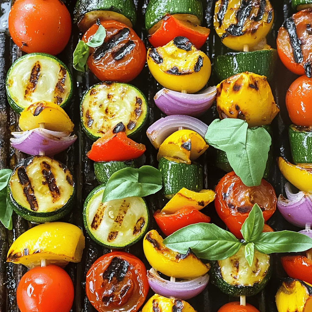 - Zucchini, bell pepper, red onion, cherry tomatoes, yellow squash, mushrooms - Olive oil, balsamic vinegar, garlic, dried oregano, smoked paprika, salt, pepper - Fresh basil for garnish To make delicious grilled vegetable skewers, you need fresh ingredients. Start with vibrant vegetables. I love using zucchini, bell peppers, red onions, cherry tomatoes, yellow squash, and mushrooms. Each adds its own flavor and color. For the marinade, grab olive oil, balsamic vinegar, minced garlic, dried oregano, smoked paprika, salt, and pepper. This mix brings out the best in the veggies. It is crucial to coat them well. Don't forget fresh basil for a lovely garnish. It adds a pop of flavor and looks stunning. When you gather these ingredients, you set the stage for a delightful meal. For a full recipe, please check the provided details. To make the best grilled vegetable skewers, start by slicing your veggies correctly. Cut the zucchini and yellow squash into thick rounds. This helps them stay firm on the grill. Next, cut the bell pepper into large chunks and the red onion into wedges. Use whole cherry tomatoes as they are. After slicing, it’s time to marinate. In a large bowl, mix the olive oil, balsamic vinegar, minced garlic, dried oregano, smoked paprika, salt, and pepper. Stir until well combined. Add in your sliced vegetables and toss them gently. This ensures every piece is coated, giving you great flavor. Now, let’s get your grill ready. Preheat your grill to medium-high heat. This step is crucial for even cooking. If you use wooden skewers, soak them in water for about 30 minutes. This prevents them from burning while grilling. Once your grill is hot, thread the marinated vegetables onto the skewers. Alternate the colors and types for a beautiful look. Place the skewers on the grill and cook for about 10 to 15 minutes. Be sure to turn them every few minutes. This helps the veggies cook evenly and get those lovely grill marks. For more detailed instructions, check out the Full Recipe. To get those perfect grill marks, set your grill to medium-high heat. This helps the vegetables cook evenly. Place the skewers on the grill and leave them alone for a few minutes. This allows the grill to do its magic without sticking. Turn the skewers only when you see nice marks forming. Marination is key. Let your veggies soak in the marinade for at least 30 minutes. This adds flavor and helps them stay juicy while grilling. The longer you marinate, the better the taste. Grilled vegetable skewers shine when paired with dips or sauces. A cool yogurt dip or a spicy salsa can add extra zing. You can also try a balsamic glaze drizzled over the skewers for a sweet touch. For side dishes, consider serving a fresh salad or warm bread. Quinoa or rice also make great choices to complete the meal. They soak up any juices from the skewers, adding to the fun. You can prepare the skewers in advance for gatherings. Just marinate the veggies, then thread them onto skewers. Keep them in the fridge until you're ready to grill. This saves time and lets you enjoy your guests. When it’s time to eat, reheat the skewers on the grill for about 5 minutes. This warms them up without overcooking. Keep an eye on them to maintain their great texture and flavor. {{image_2}} For your skewers, you can mix many vegetables. Seasonal picks give great flavor. Try asparagus in spring or eggplant in summer. Sweet corn adds a nice crunch. You can also use fruits for a fun twist. Pineapple gives a sweet touch. Peaches can add juiciness. Just cut them into chunks and add them to your skewers. To spice up your skewers, consider adding herbs. Fresh rosemary or thyme can change the game. You can also try a bit of cumin for warmth. Different oils and vinegars can change the taste, too. Avocado oil is great for high heat. Apple cider vinegar offers a tangy kick. Experiment with what you like best. For more tips, check out the Full Recipe for guidance on making the best grilled vegetable skewers. To keep your grilled vegetable skewers fresh, use airtight containers. Glass or plastic containers work well. Make sure they are clean and dry before placing the skewers inside. Store them in the fridge for up to three days. The cooler temperature helps keep them safe to eat. If you have a lot of skewers, you can separate them with parchment paper. This prevents sticking and keeps them looking nice. Always check for any signs of spoilage before using leftovers. When it's time to enjoy your leftovers, you can reheat them easily. The best way is to use a grill or stovetop pan. This keeps the texture and flavor intact. Heat them for about five minutes on medium heat, turning them gently. You can also use a microwave if you're in a hurry. Place the skewers on a microwave-safe plate. Heat in short bursts of 30 seconds until warm. To keep them from getting soggy, cover the plate loosely with a paper towel. Enjoy your grilled vegetable skewers again and savor those delicious flavors! You can tell when your vegetable skewers are done by looking for a few signs. First, the vegetables should look bright and vibrant. You want them to be tender but still have a bit of crunch. Look for nice grill marks on the veggies; this shows they have grilled well. The cherry tomatoes should also be soft but not burst. If you poke a piece of zucchini or bell pepper, it should give a little but not be mushy. Yes, you can use frozen vegetables for grilling, but I recommend fresh ones for the best taste. Frozen vegetables often lose some texture and flavor during freezing. If you do decide to use frozen ones, thaw them first and pat them dry. This step helps avoid excess water on the grill. Choose vegetables that stand up well to grilling, like bell peppers or zucchini, for better results. Grilled vegetable skewers are very healthy! They are full of vitamins, minerals, and fiber. Eating a variety of vegetables helps keep your diet balanced. Grilling also reduces the need for extra fats, making it a lighter option. - Nutritional benefits: Grilling vegetables preserves their nutrients and enhances their flavor. The high heat helps break down cell walls, making some nutrients easier to absorb. - Dietary considerations: These skewers are vegan and gluten-free. They fit well into many diets, making them a great option for gatherings. If you want extra flavor, you can add some herbs or spices without losing health benefits. For more details, check the Full Recipe! Grilling vegetable skewers is simple and fun. We covered the best ingredients, from zucchini to fresh basil. Properly preparing and marinating your veggies is key for great flavor. Remember to grill at the right temperature, turning the skewers for even cooking. Add your favorite dips or sides to make them shine. Experiment with different vegetable combinations and spices to keep it fresh. Lastly, store leftovers properly to enjoy later. Grilled vegetable skewers not only taste good, but they also offer a healthy option everyone can enjoy. Happy grilling!