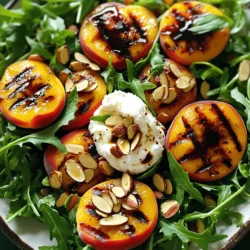 - 2 ripe peaches, halved and pitted - 1 tablespoon olive oil - Salt and pepper to taste - 4 cups arugula or mixed greens - 8 oz burrata cheese - ¼ cup toasted almonds, roughly chopped - ¼ cup balsamic glaze - Fresh basil leaves for garnish The ingredients for the Grilled Peach Burrata Salad are simple yet full of flavor. Peaches bring sweetness, while burrata adds creaminess. Arugula adds a peppery bite. Each serving has about 300 calories. This salad is rich in vitamins A and C. Peaches offer fiber and antioxidants. The almonds provide healthy fats and protein. Burrata gives calcium for strong bones. If you cannot find burrata, use mozzarella. For greens, spinach or kale works well. These swaps keep the dish delicious and fresh. Feel free to mix and match based on your taste. For the full recipe, see the earlier section. 1. Preheat the grill or grill pan Start by preheating your grill or grill pan over medium-high heat. This step is key for getting those lovely grill marks. 2. Brush and season peach halves Take two ripe peaches and cut them in half. Remove the pits. Brush the cut sides with one tablespoon of olive oil. Next, sprinkle a pinch of salt and pepper on them for taste. 1. Placing peaches on the grill Place the peach halves cut side down on the grill. This will give them a nice caramelized flavor. 2. Cooking time and checking for doneness Grill the peaches for about 4-5 minutes. Check for grill marks and tenderness. They should still hold their shape but feel soft. 1. Arranging greens and adding burrata In a large bowl, arrange 4 cups of arugula or mixed greens as a base. Tear 8 oz of burrata cheese into pieces and place it on top of the greens. 2. Adding grilled peaches and toppings Slice the grilled peaches into wedges. Arrange these around the burrata. Sprinkle ¼ cup of toasted almonds for a nice crunch. Finally, drizzle with ¼ cup of balsamic glaze for a sweet finish. Garnish with fresh basil leaves for a burst of aroma. For the full recipe, refer to the earlier section. Enjoy this vibrant and flavorful dish! To get those perfect grill marks, start with a hot grill. Make sure the grill grates are clean. Brush the peach halves with olive oil. This helps them not stick and gives a nice sear. Place the peaches cut side down on the grill. Press gently to ensure good contact. You’ll know the peaches are ready when they have nice grill marks and feel soft. This usually takes 4 to 5 minutes. They should still hold their shape. If they are mushy, they are overcooked. To make your salad more flavorful, think about adding fresh herbs. Basil and mint work well. You can also sprinkle in some fresh oregano or thyme for a twist. When it comes to dressings, balancing flavors is key. A drizzle of balsamic glaze adds sweetness. You can mix it with a bit of olive oil and lemon juice for extra zing. This helps to brighten the dish and brings all the flavors together. For serving, choose a large platter to make a statement. This allows all the colors to shine. You can also use individual bowls for a more personal touch. Garnishing can elevate your salad. Use fresh basil leaves for color and aroma. A sprinkle of toasted almonds adds crunch. Drizzle some extra balsamic glaze around the plate for a refined finish. This makes the dish look as good as it tastes. You can find the full recipe for more detailed steps. {{image_2}} You can spice up your grilled peach burrata salad in fun ways. Adding diced jalapeños or chili flakes gives it a nice heat. The sweetness of the peaches pairs well with spicy notes. You might also try swapping burrata for goat cheese or feta. Each cheese brings a unique taste that complements the peaches. Seasonal fruits can change your salad's flavor. In summer, stick with peaches. In fall, try grilled apples or pears. Each fruit adds a different twist. Also, you can change the greens based on what's fresh. In winter, use kale or spinach. In spring, fresh baby greens are perfect. For a vegan or dairy-free option, replace burrata with avocado or a nut-based cheese. This keeps the creaminess while being dairy-free. You can also keep the salad gluten-free. All the main ingredients are gluten-free, so there’s no need to change anything. Just enjoy the natural flavors! For the full recipe, check out the details above. To keep your Grilled Peach Burrata Salad fresh, store it in an airtight container. Make sure to separate the salad from the dressing. This way, the greens stay crisp. You can layer the salad in a container with parchment paper between layers. This helps absorb moisture. Use a glass or plastic container for best results. You should not reheat this salad. The burrata will lose its creamy texture, and the peaches might become mushy. Instead, enjoy the salad cold or at room temperature. If you have leftover greens, use them in a wrap or sandwich for a quick meal. The salad will stay fresh for about 1-2 days in the fridge. After that, the greens may wilt, and the peaches could spoil. Signs of spoilage include a sour smell, slimy greens, or mushy peaches. If you notice any of these, it’s best to discard the salad. Enjoy this vibrant dish while it's at its best! For the full recipe, check out the earlier section. For grilling, I recommend using ripe peaches. Ripe peaches are sweet and juicy. They will caramelize nicely on the grill. Firm peaches can work too, but they may not taste as sweet. When choosing peaches, look for ones with a slight give when you press them gently. This means they are ripe and ready to grill. Yes, you can make parts of this salad in advance. You can grill the peaches a few hours ahead. Just store them in the fridge until you're ready to serve. Prepare the dressing and chop the greens before serving. Keep the burrata cheese separate until serving time. This keeps everything fresh and tasty. Yes! If you want a vegetarian version, try using a different cheese. You can use mozzarella or feta instead of burrata. Both cheeses will add a nice flavor. You can also try vegan cheese for a non-dairy option. It’s all about finding what you enjoy most. For the full recipe, check out the details above. This salad uses fresh peaches and burrata, blending sweet and creamy flavors. We discussed how to prepare, grill, and serve it, plus clever ways to customize it. Remember to store leftovers carefully to keep them fresh. This dish stands out in taste and nutrition, making it perfect for any occasion. You can easily adapt it for different diets or seasons. Experiment with your favorite ingredients to make it your own. Enjoy creating a vibrant dish that impresses and satisfies!