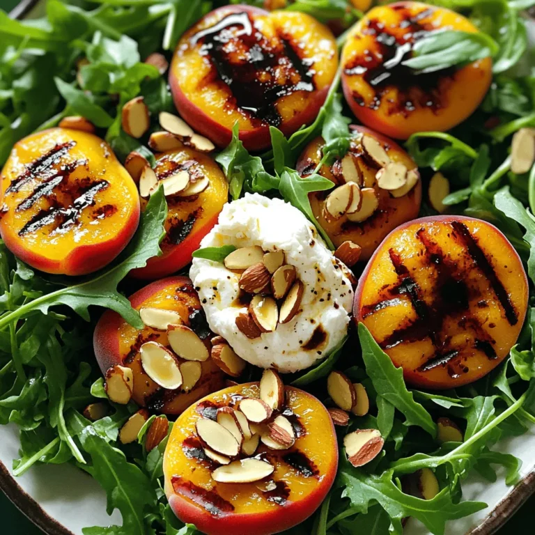 - 2 ripe peaches, halved and pitted - 1 tablespoon olive oil - Salt and pepper to taste - 4 cups arugula or mixed greens - 8 oz burrata cheese - ¼ cup toasted almonds, roughly chopped - ¼ cup balsamic glaze - Fresh basil leaves for garnish The ingredients for the Grilled Peach Burrata Salad are simple yet full of flavor. Peaches bring sweetness, while burrata adds creaminess. Arugula adds a peppery bite. Each serving has about 300 calories. This salad is rich in vitamins A and C. Peaches offer fiber and antioxidants. The almonds provide healthy fats and protein. Burrata gives calcium for strong bones. If you cannot find burrata, use mozzarella. For greens, spinach or kale works well. These swaps keep the dish delicious and fresh. Feel free to mix and match based on your taste. For the full recipe, see the earlier section. 1. Preheat the grill or grill pan Start by preheating your grill or grill pan over medium-high heat. This step is key for getting those lovely grill marks. 2. Brush and season peach halves Take two ripe peaches and cut them in half. Remove the pits. Brush the cut sides with one tablespoon of olive oil. Next, sprinkle a pinch of salt and pepper on them for taste. 1. Placing peaches on the grill Place the peach halves cut side down on the grill. This will give them a nice caramelized flavor. 2. Cooking time and checking for doneness Grill the peaches for about 4-5 minutes. Check for grill marks and tenderness. They should still hold their shape but feel soft. 1. Arranging greens and adding burrata In a large bowl, arrange 4 cups of arugula or mixed greens as a base. Tear 8 oz of burrata cheese into pieces and place it on top of the greens. 2. Adding grilled peaches and toppings Slice the grilled peaches into wedges. Arrange these around the burrata. Sprinkle ¼ cup of toasted almonds for a nice crunch. Finally, drizzle with ¼ cup of balsamic glaze for a sweet finish. Garnish with fresh basil leaves for a burst of aroma. For the full recipe, refer to the earlier section. Enjoy this vibrant and flavorful dish! To get those perfect grill marks, start with a hot grill. Make sure the grill grates are clean. Brush the peach halves with olive oil. This helps them not stick and gives a nice sear. Place the peaches cut side down on the grill. Press gently to ensure good contact. You’ll know the peaches are ready when they have nice grill marks and feel soft. This usually takes 4 to 5 minutes. They should still hold their shape. If they are mushy, they are overcooked. To make your salad more flavorful, think about adding fresh herbs. Basil and mint work well. You can also sprinkle in some fresh oregano or thyme for a twist. When it comes to dressings, balancing flavors is key. A drizzle of balsamic glaze adds sweetness. You can mix it with a bit of olive oil and lemon juice for extra zing. This helps to brighten the dish and brings all the flavors together. For serving, choose a large platter to make a statement. This allows all the colors to shine. You can also use individual bowls for a more personal touch. Garnishing can elevate your salad. Use fresh basil leaves for color and aroma. A sprinkle of toasted almonds adds crunch. Drizzle some extra balsamic glaze around the plate for a refined finish. This makes the dish look as good as it tastes. You can find the full recipe for more detailed steps. {{image_2}} You can spice up your grilled peach burrata salad in fun ways. Adding diced jalapeños or chili flakes gives it a nice heat. The sweetness of the peaches pairs well with spicy notes. You might also try swapping burrata for goat cheese or feta. Each cheese brings a unique taste that complements the peaches. Seasonal fruits can change your salad's flavor. In summer, stick with peaches. In fall, try grilled apples or pears. Each fruit adds a different twist. Also, you can change the greens based on what's fresh. In winter, use kale or spinach. In spring, fresh baby greens are perfect. For a vegan or dairy-free option, replace burrata with avocado or a nut-based cheese. This keeps the creaminess while being dairy-free. You can also keep the salad gluten-free. All the main ingredients are gluten-free, so there’s no need to change anything. Just enjoy the natural flavors! For the full recipe, check out the details above. To keep your Grilled Peach Burrata Salad fresh, store it in an airtight container. Make sure to separate the salad from the dressing. This way, the greens stay crisp. You can layer the salad in a container with parchment paper between layers. This helps absorb moisture. Use a glass or plastic container for best results. You should not reheat this salad. The burrata will lose its creamy texture, and the peaches might become mushy. Instead, enjoy the salad cold or at room temperature. If you have leftover greens, use them in a wrap or sandwich for a quick meal. The salad will stay fresh for about 1-2 days in the fridge. After that, the greens may wilt, and the peaches could spoil. Signs of spoilage include a sour smell, slimy greens, or mushy peaches. If you notice any of these, it’s best to discard the salad. Enjoy this vibrant dish while it's at its best! For the full recipe, check out the earlier section. For grilling, I recommend using ripe peaches. Ripe peaches are sweet and juicy. They will caramelize nicely on the grill. Firm peaches can work too, but they may not taste as sweet. When choosing peaches, look for ones with a slight give when you press them gently. This means they are ripe and ready to grill. Yes, you can make parts of this salad in advance. You can grill the peaches a few hours ahead. Just store them in the fridge until you're ready to serve. Prepare the dressing and chop the greens before serving. Keep the burrata cheese separate until serving time. This keeps everything fresh and tasty. Yes! If you want a vegetarian version, try using a different cheese. You can use mozzarella or feta instead of burrata. Both cheeses will add a nice flavor. You can also try vegan cheese for a non-dairy option. It’s all about finding what you enjoy most. For the full recipe, check out the details above. This salad uses fresh peaches and burrata, blending sweet and creamy flavors. We discussed how to prepare, grill, and serve it, plus clever ways to customize it. Remember to store leftovers carefully to keep them fresh. This dish stands out in taste and nutrition, making it perfect for any occasion. You can easily adapt it for different diets or seasons. Experiment with your favorite ingredients to make it your own. Enjoy creating a vibrant dish that impresses and satisfies!