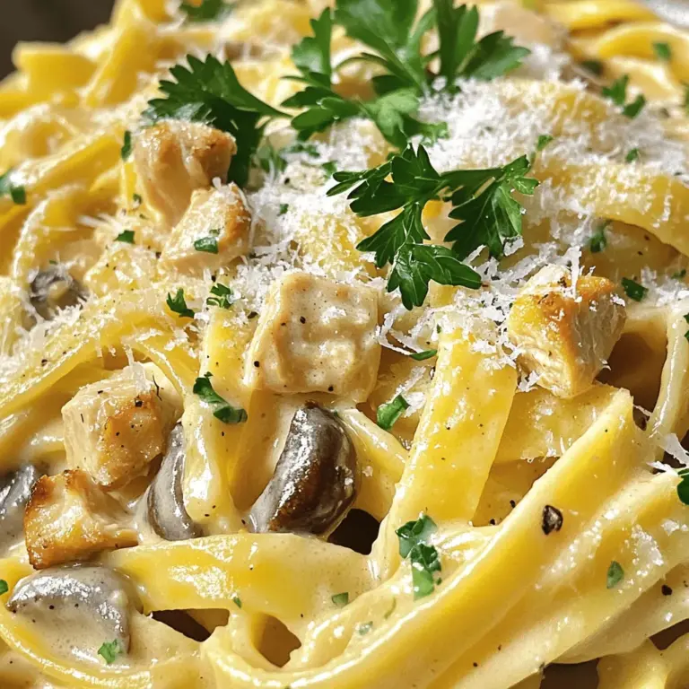 - 8 ounces fettuccine or spaghetti - 1 pound chicken breast, diced - 2 cups cremini or button mushrooms, sliced - 3 cloves garlic, minced - 1 medium onion, finely chopped - 1 teaspoon dried thyme - 1 teaspoon Italian seasoning - 1 cup heavy cream - 1 tablespoon olive oil - 1/2 cup grated Parmesan cheese - Salt and pepper to taste In this dish, the main ingredients create a solid base. The pasta brings heartiness, while the chicken adds protein. The mushrooms give a rich, earthy flavor. Next, we use aromatics and seasonings to build depth. Garlic and onion provide a fragrant start. Thyme and Italian seasoning add warmth and zest. These flavors blend well to create a savory mix. The creamy sauce components are key to this dish's charm. Heavy cream forms a luscious base. Olive oil adds smoothness, while Parmesan gives it a perfect finish. Salt and pepper enhance every bite. For the full recipe, check out the details on Savory Chicken & Mushroom Pasta. Enjoy making this dish! To cook fettuccine or spaghetti, fill a large pot with water. Add salt to the water to enhance flavor. Bring the water to a rolling boil. Add the pasta and cook according to the package instructions. For perfectly al dente pasta, taste it a minute before the time is up. It should be firm but not hard. Drain the pasta and save a cup of the water for later. To cook chicken perfectly, use a large skillet. Heat olive oil over medium heat. Add diced chicken and cook for about 6-8 minutes. You want it golden brown and cooked through. Season it with salt and pepper. Once done, remove the chicken and set it aside. Next, in the same skillet, add finely chopped onion and minced garlic. Sauté them until the onion turns clear, which takes about 3 minutes. This step builds a strong flavor base for our dish. Now for the sauce! Add sliced mushrooms to the skillet with the onion and garlic. Cook until they soften, which will take about 5 minutes. Then, stir in dried thyme and Italian seasoning. Pour in the heavy cream and bring it to a gentle simmer. Let it thicken for about 3-5 minutes. Return the cooked chicken to the skillet and mix it with the sauce. If the sauce is too thick, add some reserved pasta water bit by bit until it reaches your desired consistency. Toss the cooked pasta into the skillet with the sauce, chicken, and mushrooms. Stir in grated Parmesan cheese until it melts. Adjust the seasoning with salt and pepper if needed. For the full recipe, follow this link: [Full Recipe]. Ensuring Chicken is Tender and Juicy To keep chicken tender, use thin pieces. This helps them cook fast and evenly. Always cook the chicken until golden brown but not too long. About 6-8 minutes should do it. If you need to check, use a meat thermometer. It should read 165°F. This ensures you have juicy chicken every time. Best Practices for Sautéing Mushrooms When sautéing mushrooms, heat the pan first. This helps them brown nicely. Add oil, then the mushrooms. Let them cook without stirring too much. This allows them to caramelize. Cook them for about 5 minutes until soft. Season them lightly with salt to enhance their flavor. Garnishing with Fresh Parsley and Parmesan Garnish your pasta with fresh parsley. It adds a nice green color and freshness. Grate some Parmesan on top for a rich taste. A sprinkle of cracked black pepper gives it a little kick. Pairing with Side Dishes and Wines This pasta pairs well with a simple salad. A light green salad with lemon dressing complements it well. For wine, choose a light white wine like Pinot Grigio. It balances the creamy sauce nicely. Overcooking the Pasta Always follow the package instructions for cooking pasta. If you overcook it, it becomes mushy. Aim for al dente, which means it should be firm to the bite. Drain it quickly and toss it with the sauce. Using Too Much Heavy Cream Be careful with heavy cream. It can easily make the sauce too rich. Start with one cup and see how it looks. If it’s too thick, add some pasta water to thin it out. This gives you the perfect creamy sauce without being overwhelming. {{image_2}} You can easily make this dish vegetarian. Just swap the chicken for tofu or lentils. Tofu absorbs flavors well. Use firm tofu for the best texture. Lentils add protein and a nice bite. You can also add more vegetables to the pasta. Try spinach, zucchini, or bell peppers. These veggies add color and nutrition. They also make the dish more filling. If you need a gluten-free option, use gluten-free pasta. Many brands offer tasty choices that mimic regular pasta. Look for ones made from rice or quinoa. They cook similarly and hold sauce well. For dairy-free versions, use cream substitutes. Coconut cream works great for a rich flavor. You can also use cashew cream for a nutty taste. Both will keep your sauce creamy without dairy. To enhance flavor, consider adding white wine. A splash of white wine brings depth to the sauce. Cook it until it reduces for a richer taste. You can also incorporate fresh herbs or spices. Basil, parsley, or rosemary add fresh notes. A pinch of red pepper flakes can give it a nice kick. These small changes can elevate your dish to new heights. To keep your chicken and mushroom pasta fresh, store it in the fridge. Use airtight containers to seal in flavors. Make sure your pasta cools down before you cover it. This way, steam won’t build up and make it soggy. - Use glass or plastic containers with tight lids. - Label the containers with the date to track freshness. When reheating, avoid drying out your pasta. Add a splash of water or broth to keep it moist. Stir it well while reheating. You can use either the microwave or stovetop. - Microwave: Place pasta in a bowl. Cover it with a microwave-safe lid. Heat in short bursts, stirring in between. - Stovetop: Add pasta to a skillet. Pour in a bit of water or broth. Heat on low, stirring often until warm. You can freeze chicken and mushroom pasta for later meals. To freeze, let it cool completely. Then, portion it into freezer-safe bags or containers. Remove as much air as possible to prevent freezer burn. - Thawing: Move the pasta to the fridge the night before. You can also use the microwave to thaw it quickly. - Duration: For best taste and texture, eat it within three months. After that, it may lose flavor. It takes about 15 minutes to prep and 30 minutes to cook. So, the total time is 30 minutes. You can have a delicious meal ready in no time! Yes, you can! Make a big batch and store it for later. Here are some tips: - Cook the pasta and chicken, then let them cool. - Place them in airtight containers. - Store in the fridge for up to three days. - Reheat gently on the stove or in the microwave. This pasta pairs well with many sides. Here are some tasty options: - A simple green salad with vinaigrette. - Garlic bread for a crunchy touch. - Steamed vegetables like broccoli for a healthy balance. If you lack an ingredient, don’t worry. Here are some easy swaps: - Use any pasta type you have on hand. - Swap chicken for shrimp or tofu. - Use other mushrooms like portobello or shiitake. - If you lack heavy cream, use milk with a bit of flour to thicken. You can find the full recipe for Savory Chicken & Mushroom Pasta to guide you step-by-step through this delightful dish! This article covered the key steps to make delicious Chicken and Mushroom Pasta. We discussed important ingredients, cooking methods, and flavorful tips. You learned how to ensure tender chicken and a creamy sauce without mistakes. Remember, you can adapt the recipe with vegetarian, gluten-free, or dairy-free substitutions. Enjoyment in cooking comes from experimentation and finding what you love. With practice, your pasta will impress family and friends. Now, gather your ingredients and start cooking!