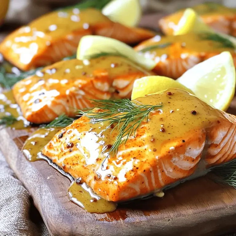 - Salmon fillets - Honey - Dijon mustard - Olive oil - Fresh lemon juice - Garlic powder - Paprika - Salt and pepper - Garnish options - Serving suggestions This dish shines with simple and fresh ingredients. You start with salmon fillets. Choose fillets about 150-200 grams each. They cook evenly and taste great. Next, you need honey and Dijon mustard. These two make the glaze sweet and tangy. You will also need olive oil. It helps blend the glaze and adds flavor. Fresh lemon juice brightens the dish. It balances the sweetness of the honey. Garlic powder and paprika add depth. They bring warmth and a hint of spice. Don’t forget salt and pepper to taste. They elevate all the flavors. For garnish, you can use fresh dill or parsley. These herbs add color and freshness. Lemon wedges are perfect for serving. They enhance the dish with a zesty kick. Once you have all these ingredients, you're ready to make a meal that is simple and tasty. Check the Full Recipe for more details. First, preheat your oven to 200°C (400°F). This step is key to getting a nice cook on the salmon. While it warms up, take a baking tray and line it with parchment paper. This helps prevent sticking and makes clean-up easy. In a medium bowl, mix together these ingredients: - 1/4 cup honey - 1/4 cup Dijon mustard - 2 tablespoons olive oil - 2 tablespoons fresh lemon juice - 1 teaspoon garlic powder - 1 teaspoon paprika - Salt and pepper to taste Whisk until smooth. You want a glossy glaze that coats your spoon well but is not too thick. If it feels too thick, add a little water to reach the right consistency. Place the salmon fillets skin-side down on the prepared baking tray. Make sure they have some space between them for even cooking. Use a brush to coat each fillet with the honey mustard glaze. Save some glaze for basting later. Bake the salmon for about 12-15 minutes. It should flake easily with a fork when done. Baste the salmon with the reserved glaze halfway through cooking. If you like a crispy top, switch your oven to broil for the last 2-3 minutes. Keep a close eye on it so it doesn’t burn. This step adds great flavor and a nice finish to your honey mustard glazed salmon. To cook salmon well, I recommend baking or broiling. Baking is simple and keeps the fish moist. Broiling gives a nice brown color and crispiness. To check for doneness, look for the fish to flake easily. Use a fork to gently pull apart the salmon. If it looks opaque, it is ready. You can make the glaze even better. Try adding a dash of soy sauce for depth. A touch of maple syrup gives a nice twist too. Fresh herbs can brighten the dish. I love using dill or parsley. Both pair well with the honey mustard taste. Serving salmon on a wooden board looks rustic and inviting. Individual plates work well too. Add a side of colorful veggies or quinoa for a full meal. For a nice touch, squeeze fresh lemon juice over the fish. It adds zing and makes the dish pop. Enjoy your beautiful honey mustard glazed salmon! {{image_2}} You can change the glaze for fun flavors. Try a teriyaki version. Mix soy sauce, honey, and ginger. This adds a sweet and savory twist. You can also make a spicy honey mustard. Add a bit of hot sauce to the original glaze. This gives the dish a nice kick. Salmon is great, but you can use other fish too. Trout, cod, or halibut work well with the glaze. Each fish has a different flavor, so adjust your cooking time. Thinner fish like sole will cook faster. Always check for doneness to avoid overcooking. If you're gluten-free, use gluten-free mustard and check your honey. Most honey is safe. For low-sugar options, try sugar-free honey or maple syrup. These swaps keep the sweet flavor while being healthier. Enjoy your meal without worry! Store leftover honey mustard glazed salmon in an airtight container. Glass or plastic containers work well. Keep it in the fridge for up to three days. This keeps the salmon fresh and tasty. To freeze cooked salmon, wrap each piece tightly in plastic wrap. Place it in a freezer bag to prevent freezer burn. You can freeze it for up to three months. When you’re ready to eat, thaw the salmon in the fridge overnight. This helps keep the flavor and texture. Reheat salmon gently to keep it from drying out. The best way is to use the oven. Preheat the oven to 180°C (350°F). Place the salmon on a baking sheet and cover it with foil. Heat for about 10 minutes. You can also use a microwave but do it in short bursts. This way, the salmon stays moist and delicious. The salmon is cooked when it turns from bright pink to a pale, opaque color. You can also check if it flakes easily with a fork. Insert a fork gently into the thickest part of the salmon. If it breaks apart, it's done. Cooking time is about 12-15 minutes at 200°C (400°F). Yes, you can make the glaze ahead of time. Just mix the honey, Dijon mustard, olive oil, lemon juice, garlic powder, and paprika in a bowl. Store it in the fridge for up to three days. Before using, give it a quick stir to mix again. Great side dishes include steamed vegetables, quinoa, or a fresh salad. You can also serve it with roasted potatoes or rice. These options balance the flavors well and create a complete meal. To make this meal lower in calories, use less honey and olive oil in the glaze. You can also replace the salmon with a leaner fish, like cod. Serve it with more veggies or a salad to fill your plate without adding many calories. Yes, if you don’t have Dijon mustard, you can use yellow mustard or whole grain mustard. Both will give a different flavor but still work well in the glaze. Adjust to your taste, but Dijon offers a nice tang that many enjoy. Honey Mustard Glazed Salmon is a delightful dish that combines sweet and tangy flavors. This easy recipe is great for busy weeknights or special occasions. You can serve it in just 25 minutes! Here’s what you need: - 6 salmon fillets (about 150-200g each) - 1/4 cup honey - 1/4 cup Dijon mustard - 2 tablespoons olive oil - 2 tablespoons fresh lemon juice - 1 teaspoon garlic powder - 1 teaspoon paprika - Salt and pepper to taste - Fresh dill or parsley for garnish - Lemon wedges for serving 1. Preheat the Oven: Set your oven to 200°C (400°F). Line a baking tray with parchment paper or grease it lightly. 2. Prepare the Glaze: In a bowl, mix honey, Dijon mustard, olive oil, lemon juice, garlic powder, paprika, salt, and pepper. Whisk until smooth. 3. Coat the Salmon: Place salmon fillets skin-side down on the tray. Brush the glaze over each fillet. Save some glaze for later. 4. Bake the Salmon: Bake in the oven for 12-15 minutes. The salmon should flake easily with a fork. Baste with the saved glaze halfway through. 5. Broil for a Glaze: For a crispy top, broil for the last 2-3 minutes. Watch closely to prevent burning. 6. Serve: Take the salmon out and let it rest. Garnish with dill or parsley and serve with lemon wedges. Prep Time: 10 mins | Total Time: 25 mins | Servings: 6 For a lovely display, serve the salmon on a rustic wooden board or individual plates. Pair it with steamed vegetables or quinoa for a colorful meal. This recipe is simple, tasty, and sure to impress! This blog post gave you a clear way to make honey mustard glazed salmon. We covered the needed ingredients and detailed steps for cooking it perfectly. I also shared tips for flavor, presentation, and storage. You learned about delicious variations and how to answer common questions. Now you can impress others with your cooking skills and enjoy this tasty dish. Remember, cooking is fun and creative, so don't be afraid to try your own twists!