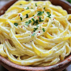 - 300g fettuccine pasta - 4 tablespoons olive oil - 6 cloves garlic, minced - 1 cup heavy cream - 1/2 cup grated Parmesan cheese For this creamy garlic pasta, I always start with fettuccine. Its wide, flat shape holds the sauce well. I use high-quality olive oil. It adds flavor and richness. Fresh garlic is key for that strong, aromatic taste. I like using six cloves to make it pop. Heavy cream gives the dish its creamy texture. Lastly, I add freshly grated Parmesan cheese for a salty, nutty flavor. - 1/2 teaspoon red pepper flakes - Salt and pepper, to taste - Fresh parsley, chopped (for garnish) I sometimes sprinkle red pepper flakes for a little heat. Salt and pepper help balance the flavors. Fresh parsley adds a nice pop of color and brightness. These optional ingredients elevate the dish but are not necessary. If you want to stick to the basics, the main ingredients shine just fine. First, bring a large pot of salted water to a boil. This step is key for flavor. Once the water is bubbling, add 300g of fettuccine pasta. Cook according to the package instructions until it is al dente. This usually takes about 8-10 minutes. Be sure to taste it before draining. When the pasta is ready, reserve 1/2 cup of the cooking water to use later. After that, drain the pasta in a colander. Next, heat 4 tablespoons of olive oil in a large skillet over medium heat. Once hot, add 6 cloves of minced garlic. Sauté the garlic for 1-2 minutes. You want it to be fragrant and light golden, but not burned. Burning the garlic can make it taste bitter. After that, lower the heat to medium-low. Pour in 1 cup of heavy cream and stir to combine. Let it simmer for 2-3 minutes. This step helps thicken the sauce. Gradually add 1/2 cup of grated Parmesan cheese, stirring continuously. This will make your sauce creamy and rich. If the sauce is too thick, add a bit of the reserved pasta water. Now, it’s time to combine! Add the drained fettuccine to the skillet with the sauce. Toss the pasta well to coat it evenly. This ensures every piece is covered in that delicious creamy garlic sauce. If you find the sauce too thick, you can adjust the consistency by adding more reserved pasta water. Season the dish with red pepper flakes, salt, and pepper to taste. Serve immediately, and remember, a sprinkle of fresh parsley on top adds a nice touch. Enjoy this creamy garlic pasta delight! To make your creamy garlic pasta shine, use salt and pepper well. Taste as you go. A squeeze of fresh lemon juice adds bright flavor. It cuts through the creamy sauce and livens it up. Do not burn the garlic. When garlic turns brown, it gets bitter. Sauté it over medium heat for just 1-2 minutes. This keeps the garlic sweet and fragrant. Pasta water is key for your sauce. It has starch that helps the sauce cling to the pasta. Always save some before draining. Pair your pasta with a fresh salad or garlic bread. These sides add crunch and flavor. For garnishes, sprinkle fresh parsley on top. You can also add extra Parmesan for a cheesy touch. Enjoy your delicious meal! {{image_2}} You can add protein to your creamy garlic pasta for a heartier meal. Popular choices include chicken, shrimp, or tofu. - Chicken: Cook bite-sized chicken pieces in the skillet before adding garlic. Sauté until golden for flavor. - Shrimp: Add shrimp right after the garlic. Cook until they turn pink and firm. - Tofu: For a plant-based option, use firm tofu. Cube it and sauté until golden before adding garlic. These methods help blend the protein into the dish smoothly. If you're looking for different pasta options, there are many to try. You can use penne, spaghetti, or even whole wheat pasta. - Dairy-free: Try coconut cream or cashew cream for a creamy base. - Gluten-free: Use rice noodles or gluten-free pasta for a safe choice. These alternatives let everyone enjoy a tasty meal. Changing spices and herbs can make your dish unique. You can swap garlic for shallots or add fresh herbs like basil. - Spinach: Toss in fresh spinach during the last minute of cooking for a healthy boost. - Mushrooms: Sauté sliced mushrooms with garlic to add depth to the flavor. These tweaks allow you to create your perfect creamy garlic pasta. For the complete experience, check the Full Recipe. To keep your creamy garlic pasta fresh, store it in an airtight container. This helps keep out air and moisture. You can place it in the fridge right after it cools. Properly stored, it lasts about 3 to 4 days. If you notice any strange smells or colors, it’s best to toss it. To freeze creamy garlic pasta, first let it cool completely. Then, pack it into freezer-safe bags or containers. Remove as much air as possible to prevent freezer burn. It can stay in the freezer for up to 2 months. When you’re ready to eat, thaw it in the fridge overnight. For reheating, warm it in a skillet over low heat. Add a splash of cream or reserved pasta water to keep it creamy. Stir often until it's heated through. Enjoy your delicious meal again! For the full recipe, check out the steps above. To make creamy garlic pasta from scratch, follow these steps based on the full recipe. First, boil a large pot of salted water. Cook 300g of fettuccine pasta until al dente. Reserve 1/2 cup of the pasta water, then drain the pasta. In a large skillet, heat 4 tablespoons of olive oil over medium heat. Add 6 minced garlic cloves and sauté for 1-2 minutes until fragrant. Lower the heat and pour in 1 cup of heavy cream. Stir for 2-3 minutes. Gradually add 1/2 cup of grated Parmesan cheese, stirring until it melts. If the sauce is thick, add some reserved pasta water. Season with salt, pepper, and 1/2 teaspoon of red pepper flakes. Toss in the pasta and coat well. Serve right away, topped with fresh parsley. Yes, you can use low-fat cream. It will change the texture a bit. The sauce may not be as rich and creamy. You might need to add more cheese to get a good taste. Alternatively, you can try using Greek yogurt. It adds creaminess but gives a tangy flavor. Adjust the cooking time and heat to avoid curdling. Always taste as you go to ensure it stays delicious. Creamy garlic pasta pairs well with many side dishes. Here are some ideas: - Garlic bread: Soak up the sauce with crispy bread. - Caesar salad: A fresh salad adds crunch and balance. - Roasted vegetables: Try broccoli, asparagus, or bell peppers. - Grilled chicken or shrimp: Protein boosts the meal's heartiness. - Simple green salad: A light salad keeps the meal fresh. These sides enhance the flavors and make the meal more satisfying. Creamy garlic pasta is easy and tasty. We covered key ingredients, like fettuccine and garlic. I shared step-by-step instructions to make a rich sauce. You learned how to enhance flavor with simple tips. Variations let you customize with proteins and veggies. Store leftovers safely, so nothing goes to waste. Enjoy making this dish, and feel free to get creative. It’s a meal that you can make your own. Happy cooking!