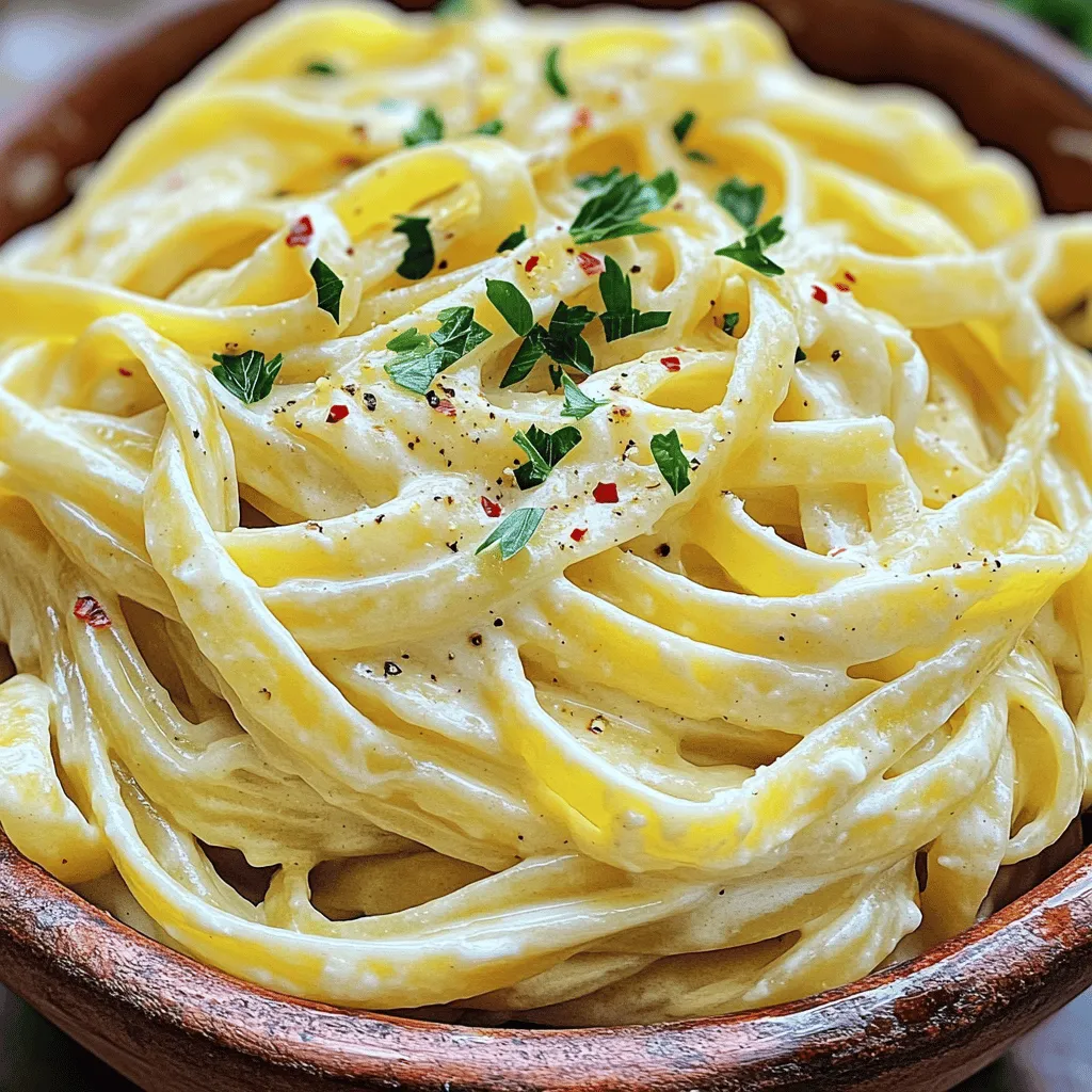 - 300g fettuccine pasta - 4 tablespoons olive oil - 6 cloves garlic, minced - 1 cup heavy cream - 1/2 cup grated Parmesan cheese For this creamy garlic pasta, I always start with fettuccine. Its wide, flat shape holds the sauce well. I use high-quality olive oil. It adds flavor and richness. Fresh garlic is key for that strong, aromatic taste. I like using six cloves to make it pop. Heavy cream gives the dish its creamy texture. Lastly, I add freshly grated Parmesan cheese for a salty, nutty flavor. - 1/2 teaspoon red pepper flakes - Salt and pepper, to taste - Fresh parsley, chopped (for garnish) I sometimes sprinkle red pepper flakes for a little heat. Salt and pepper help balance the flavors. Fresh parsley adds a nice pop of color and brightness. These optional ingredients elevate the dish but are not necessary. If you want to stick to the basics, the main ingredients shine just fine. First, bring a large pot of salted water to a boil. This step is key for flavor. Once the water is bubbling, add 300g of fettuccine pasta. Cook according to the package instructions until it is al dente. This usually takes about 8-10 minutes. Be sure to taste it before draining. When the pasta is ready, reserve 1/2 cup of the cooking water to use later. After that, drain the pasta in a colander. Next, heat 4 tablespoons of olive oil in a large skillet over medium heat. Once hot, add 6 cloves of minced garlic. Sauté the garlic for 1-2 minutes. You want it to be fragrant and light golden, but not burned. Burning the garlic can make it taste bitter. After that, lower the heat to medium-low. Pour in 1 cup of heavy cream and stir to combine. Let it simmer for 2-3 minutes. This step helps thicken the sauce. Gradually add 1/2 cup of grated Parmesan cheese, stirring continuously. This will make your sauce creamy and rich. If the sauce is too thick, add a bit of the reserved pasta water. Now, it’s time to combine! Add the drained fettuccine to the skillet with the sauce. Toss the pasta well to coat it evenly. This ensures every piece is covered in that delicious creamy garlic sauce. If you find the sauce too thick, you can adjust the consistency by adding more reserved pasta water. Season the dish with red pepper flakes, salt, and pepper to taste. Serve immediately, and remember, a sprinkle of fresh parsley on top adds a nice touch. Enjoy this creamy garlic pasta delight! To make your creamy garlic pasta shine, use salt and pepper well. Taste as you go. A squeeze of fresh lemon juice adds bright flavor. It cuts through the creamy sauce and livens it up. Do not burn the garlic. When garlic turns brown, it gets bitter. Sauté it over medium heat for just 1-2 minutes. This keeps the garlic sweet and fragrant. Pasta water is key for your sauce. It has starch that helps the sauce cling to the pasta. Always save some before draining. Pair your pasta with a fresh salad or garlic bread. These sides add crunch and flavor. For garnishes, sprinkle fresh parsley on top. You can also add extra Parmesan for a cheesy touch. Enjoy your delicious meal! {{image_2}} You can add protein to your creamy garlic pasta for a heartier meal. Popular choices include chicken, shrimp, or tofu. - Chicken: Cook bite-sized chicken pieces in the skillet before adding garlic. Sauté until golden for flavor. - Shrimp: Add shrimp right after the garlic. Cook until they turn pink and firm. - Tofu: For a plant-based option, use firm tofu. Cube it and sauté until golden before adding garlic. These methods help blend the protein into the dish smoothly. If you're looking for different pasta options, there are many to try. You can use penne, spaghetti, or even whole wheat pasta. - Dairy-free: Try coconut cream or cashew cream for a creamy base. - Gluten-free: Use rice noodles or gluten-free pasta for a safe choice. These alternatives let everyone enjoy a tasty meal. Changing spices and herbs can make your dish unique. You can swap garlic for shallots or add fresh herbs like basil. - Spinach: Toss in fresh spinach during the last minute of cooking for a healthy boost. - Mushrooms: Sauté sliced mushrooms with garlic to add depth to the flavor. These tweaks allow you to create your perfect creamy garlic pasta. For the complete experience, check the Full Recipe. To keep your creamy garlic pasta fresh, store it in an airtight container. This helps keep out air and moisture. You can place it in the fridge right after it cools. Properly stored, it lasts about 3 to 4 days. If you notice any strange smells or colors, it’s best to toss it. To freeze creamy garlic pasta, first let it cool completely. Then, pack it into freezer-safe bags or containers. Remove as much air as possible to prevent freezer burn. It can stay in the freezer for up to 2 months. When you’re ready to eat, thaw it in the fridge overnight. For reheating, warm it in a skillet over low heat. Add a splash of cream or reserved pasta water to keep it creamy. Stir often until it's heated through. Enjoy your delicious meal again! For the full recipe, check out the steps above. To make creamy garlic pasta from scratch, follow these steps based on the full recipe. First, boil a large pot of salted water. Cook 300g of fettuccine pasta until al dente. Reserve 1/2 cup of the pasta water, then drain the pasta. In a large skillet, heat 4 tablespoons of olive oil over medium heat. Add 6 minced garlic cloves and sauté for 1-2 minutes until fragrant. Lower the heat and pour in 1 cup of heavy cream. Stir for 2-3 minutes. Gradually add 1/2 cup of grated Parmesan cheese, stirring until it melts. If the sauce is thick, add some reserved pasta water. Season with salt, pepper, and 1/2 teaspoon of red pepper flakes. Toss in the pasta and coat well. Serve right away, topped with fresh parsley. Yes, you can use low-fat cream. It will change the texture a bit. The sauce may not be as rich and creamy. You might need to add more cheese to get a good taste. Alternatively, you can try using Greek yogurt. It adds creaminess but gives a tangy flavor. Adjust the cooking time and heat to avoid curdling. Always taste as you go to ensure it stays delicious. Creamy garlic pasta pairs well with many side dishes. Here are some ideas: - Garlic bread: Soak up the sauce with crispy bread. - Caesar salad: A fresh salad adds crunch and balance. - Roasted vegetables: Try broccoli, asparagus, or bell peppers. - Grilled chicken or shrimp: Protein boosts the meal's heartiness. - Simple green salad: A light salad keeps the meal fresh. These sides enhance the flavors and make the meal more satisfying. Creamy garlic pasta is easy and tasty. We covered key ingredients, like fettuccine and garlic. I shared step-by-step instructions to make a rich sauce. You learned how to enhance flavor with simple tips. Variations let you customize with proteins and veggies. Store leftovers safely, so nothing goes to waste. Enjoy making this dish, and feel free to get creative. It’s a meal that you can make your own. Happy cooking!