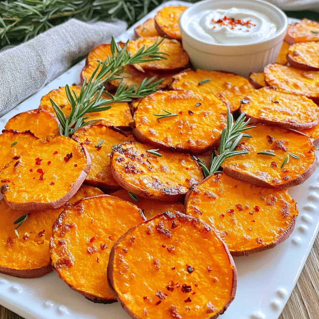 - 2 large sweet potatoes, sliced into 1/4 inch rounds - 3 tablespoons olive oil - 1 teaspoon garlic powder - 1 teaspoon smoked paprika - 1/2 teaspoon ground cumin - 1/2 teaspoon salt - 1/4 teaspoon black pepper - 1 tablespoon fresh rosemary, finely chopped (or 1 teaspoon dried) - Optional: A sprinkle of chili flakes for a kick - Baking sheet - Parchment paper - Mixing bowl - Try serving with yogurt or avocado dip for a tasty combo. - Pair crispy sweet potato rounds with grilled chicken or fish for a complete meal. When I whip up crispy sweet potato rounds, I love using these ingredients. Each one adds a unique flavor. The sweet potatoes bring a natural sweetness. Olive oil helps achieve that golden crisp. Garlic powder and smoked paprika give a savory kick. Cumin adds warmth, while rosemary brings a fresh touch. If you like spice, chili flakes are a fun option! For my cooking setup, I always grab a baking sheet and line it with parchment paper. This step keeps the rounds from sticking and makes cleanup easy. A mixing bowl is key for tossing the sweet potatoes with the marinade. This ensures every round gets coated in those bold flavors. When serving, I like to present the rounds on a large platter. A sprinkle of fresh rosemary on top makes them look great. You can also add a small bowl of dip for fun. It makes sharing easy and delicious! For a side dish, these rounds pair well with grilled meats or salads. They add color and flavor to any meal. Check out the Full Recipe for more tips and methods to enjoy these tasty rounds! - Preheat the oven to 425°F (220°C). - Prepare the baking sheet with parchment paper. Start by preheating your oven. A hot oven helps the sweet potatoes get crispy. Next, line the baking sheet with parchment paper. This step keeps the sweet potatoes from sticking and makes cleanup easy. - Combine ingredients for marinade. - Toss sweet potatoes in the marinade. In a large bowl, mix together the olive oil, garlic powder, smoked paprika, ground cumin, salt, black pepper, and chopped rosemary. Stir well to create a tasty marinade. Once mixed, add the sweet potato rounds to the bowl. Toss them gently until every piece is coated with the marinade. This step adds flavor and helps in crisping. - Arrange sweet potatoes on the baking sheet. - Baking time and flipping suggestions. Lay the sweet potato rounds in a single layer on the prepared baking sheet. Make sure they do not touch. This space allows hot air to circulate, giving you that perfect crisp. Bake them for 25-30 minutes. Halfway through, flip the rounds for even cooking. You want them golden brown and tender. If you like a little spice, sprinkle some chili flakes on top during the last 5 minutes. To get crispy sweet potato rounds, slicing is key. Aim for 1/4-inch thick slices. This size helps them cook evenly and crisp up nicely. Use a sharp knife for clean edges. Spacing matters too. Arrange the sweet potato rounds on the baking sheet with space in between. This allows hot air to circulate, making them crispy. If they touch, they will steam instead of crisp. To amp up the flavor, try different seasonings. Garlic powder and smoked paprika are great starters. Fresh herbs like rosemary add a nice touch. You can also play with spices like cumin or even chili flakes for heat. Mixing flavors can create unique tastes. Try adding a dash of cinnamon for sweetness or a squeeze of lime for brightness. Get creative! One big mistake is overcrowding the baking sheet. When rounds are too close, they won’t crisp up. This leads to soggy sweet potatoes. Another mistake is not flipping the rounds. Turning them halfway through baking ensures even cooking. It helps both sides get that perfect golden brown. For the full recipe and more tips, check out the [Full Recipe]. Enjoy your crispy sweet potato rounds! {{image_2}} Air fryer instructions Using an air fryer is a great option! Preheat it to 400°F (200°C). Place the sweet potato rounds in a single layer in the basket. Cook for about 15-20 minutes. Shake the basket halfway through to ensure even cooking. You’ll get that perfect crispiness without all the oil. Pan-frying tips You can also pan-fry these rounds. Heat a skillet over medium heat and add a tablespoon of olive oil. Once hot, add the sweet potato rounds in a single layer. Cook for about 4-5 minutes on each side. Make sure to check for a golden brown color. It’s a quick way to enjoy crispy sweet potatoes! Gluten-free options This recipe is naturally gluten-free! All the ingredients work well for those avoiding gluten. Just ensure that your seasonings and any dips you choose are gluten-free as well. Spicing up with different seasoning blends You can mix and match spices to suit your taste. Try adding curry powder for a twist or Italian herbs for a new flavor. A pinch of cinnamon can sweeten the rounds even more. Get creative and find your favorites! Incorporating into salads Crispy sweet potato rounds add a tasty crunch to salads. Toss them in with greens, nuts, and a light vinaigrette. They bring color and flavor to any salad dish. Using as a side dish for grilling These rounds make a perfect side for grilled meats or veggies. Serve them alongside your favorite grilled chicken or steak. They complement the smoky flavors beautifully. For the full recipe, check the main section above. Enjoy your cooking! To keep your crispy sweet potato rounds fresh, use these simple steps: - Refrigeration tips: Place leftovers in an airtight container. Store them in the fridge for up to 3 days. Make sure they cool down before sealing to avoid moisture build-up. - Freezing instructions: For longer storage, freeze them. Lay the rounds in a single layer on a baking sheet. Once frozen, transfer them to a freezer bag. They can last for up to 2 months. To enjoy your sweet potato rounds again, reheating properly is key. - Best practices for keeping them crispy: Use the oven or air fryer. This method helps regain that crispy texture. Preheat your oven to 400°F (200°C) and bake for about 10 minutes. For air fryers, cook at 350°F (175°C) for 5-7 minutes. - Microwave vs. oven reheating: Microwaving is quick but may leave them soggy. If you're in a hurry, use the microwave for 30 seconds to 1 minute, then crisp them up in the oven. Knowing how long your sweet potato rounds last is important. - Timeframes for taste and texture retention: In the fridge, they stay good for about 3 days. If frozen, they remain tasty for up to 2 months. After that, they may lose their flavor and texture. Enjoy them fresh for the best experience! You can make crispy sweet potato rounds using an air fryer. Set your air fryer to 400°F (200°C). Toss the sweet potato rounds in oil and spices, just like you would for the oven. Place them in a single layer in the air fryer basket. Cook for about 15-20 minutes, flipping halfway for even crispiness. You can also pan-fry them. Heat a skillet over medium heat with a little oil. Cook the rounds for about 5-7 minutes per side until they are golden and crispy. Yes, you can use different types of sweet potatoes like purple or white. Each type has its own flavor and texture. Purple sweet potatoes are sweeter and have a creamier texture. White sweet potatoes are milder in taste, making them versatile. These variations can add a fun twist to your crispy rounds. Just keep in mind that cooking times may vary slightly based on thickness and moisture content. There are many great dips to pair with your crispy sweet potato rounds. Here are some popular options: - Yogurt-based dips add a cool contrast. - Avocado dip gives a creamy texture. - Spicy mayo adds heat and richness. - Honey or maple syrup can enhance the sweetness. Try mixing and matching to find your favorite combination! Peeling sweet potatoes is optional. The skin is nutritious and adds fiber. If you like the texture and color, keep the skin on. It also helps the rounds hold their shape during cooking. If you prefer a smoother texture, peeling is a good choice. Just make sure to wash them thoroughly to remove any dirt. You can make crispy sweet potato rounds with simple steps and ingredients. We covered key tips, from baking methods to flavor upgrades. With the right tools and techniques, you can achieve great results. Remember to space your sweet potatoes well and don’t skip the flipping step. Enjoy these tasty rounds as a snack or side. With endless serving ideas and flavor variations, they fit any meal. Try them and explore how you can make this dish your own!