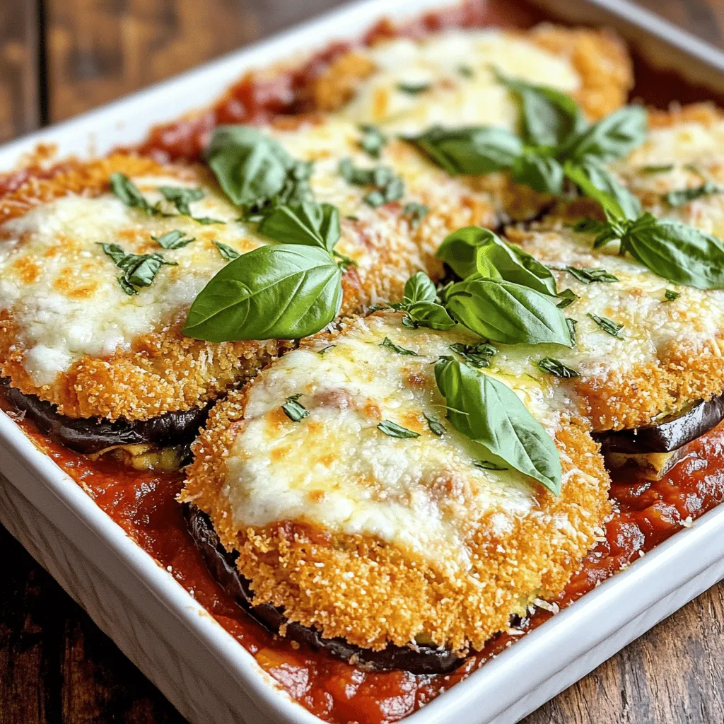 To create a delicious Baked Eggplant Parmesan, you need these simple ingredients: - 2 large eggplants, sliced into ½-inch rounds - 1 teaspoon salt - 1 cup all-purpose flour - 2 large eggs, beaten - 1 ½ cups breadcrumbs (preferably Italian seasoned) - 2 cups marinara sauce (homemade or store-bought) - 2 cups shredded mozzarella cheese - 1 cup grated Parmesan cheese - 1 tablespoon dried oregano - 1 tablespoon fresh basil, chopped (or 1 teaspoon dried basil) - Olive oil spray or ¼ cup olive oil for drizzling - Fresh basil leaves for garnish (optional) These ingredients come together to create layers of flavor. The eggplant adds a tender, meaty texture. The marinara sauce brings a bright, tangy taste. Mozzarella melts beautifully, while Parmesan adds a salty kick. Fresh herbs like basil and oregano enhance the dish's aroma and flavor. For the best results, use fresh eggplants. Look for firm, shiny skin. This will give you a great taste and texture. As you gather these items, think about how they will blend together. Each one plays a role in making this meal a flavorful cheesy delight. You can find the full recipe to guide you step by step in preparing this dish. Enjoy the process and the tasty results! First, slice the eggplants into ½-inch rounds. This size helps them cook evenly. Next, sprinkle the slices with salt. The salt will pull out moisture and bitterness. Let them sit in a colander for about 30 minutes. This step is key for great flavor. After 30 minutes, rinse the eggplant slices under cold water. Make sure to wash off all the salt. Then, pat them dry with paper towels. This keeps the breading from getting soggy. Now, let’s set up our breading station. You need three shallow dishes. One dish holds all-purpose flour, another has beaten eggs, and the last one holds breadcrumbs. Grab some Italian-seasoned breadcrumbs for extra flavor. To coat the eggplant, first dredge each slice in flour. Shake off any extra flour. Then, dip it into the beaten eggs, letting any excess drip off. Finally, coat it with breadcrumbs. Make sure each slice is well covered. For frying, heat olive oil in a large skillet over medium heat. If you prefer, use an olive oil spray instead. The oil should shimmer when it's ready. Fry each breaded eggplant slice for about 3-4 minutes on each side. You want them to be golden brown. Avoid overcrowding the skillet. After frying, place the slices on paper towels. This helps drain any excess oil, making them less greasy. Grab a large baking dish to start layering. Spread a thin layer of marinara sauce on the bottom. Then, add half of the fried eggplant slices in a single layer. Sprinkle half of the mozzarella and Parmesan cheeses over the eggplant. Don’t forget to add some oregano and basil for flavor! Repeat this layering process with the remaining ingredients. Finish with a final layer of sauce and a generous topping of mozzarella and Parmesan cheese. Cover your baking dish with aluminum foil. This helps the dish cook evenly. Bake it in the preheated oven for 25 minutes. After that, remove the foil for the last 15 minutes. This step allows the cheese to bubble and brown nicely. You want it to look golden and delicious when done. Once it's out of the oven, let the dish sit for about 10 minutes. This waiting time helps the layers set. For serving, slice the eggplant parmesan onto individual plates. Drizzle a bit of marinara sauce on top. Garnish with fresh basil leaves for a pop of color. This dish not only tastes good but looks great too! For the full recipe, be sure to check the link above. To make great baked eggplant parmesan, you need the best eggplants. Choose eggplants that feel firm and heavy. Look for smooth skin with no blemishes. This means they are fresh and tasty. To reduce bitterness, slice the eggplant and sprinkle salt on it. Let the slices sit for 30 minutes. The salt draws out moisture and bitterness. Rinse the slices well and pat them dry. This step is key for a sweeter taste. For the breading, you can try different types of breadcrumbs. Panko breadcrumbs give a nice crunch. You can also use whole wheat breadcrumbs for a healthier option. To ensure the breading sticks, set up a breading station. Use three shallow dishes: one for flour, one for eggs, and one for breadcrumbs. Dredge the slices in flour first. Shake off any extra flour before dipping in the eggs. Then, coat with breadcrumbs, pressing lightly to help them stick. Cheese is what makes baked eggplant parmesan so rich and creamy. You can mix cheeses for more flavor. Try adding provolone or fontina for a twist. For a richer flavor, use a mix of fresh mozzarella and aged Parmesan. Fresh mozzarella melts well, while aged Parmesan adds a sharp taste. Don’t be shy to pile on the cheese! A generous layer on top will melt beautifully and create a delicious crust. {{image_2}} You can switch up baked eggplant parmesan by using other veggies. Zucchini works well here. Simply slice it the same way as eggplant. You can also add spinach or mushrooms to your layers. These veggies add flavor and nutrition. They blend nicely with cheese and marinara. Experiment with your favorite vegetables for a tasty twist. If you need a gluten-free option, don't worry! You can use gluten-free breadcrumbs instead of regular ones. Many brands offer delicious choices. For breading, try almond flour or coconut flour. These alternatives give a nice crunch and flavor. This way, you can enjoy baked eggplant parmesan without the gluten. For a low-carb take, skip the breading altogether. Just use sliced eggplant, and layer it with cheese and sauce. You can also look for marinara substitutes. Try using crushed tomatoes or a creamy sauce. These options keep the dish tasty while cutting down on carbs. Enjoy your healthier version without losing flavor. After enjoying your baked eggplant parmesan, store leftovers in an airtight container. This keeps it fresh and tasty. Let the dish cool down to room temperature before sealing it. I recommend using glass containers for easy reheating. They do not absorb any odors. You can freeze baked eggplant parmesan before cooking. Just layer it in a freezer-safe dish and cover it tightly. When ready to cook, thaw it in the fridge overnight. If you want to freeze after cooking, let it cool completely. Wrap it well in plastic wrap and then in foil. It can last up to three months. To reheat, use the oven for the best texture. Preheat it to 350°F (175°C) and cover the dish with foil to prevent drying. Heat for about 20 minutes or until hot. If you want to avoid sogginess, skip the microwave. It can make the layers mushy. Enjoy your delicious leftovers! Salting the eggplant is key to remove bitterness. Here’s how to do it: - Slice the eggplant into ½-inch rounds. - Sprinkle salt on both sides of the slices. - Let them sit in a colander for 30 minutes. - Rinse the slices under cold water. - Pat them dry with paper towels. This method draws out moisture and bitterness, making the eggplant taste sweeter. Yes, you can prepare Baked Eggplant Parmesan ahead. Here’s how: - Salt and rinse the eggplant as mentioned above. - Bread the slices and fry them. - Layer them with sauce and cheese in a baking dish. - Cover and refrigerate for up to 24 hours. - Bake it when ready. This saves time on busy days while keeping the dish fresh. Check for these signs: - The eggplant slices should feel tender when pierced with a fork. - The cheese on top should be bubbling and golden brown. - The layers should hold together when you cut into them. These indicators mean your dish is ready to enjoy! Absolutely! Here are some great store brands: - Rao's Homemade Marinara is rich and flavorful. - Classico offers a good variety of flavors. - Prego has a classic taste that many enjoy. Using store-bought sauce saves time while still delivering great taste. Pair it with these delicious sides: - A fresh green salad with lemon vinaigrette. - Garlic bread or crusty Italian bread for dipping. - Steamed vegetables like broccoli or green beans. These sides complement the rich flavors of the eggplant parmesan beautifully. In this blog post, I shared how to make Baked Eggplant Parmesan. You learned about the key ingredients, step-by-step instructions, and helpful tips. I also covered variations for different diets and how to store and reheat your leftovers. Enjoying this dish can bring comfort and joy to your meal. With these instructions, you can create a tasty experience that satisfies your cravings. Give it a try, and impress your friends and family!