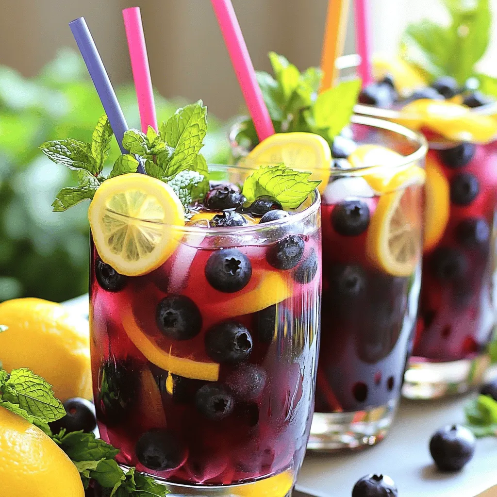 - 4 cups water - 3 tablespoons loose black tea (or 3 teabags) - 1 cup fresh blueberries - 1/2 cup fresh lemon juice (about 4-5 lemons) - 1/4 cup honey or agave syrup (adjust to taste) - Lemon slices for garnish - Fresh mint leaves for garnish Look for blueberries that are plump and firm. The color should be deep blue with a light white bloom. Avoid any that are shriveled or have green spots. Fresh blueberries add a burst of flavor and color. Choose lemons that feel heavy for their size. Their skin should be bright and smooth. Avoid any that are soft or have blemishes. Fresh lemon juice brightens the drink and balances the sweetness. If you prefer, use natural sweeteners like maple syrup or stevia. Adjust the amount based on your taste. A little goes a long way! Sweetness can change the drink from tart to refreshing. I love to share this Blueberry Lemon Iced Tea recipe because it's simple and fun. You can find the Full Recipe above for a complete guide. Water temperature is key to brewing the best iced tea. Use fresh, cold water for the best flavor. You want to bring 4 cups of water to a rolling boil. This means big bubbles and lots of steam. When boiling, remove the pot from the heat. This step is simple but crucial. Tips for boiling water on the stove: - Use a medium saucepan for even heating. - Keep an eye on the pot to prevent overflow. - Turn on the vent to avoid steam buildup in your kitchen. Now, let's steep the tea. This is where the magic happens. I recommend steeping the tea for 5-7 minutes. This time gives you a rich flavor without bitterness. Use either loose black tea or tea bags based on your taste. Tips for steeping: - If you prefer a stronger tea, steep for the full 7 minutes. - For a milder flavor, check after 5 minutes. - Loose tea gives a richer taste but requires a strainer. Next, we prepare the blueberry mixture. Take 1 cup of fresh blueberries and place them in a bowl. Use a fork or muddler to mash them gently. This releases their juices. Add honey or agave syrup to the blueberries. This sweetens the mixture and balances the tartness. Techniques for mashing blueberries: - Press down gently to avoid splatter. - You can also use a potato masher for a smoother mix. - Adjust the sweetener to your taste. After steeping, it’s time to combine everything. Strain the tea into a heatproof pitcher. Discard the tea leaves or bags. Then, add the mashed blueberry mixture and 1/2 cup of fresh lemon juice. Stir well to mix the flavors. Tips for mixing: - Use a whisk for a thorough blend. - Make sure to break up any clumps of blueberries. - Taste and adjust sweetness if needed. Cooling the iced tea is the final step. Allow it to cool to room temperature first. Then, refrigerate for 1-2 hours until chilled. This step ensures a refreshing drink. Best practices for cooling iced tea: - Don't rush; let it cool naturally for the best flavor. - Serve over ice to keep it cold longer. - Garnish with lemon slices and fresh mint leaves for a pop of color. For a full recipe, check out the instructions above. Enjoy your Blueberry Lemon Iced Tea! To make the best iced tea, you can change the steeping time. If you like a stronger flavor, steep your tea longer. A shorter steeping time gives a milder taste. Aim for 5-7 minutes for a balanced brew. Bitterness can ruin a good iced tea. To prevent this, don’t over-steep your tea. Remove the tea bags right when the time is up. You can also add a pinch of salt. It helps balance the flavors. Herbs can add a fun twist to your iced tea. Try adding mint or basil for a fresh taste. Just muddle the herbs with the blueberries. This releases their oils and flavors. You can also mix in other fruits. Try strawberries or peaches for a new flavor. Mix and match to find your favorite combination. It’s a great way to use seasonal fruits. Using decorative glasses makes your drink look special. Clear glasses showcase the vibrant color of your iced tea. You can also use fun straws for a playful touch. Garnishing your drink adds a nice finish. Use lemon slices and fresh mint leaves. You can even freeze some blueberries and use them as ice cubes. This keeps your drink cold and looks pretty too. {{image_2}} You can change the tea base to give your iced tea a new twist. Try using green tea or herbal tea instead of black tea. Green tea adds a light, fresh taste. Herbal tea can add unique flavors. For a smooth flavor, cold brew is another option. To cold brew, steep tea in cold water for about 4-6 hours. This method gives a gentle flavor and less bitterness. If you're looking for different sweeteners, many options exist. You can use maple syrup, coconut sugar, or stevia. These natural sweeteners can change the flavor profile. Adjust the amounts to fit your taste. Start with a small amount, then add more if needed. This way, you control how sweet your drink will be. Incorporating seasonal fruits can boost the flavor. In summer, try adding peaches or strawberries. In winter, citrus fruits like oranges or grapefruits add a fresh kick. Mixing these fruits with blueberries can create fun flavor combinations. Experiment with what you have on hand. Each season can inspire a new variation of this refreshing drink. For the full recipe, check out the Blueberry Lemon Bliss Iced Tea 🫐. How long can you store iced tea? You can keep blueberry lemon iced tea in the fridge for about 3 to 5 days. This gives you time to enjoy the refreshing flavor. What are ideal storage containers? Use a glass or plastic pitcher with a lid. This helps keep the tea fresh and prevents it from absorbing other smells in the fridge. How do you freeze iced tea? To freeze your iced tea, pour it into ice cube trays. Once frozen, these cubes can chill future drinks quickly. You can also store the tea in freezer-safe containers. Just leave some space at the top for expansion. Using ice cubes for a quick chill is a fun way to enjoy your iced tea. Add a few blueberry lemon ice cubes to your glass. This keeps your drink cool without watering it down. How can you tell when iced tea has gone bad? If your iced tea develops a strange smell or taste, it's time to toss it. Also, if you see mold or unusual cloudiness, do not drink it. What are the best practices to maintain freshness? Keep your iced tea covered in the fridge. This helps prevent exposure to air and light. Also, try to store it in a cool spot away from direct sunlight. To make cold brew blueberry lemon iced tea, follow these steps: 1. Combine Ingredients: In a large pitcher, mix 4 cups of cold water with 3 tablespoons of loose black tea or 3 tea bags. 2. Add Blueberries: Add 1 cup of fresh blueberries, lightly crushed to release juices. 3. Incorporate Lemon: Squeeze in 1/2 cup of fresh lemon juice. 4. Sweeten: Add 1/4 cup of honey or agave syrup, adjusting to your taste. 5. Steep: Cover the pitcher and refrigerate for 8 to 12 hours. 6. Strain and Serve: Strain the tea into glasses filled with ice. Enjoy! Yes, you can use frozen blueberries. They are often more convenient and can help chill the tea faster. However, frozen blueberries may not be as flavorful as fresh ones. They can also make the tea slightly cloudy. If you decide to use frozen blueberries, ensure they are all natural and unsweetened. Blueberries are rich in vitamins C and K, and they are high in antioxidants. These nutrients can boost your immune system and improve heart health. Lemons provide vitamin C, aid digestion, and can help with hydration. Together, they make a refreshing and healthy drink. You can find blueberry lemon iced tea at grocery stores, specialty tea shops, and health food stores. Many online retailers also sell the ingredients to make it at home. Look for brands that offer quality loose tea or tea bags. The best way to sweeten iced tea is by using honey, agave syrup, or simple syrup. These sweeteners dissolve easily in cold tea. You can also use sugar, but it may take longer to dissolve. Start with a small amount, then taste and adjust. To adjust tartness, you can add more sweetener. If the tea is too sweet, add more lemon juice for a citrus kick. Another option is to add more blueberries for a sweeter, fruity flavor. Taste as you go to find your perfect balance. Making Blueberry Lemon Iced Tea is simple and fun. You learned about key ingredients like loose black tea, fresh blueberries, and lemon juice. I shared step-by-step instructions for boiling water, steeping tea, and making the perfect mix. Tips helped you enhance flavors and avoid bitterness. You can also explore variations with other teas and fruits. Enjoy your tasty iced tea today! Experiment to find your favorite version.