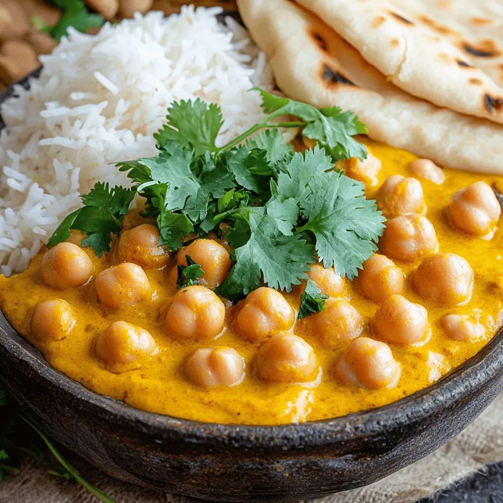 - 2 cans (15 oz each) chickpeas, drained and rinsed - 1 large onion, finely chopped - 3 cloves garlic, minced - 1 tablespoon ginger, minced - 2 tablespoons olive oil - 1 can (15 oz) diced tomatoes - 1 cup coconut milk - 2 tablespoons garam masala - 1 teaspoon turmeric powder - 1 teaspoon cumin powder - 1 teaspoon coriander powder - 1 tablespoon lemon juice - Fresh cilantro, chopped (for garnish) - Salt and pepper to taste Chickpea Tikka Masala is packed with flavor and nutrition. The chickpeas are the star here. They add protein and texture. I always use canned chickpeas for quick prep. Just rinse and drain them well. The onion, garlic, and ginger create a base that smells amazing. Olive oil helps sauté them, bringing out their sweetness. Next, diced tomatoes and coconut milk join the mix. They add richness and creaminess. The spices are key: garam masala gives warmth, while turmeric, cumin, and coriander offer depth. Don't forget the lemon juice at the end. It brightens the whole dish. Garnish with fresh cilantro for a pop of color. Salt and pepper enhance all the flavors. This simple list of ingredients makes a delightful dish that is sure to please everyone. If you want the full details on how to make it, check out the Full Recipe. - Step 1: Heat olive oil and sauté onions. In a large skillet, pour in the olive oil and set your heat to medium. Add the finely chopped onion. Cook it until it turns soft and clear. This step takes about five minutes. - Step 2: Add garlic and ginger. Once the onions are ready, stir in the minced garlic and ginger. Let them cook for one to two minutes. This will fill your kitchen with a lovely aroma. - Step 3: Combine chickpeas with onion mixture. Now, it’s time to add the chickpeas. Pour in the drained and rinsed chickpeas. Stir them into the onion mix. Let them cook for about two to three minutes. - Step 4: Add spices and cook. Next, sprinkle in the garam masala, turmeric, cumin, and coriander. Mix everything well. Let the spices coat the chickpeas. Cook for another two minutes to let the flavors blend. - Step 5: Mix in tomatoes and coconut milk. Pour in the diced tomatoes and coconut milk. Stir well to combine all the ingredients. This will bring a creamy texture to your dish. - Step 6: Simmer the mixture. Bring your mixture to a gentle simmer. Let it cook for fifteen to twenty minutes. Stir occasionally to make sure it doesn’t stick. This allows all the flavors to come together perfectly. You can follow these steps easily to make a delicious Chickpea Tikka Masala. For more details, check the Full Recipe. - Use fresh ingredients for the best flavor. Fresh ingredients make your Chickpea Tikka Masala taste vibrant and lively. Always choose ripe tomatoes and fresh herbs. - Adjust spice levels to taste. If you like it mild, cut back on the spices. For heat, add more chili or cayenne pepper to suit your taste. - Suggested cooking utensils. A large skillet or pot works best. A wooden spoon helps mix everything well. Use a sharp knife for chopping onions and garlic. - Best accompaniments like rice or naan. Serve your Chickpea Tikka Masala with warm basmati rice or soft naan bread. Both soak up the delicious sauce perfectly. - Garnishing options to enhance presentation. Fresh cilantro brightens the dish. You can also add a squeeze of lemon for a zesty touch. A dollop of yogurt gives a creamy finish. For the complete recipe, check the [Full Recipe]. Enjoy your cooking adventure! {{image_2}} You can easily switch up the beans in this dish. Try using black beans or lentils. Both will add great taste and protein. If you want a creamier texture, you can use cashew cream instead of coconut milk. It gives a rich flavor that pairs well with spices. If you like heat, add more chili. You can use fresh green chilies or red pepper flakes. This will make your Chickpea Tikka Masala extra spicy. For a boost in nutrition, toss in some vegetables. Spinach, bell peppers, or peas work great. They add color, texture, and vitamins to your meal. You can easily adjust the dish to fit your tastes. Enjoy exploring these fun variations! For the full recipe, check here. To store leftover Chickpea Tikka Masala, let it cool completely. Then, transfer it to an airtight container. This helps keep it fresh. Store it in the fridge for up to 4 days. Make sure to label the container with the date. When reheating, use a pot on the stove for the best flavor. Heat it slowly over medium heat. Stir often to stop it from sticking. You can add a splash of water or coconut milk if it gets too thick. This keeps the creamy texture intact. You could also use the microwave. Place it in a microwave-safe bowl and cover it. Heat it in short bursts, stirring between each. Enjoy your vibrant Chickpea Tikka Masala warm! For the full recipe, check out the complete guide. You can enjoy Chickpea Tikka Masala with various sides. Rice is a classic choice. It soaks up the sauce well. Naan bread adds a nice touch too. You might also like to add a simple salad. A refreshing cucumber salad can balance the dish nicely. Yes, you can freeze Chickpea Tikka Masala. Store it in an airtight container. It stays fresh for about three months. Thaw it in the fridge overnight before reheating. This dish tastes great even after freezing! To make it spicier, add more garam masala or chili powder. You can also stir in fresh chopped green chilies. Another option is to use spicy diced tomatoes. Start with a small amount and taste as you go. Yes, Chickpea Tikka Masala is gluten-free. Use gluten-free naan if you want bread on the side. Always check labels on canned ingredients to be safe. Tikka Masala likely comes from India or the UK. Many believe it was created by Indian chefs in Britain. It combines Indian and British flavors, making it unique. This dish has become popular worldwide. For the complete Chickpea Tikka Masala recipe, check out the [Full Recipe]. This blog shared a simple Chickpea Tikka Masala recipe. You learned what ingredients to use and how to prepare them. I included tips for storage and serving. You can also change flavors or ingredients to fit your taste. In conclusion, this dish is easy to make and full of flavor. Enjoy it with rice or naan for a complete meal. It’s a great option for any time you want a tasty vegan dish. Try making it for your next meal!