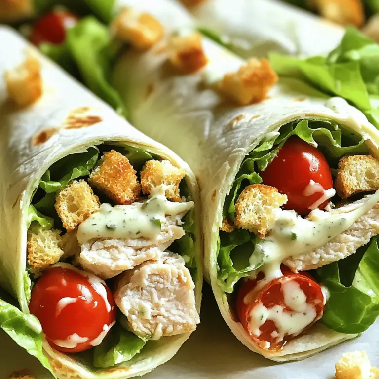 To make easy chicken Caesar wraps, you need a few key items. Gather these ingredients for a quick meal. - 2 cups cooked chicken breast, diced - 4 large flour tortillas - 1 cup romaine lettuce, chopped - 1/2 cup Parmesan cheese, grated - 1/2 cup Caesar dressing - 1/4 cup cherry tomatoes, halved - Salt and pepper to taste - Optional: croutons for added crunch Each ingredient plays a role in the flavor. The cooked chicken gives protein. The tortillas hold everything together. Romaine lettuce adds crispness. Parmesan cheese brings a nice salty taste. Caesar dressing ties it all up with creamy goodness. Cherry tomatoes add a pop of color and sweetness. Salt and pepper help enhance the taste. You can choose croutons if you want extra crunch in your wrap. For the full recipe, check out the Easy Chicken Caesar Wraps section. - In a large bowl, combine the diced chicken, chopped romaine lettuce, grated Parmesan cheese, and halved cherry tomatoes. Make sure everything is mixed well. - Next, drizzle the Caesar dressing over the mixture. Toss gently until all the ingredients are coated. Add salt and pepper to taste. This step is key to flavor. - Now, take a flour tortilla. Place a good amount of the chicken mixture in the center. Don't be shy; you want it nice and full. - If you like some crunch, sprinkle croutons over the chicken mixture. This adds a nice texture to your wrap. - To roll the wrap, fold the sides in first. Then, roll the bottom upwards. This keeps all the yummy filling inside. - Repeat this with the rest of the tortillas and filling. You can make four wraps with this recipe. - Serve these wraps right away. Or, if you need to, wrap them in foil for a tasty lunch on the go. - For a great look, cut each wrap in half. This shows off the colorful filling inside. - Serve with a small dish of extra Caesar dressing for dipping. It adds extra flavor and makes it fun to eat. These Easy Chicken Caesar Wraps are not just quick; they are also packed with taste. Enjoy your meal with friends or family! - Pre-cooked chicken options: I love using rotisserie chicken. It's tender and full of flavor. You can grab it from the store. Just shred or dice it for your wraps. It saves cooking time and adds a nice taste. - Efficient chopping methods: To chop veggies fast, stack your lettuce leaves. Roll them up tightly. Then, slice across for quick, even pieces. Use a sharp knife to make it easier and safer. - Adding spices or herbs: For extra flavor, try adding garlic powder or Italian herbs. A pinch of paprika can add a nice kick. Fresh herbs like basil or parsley also brighten up the wraps. - Suggested dressings: While Caesar dressing is classic, you can mix it up. Try ranch or Greek yogurt dressing for a different taste. A light vinaigrette can also work well for a fresh twist. Remember, you can find the Full Recipe to get all the details you need for these wraps! {{image_2}} You can make easy chicken Caesar wraps even better for you. First, try a different tortilla. Whole wheat or spinach wraps add fiber and nutrients. They can taste great too! Next, swap regular Caesar dressing for a low-fat version. This change cuts calories but keeps the flavor strong. To mix things up, think about adding different proteins. Shrimp or grilled steak can give your wraps a new twist. If you're looking for vegetarian or vegan options, use chickpeas or tofu. These options still give you that tasty, hearty feel. You can also add extra veggies, like bell peppers or cucumbers, for color and crunch. Each variation keeps meals exciting and fun! For a full recipe, check out the Easy Chicken Caesar Wraps section. To keep your Easy Chicken Caesar Wraps fresh, use airtight containers. Glass or plastic containers work great. Make sure the wraps are cool before sealing them. This helps prevent sogginess. Store them in the fridge for up to three days. If you want to keep them longer, consider wrapping each one in foil. This way, they stay safe and tasty. When you’re ready to enjoy your wraps, you can reheat them in several ways. The oven is best for even heating. Preheat it to 350°F (175°C). Place the wraps on a baking sheet and cover with foil. Heat for about 10-15 minutes. You can also use a microwave for a quick option. Just remove the foil and heat for 30 seconds. Check if they’re warm enough and add more time if needed. To keep wraps fresh, avoid reheating more than once. Enjoy them right after cooking for the best taste. If you have extra filling, store it separately. This helps you create fresh wraps later! For the full recipe, check the link above. Can I use rotisserie chicken? Yes, rotisserie chicken works great! It saves time and adds flavor. Just shred or chop it before mixing. How long do the wraps last in the fridge? The wraps last about three days in the fridge. Store them in an airtight container. Can I freeze Chicken Caesar Wraps? You can freeze them, but they may lose some crunch. Wrap each one tightly in foil or plastic wrap. What are some side dishes that go well with these wraps? These wraps pair well with fruit salad, chips, or a light soup. You can also serve them with a side of extra Caesar dressing for dipping. For the full recipe, check out the details for Easy Chicken Caesar Wraps! This blog post covered how to make easy Chicken Caesar Wraps. We explored tasty ingredients, preparation steps, and serving tips. I shared ideas for storage and reheating too. You learned quick ways to save time and enhance flavors. Now, you can enjoy delicious wraps at home. Get creative with variations to match your taste. These wraps are simple, satisfying, and can delight anyone. Enjoy your cooking and the tasty results!