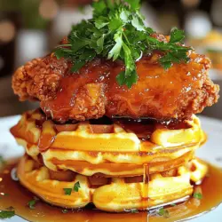 - Chicken: 2 boneless, skinless chicken breasts - Coating: 1 cup all-purpose flour, 1 teaspoon baking powder, paprika, garlic powder, salt, pepper - Waffles: 4 ready-made waffles (or homemade if preferred) - Honey and maple syrup for drizzling - Fresh parsley for garnish - Additional spices like cayenne pepper for a kick Using fresh ingredients makes a big difference. I love using boneless chicken breasts because they cook evenly and are easy to handle. The coating is simple but full of flavor. I mix flour with baking powder and spices like paprika and garlic powder. This blend gives the chicken a tasty crunch. For the waffles, you can choose ready-made or make your own. Ready-made waffles save time. If you want to try homemade, I recommend a simple recipe that uses flour, eggs, and milk. Don't forget the optional ingredients! Honey and maple syrup add a sweet touch. Fresh parsley not only looks nice but adds a fresh taste. You can also switch up the spices to match your taste. For the full recipe, check out the details above. Enjoy creating this easy chicken and waffles dish! Marinating chicken in buttermilk is key for great flavor. Buttermilk helps to tenderize the meat while adding moisture. This makes the chicken juicy and tasty. For the best results, marinate the chicken for at least 1 hour. If you have time, let it sit overnight. This gives the flavors a chance to seep in deep. Now, let’s make the breading. In a shallow dish, combine these dry ingredients: - 1 cup all-purpose flour - 1 teaspoon baking powder - 1 teaspoon paprika - 1/2 teaspoon garlic powder - 1/2 teaspoon cayenne pepper - Salt and pepper to taste Mix well so that all the spices blend together. This mixture will give your chicken a crispy, flavorful crust when fried. Frying the chicken requires some care. Heat about 1/2 inch of oil in a large skillet over medium-high heat. You want the oil hot but not smoking. This usually takes a few minutes. Carefully place the chicken in the hot oil. Fry each piece for about 5-7 minutes per side. The chicken should turn golden brown and be cooked through. To check if it is done, use a meat thermometer. The internal temperature should reach 165°F. Once cooked, remove the chicken and place it on paper towels to drain excess oil. With these steps, you'll be on your way to making delicious chicken and waffles. For the full recipe, check the main section of this article! To fry chicken well, heat the oil to the right temperature. Use a deep skillet and add enough oil to cover the chicken partly. This helps cook it evenly and gives a nice brown color. Keep the heat steady; too high can burn the outside while leaving the inside raw. If you notice oil splattering, lower the heat. This keeps the kitchen cleaner and helps the chicken fry evenly. If you use frozen waffles, toast them in a toaster or oven until crisp. This helps them hold their shape and add a nice crunch. For a special touch, you can make homemade waffles. A quick recipe uses flour, baking powder, eggs, and milk. Just mix and cook in a waffle maker for fresh, warm waffles. Make your dish look great for serving. Stack the fried chicken on top of a warm waffle. Drizzle honey and maple syrup around it for a beautiful finish. You can also add fresh fruit like berries or slices of banana for color and taste. A sprinkle of fresh parsley on top adds a pop of green and enhances the dish's appeal. This simple act makes your meal inviting and tasty. {{image_2}} You can change the taste of your chicken with spices. Here are some ideas: - Paprika: Adds color and a mild kick. - Cajun seasoning: Gives a nice heat with herbs. - Italian herbs: Mix in dried oregano or basil for a fresh twist. - Lemon zest: Brightens the flavor with a citrus note. You can also switch up the breading. Instead of regular flour, try: - Panko bread crumbs: These make a crispier coating. - Cornmeal: Adds texture and a unique taste. Waffles can be sweet or savory. Sweet waffles pair well with syrup and honey. Try adding vanilla or cinnamon to the batter. For savory waffles, consider: - Cheddar cheese: Mix into the batter for a cheesy treat. - Herbs: Add fresh herbs for a savory kick. If you need gluten-free options, try: - Almond flour waffles: They are tasty and healthy. - Protein-packed waffles: Use oats or chickpea flour for extra protein. Syrup is a classic topping. You can also try: - Honey: A sweet touch that works well with fried chicken. - Berry compote: Adds a fruity flavor. For those who like savory, consider: - Fried eggs: Placing an egg on top makes it extra special. - Hot sauce: A drizzle can add heat and flavor. These variations let you create your perfect chicken and waffles dish. For the full recipe, check the Full Recipe section. To keep your chicken and waffles tasty, store them right. First, let the food cool down. This step helps prevent sogginess. Next, place the chicken and waffles in separate, airtight containers. Using a glass or plastic container works well. You want to keep the chicken crispy and the waffles soft. Make sure to eat your leftovers within three days. If you need to keep them longer, freeze the chicken and waffles. Wrap them tightly in plastic wrap, then in foil. This method helps avoid freezer burn and keeps the taste fresh. When it's time to eat your leftovers, reheating them properly is key. For the best results, use an oven or an air fryer. Preheat your oven to 375°F. Place the chicken on a baking sheet and cover it with foil. This step keeps the chicken moist. Heat for about 10-15 minutes until warmed through. For the waffles, pop them in the toaster or oven for a few minutes. This method helps them regain their crispiness. If you use the microwave, be quick. Heat the waffles for just 15-20 seconds to avoid sogginess. Enjoy your warmed chicken and waffles with a drizzle of honey or syrup for that fresh taste. Yes, you can use frozen chicken. Just remember to thaw it first. Thawing takes time, so plan ahead. You can leave it in the fridge overnight for best results. If you forget, you can use the microwave on the defrost setting. When using frozen chicken, add a few extra minutes to the cooking time. Make sure the internal temperature is 165°F to be safe. Great sides include fresh fruit, coleslaw, or crispy bacon. Fresh fruit adds a nice, light touch. You can choose strawberries, blueberries, or even a fruit salad. Coleslaw gives a nice crunch and balances the sweetness. Crispy bacon adds a salty flavor that pairs well with the sweet and savory chicken and waffles. To add heat to the chicken, mix more cayenne pepper into the breading. You can also use spicy seasonings like chili powder or hot sauce. If you want extra kick, try marinating the chicken in hot sauce along with the buttermilk. This adds flavor and spice right to the meat. A little heat can really enhance the overall taste of the dish. This blog post covered all you need for delicious chicken and waffles. We discussed essential ingredients, from marinated chicken to the perfect waffle. I shared tips for frying and presented various flavor variations. Storage and reheating methods help maintain quality. Enjoy crafting your unique dish with fun twists that suit your taste!