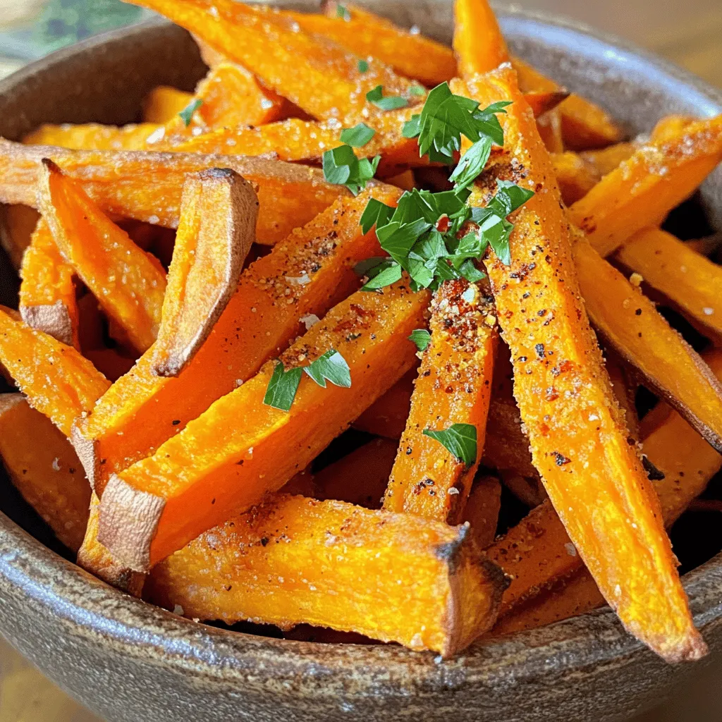 - 2 large sweet potatoes, peeled and cut into fries - 2 tablespoons olive oil - 1 teaspoon paprika - 1 teaspoon garlic powder - ½ teaspoon cayenne pepper (optional for spice) - Salt and pepper to taste - Fresh parsley, chopped (for garnish) You can add more flavor to your fries. Try some of these: - 1 teaspoon onion powder - 1 teaspoon cumin - 1 tablespoon nutritional yeast for a cheesy taste - A pinch of cinnamon for a sweet twist For this recipe, you will need: - A baking sheet - Parchment paper (for easy cleanup) - A large mixing bowl - A small bowl for spices - A sharp knife for cutting the sweet potatoes Start by peeling the sweet potatoes. Then, cut them into fries. Aim for uniform sizes to cook evenly. I like them about half an inch thick. This size helps them get crispy. Once cut, place the fries in a bowl of cold water. Soaking them for 30 minutes removes excess starch. This step is key for crispiness. After soaking, drain the fries and pat them dry. This will help the oil stick. In a large bowl, toss the fries with olive oil. You want each fry to be coated well. In a separate bowl, mix paprika, garlic powder, cayenne pepper, salt, and pepper. This blend adds flavor and a little heat. Sprinkle this mixture over the fries. Toss again until every fry is evenly coated. This seasoning makes them tasty! For the best crisp, use a baking sheet lined with parchment paper. Spread the fries out in a single layer. Avoid overcrowding; this keeps them from steaming. Bake the fries in a preheated oven at 425°F (220°C). Flip them halfway through cooking. This ensures they brown on all sides. Bake for 20-25 minutes. Keep an eye on them at the end to prevent burning. When golden and crispy, they are ready to enjoy. When picking sweet potatoes, look for firm and smooth skins. Avoid any that feel soft or have dark spots. The best sweet potatoes are bright orange inside. They have a sweet and rich flavor that shines in fries. If you can, select medium-sized potatoes for even cooking. Larger ones can be tough and may not cook well. Cutting sweet potatoes into uniform sizes is key. Aim for fries about 1/4 inch thick. This helps them cook evenly. If some fries are thicker, they will take longer to cook. Thinner fries might burn, leading to uneven results. By making all the pieces the same size, you get perfect fries every time. One common mistake is overcrowding the baking sheet. If fries touch, they will steam instead of bake. This makes them soft rather than crisp. Another mistake is not using enough oil. A light coat of oil helps them get that golden outside. Finally, don’t skip the flipping step. Flipping fries halfway through baking ensures they brown evenly. Follow these tips for the best results with your Baked Sweet Potato Fries. For the full recipe, check out the detailed steps above. {{image_2}} You can change the flavor of your sweet potato fries easily. Try adding different seasonings. Here are some ideas: - Cinnamon and brown sugar for a sweet treat. - Cumin and chili powder for a warm, earthy vibe. - Italian herbs like oregano and basil for a fresh twist. These options will make your fries exciting and fun to eat. Don't be afraid to mix and match! If you want a change from fries, try sweet potato wedges. Cut the sweet potatoes into thick wedges instead of fries. They will take a bit longer to cook, about 30-35 minutes. This method gives you a soft inside and a crispy outside. You can season them the same way as fries. Wedges are great for dipping! Using an air fryer is a quick and easy way to make sweet potato fries. It gives you a crispy finish with less oil. Just toss the fries with olive oil and seasonings as usual. Place them in the air fryer basket in a single layer. Cook at 400°F (200°C) for about 15-20 minutes. Shake the basket halfway through for even cooking. This method keeps your fries light and crispy! For more details, check the full recipe. To store leftover fries, let them cool completely. Once cool, place them in an airtight container. Make sure to separate layers with parchment paper to keep them from sticking together. Store the container in the fridge for up to three days. To reheat your fries and keep them crispy, use an oven or an air fryer. Preheat your oven to 400°F (200°C). Spread the fries in a single layer on a baking sheet. Bake for about 10 minutes, flipping halfway. If using an air fryer, set it to 375°F (190°C) and cook for 5-7 minutes. This helps revive their crispiness. You can freeze baked sweet potato fries for later use. First, let them cool completely. Spread the fries on a baking sheet in a single layer. Freeze them for about one hour until solid. Then, transfer the fries to a freezer bag. Remove as much air as possible and seal it tightly. They can last in the freezer for up to three months. When ready to eat, bake from frozen for a quick snack! To make baked sweet potato fries crispy, you need to follow a few key steps. First, cut the sweet potatoes into uniform sizes. This helps them cook evenly. Next, toss the fries in olive oil. The oil adds fat, which helps with crispiness. After that, don’t overcrowd the baking sheet. Space allows hot air to circulate. Use a high oven temperature, around 425°F (220°C). Finally, flip the fries halfway through baking. This ensures all sides get that golden crunch. Sweet potato fries pair well with many tasty dips. Here are some of my favorites: - Honey mustard: This sweet and tangy sauce complements the fries well. - Ranch dressing: Creamy and rich, ranch adds a nice touch. - Spicy mayo: Mix mayo with sriracha for a kick. - Chipotle aioli: This smoky sauce enhances the sweet flavor. - Ketchup: A classic choice that never goes out of style. Feel free to experiment with other sauces you love! Yes, sweet potato fries are generally healthier than regular fries. Sweet potatoes have more fiber and vitamins. They are rich in vitamin A, which is good for your vision. They also have a lower glycemic index, which means they can help control blood sugar levels. However, keep in mind that frying or heavy seasoning can add calories. Baking, like in the Full Recipe, keeps them healthier. Enjoy your fries guilt-free! This article covered how to make tasty sweet potato fries. We discussed the key ingredients and gave helpful tips. You learned how to prep, coat, and bake for crispiness. We also explored fun seasoning options and ways to store leftovers. Making sweet potato fries is easy and fulfilling. With practice, you can master this dish and impress your friends! Enjoy experimenting with different flavors and enjoy every bite of your crunchy fries.