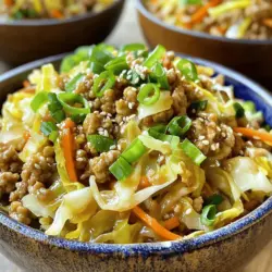- 1 lb ground chicken or turkey - 1 tbsp sesame oil - 1 small onion, diced - 3 cloves garlic, minced - 1-inch piece ginger, grated For this dish, ground chicken or turkey gives a nice protein boost. I prefer ground chicken for its mild flavor. The sesame oil adds a lovely nutty taste that enhances the dish. Onions, garlic, and ginger build a great flavor base. - 2 cups green cabbage, shredded - 1 cup carrots, shredded - 1/2 cup shiitake or button mushrooms, diced Green cabbage provides crunch and freshness. Carrots add sweetness and color. Mushrooms bring umami and a hearty texture. Together, they create a colorful mix that makes this dish pop. - 1/4 cup low-sodium soy sauce - 1 tbsp rice vinegar - 1 tsp sugar - 1/4 tsp red pepper flakes (optional for heat) - Salt and pepper to taste Low-sodium soy sauce keeps the dish savory without being too salty. Rice vinegar adds a bit of tang. A sprinkle of sugar balances the flavors. Red pepper flakes can give a nice kick, but adjust to your taste. Season with salt and pepper for the perfect finish. For the full recipe, check out the detailed instructions. Enjoy creating this simple and tasty meal! To start, I heat sesame oil in a large skillet over medium heat. This oil gives the dish a nice nutty flavor. I add the diced onion and sauté it for about 2-3 minutes. The onion should start to soften and smell good. Next, I stir in minced garlic and grated ginger. I cook these for an additional 1-2 minutes. The aroma is amazing and makes the base taste even better. After that, I increase the heat to medium-high. I add the ground chicken or turkey. It’s important to break it apart with a spatula. I cook the meat until it’s no longer pink, which takes about 5-7 minutes. Now it’s time to add some color and crunch! I mix in shredded cabbage, carrots, and diced mushrooms. I stir everything well to combine. I sauté this mix for about 5 minutes. I cook it until the vegetables are tender but still crisp. This step makes the dish hearty and healthy. In a small bowl, I whisk together the soy sauce, rice vinegar, sugar, and, if desired, red pepper flakes. This sauce adds depth and flavor to the dish. I pour it over the cooked mixture in the skillet. Next, I stir everything together and let it cook for another 2-3 minutes. This helps the flavors meld perfectly. Finally, I season with salt and pepper to taste. It’s crucial to taste your dish and adjust the seasoning if needed. I remove the skillet from heat and serve the dish right away. For a nice touch, I garnish it with sliced green onions. For the full recipe, check the earlier section! - Use a large skillet for good heat distribution. - Heat the sesame oil well before adding ingredients. - Sauté onions until soft, about 2-3 minutes. - Stir in garlic and ginger for rich flavor. - Break apart the meat while cooking for even texture. - Keep stirring vegetables for even cooking. - Serve in bowls for a cozy feel. - Top with sliced green onions for color. - Sprinkle sesame seeds for extra crunch. - Pair with steamed rice for added fullness. - Try a side of soy sauce or hot sauce for dipping. - Don’t overcook vegetables; they should be tender, not mushy. - Taste as you cook to avoid underseasoning. - Avoid overcrowding the skillet; it can steam instead of sauté. - Use fresh ingredients for the best flavor. - Adjust soy sauce to your taste; balance is key. {{image_2}} For a vegetarian twist, you can swap out the meat. Instead of ground chicken or turkey, use tofu or tempeh. Tofu absorbs flavors well. Press it to remove excess water, then cube it. Tempeh has a nutty taste and adds protein. It can be crumbled or sliced. Both options keep the dish filling and delicious. If you follow a keto diet, focus on low-carb swaps. Use zucchini noodles instead of rice for a lighter base. You can also add more green vegetables, like broccoli or bell peppers. Keep track of your carb count with an app. This helps you stay within your daily limit while enjoying your meal. To change up the flavor, try spicy or sweet options. For a spicy kick, add more red pepper flakes or a splash of hot sauce. If you prefer sweet and tangy, mix in a bit of pineapple or sweet chili sauce. These tweaks give your egg roll in a bowl a fun twist. Enjoy experimenting with flavors! Store your Egg Roll in a Bowl in an airtight container. This keeps it fresh and safe. Make sure it cools down before sealing. You can keep it in the fridge for up to four days. If you want to enjoy it later, divide it into smaller portions. This makes it easy to reheat. To freeze your Egg Roll in a Bowl, let it cool first. Place it in a freezer-safe container. You can use plastic bags too. Squeeze out the air to avoid freezer burn. It stays fresh for up to three months. When you are ready to eat, thaw it overnight in the fridge. You can reheat your dish in different ways. The microwave is quick and easy. Heat it in 1-minute intervals, stirring in between. If you want a crisp texture, use a skillet. Heat it on medium until warm. Add a splash of water to create steam. This keeps it moist and tasty. Enjoy your meal just like it was fresh! Egg Roll in a Bowl stays fresh in the fridge for about 3 to 4 days. To keep it safe, store it in an airtight container. This helps prevent moisture loss and keeps flavors intact. Before serving leftovers, check for any signs of spoilage. If it looks or smells off, it’s best to toss it. Yes, you can make Egg Roll in a Bowl ahead of time. Cook it completely and let it cool. Once cool, transfer it to a container. You can store it in the fridge for later meals. This is great for meal prep or busy weeknights. Just reheat it on the stove or in the microwave before serving. If you want to swap out ground chicken or turkey, try ground beef or pork for a richer taste. You can also use plant-based meat or tofu for a vegetarian option. If you prefer, tempeh works well too, adding texture and protein. These substitutions will still give you a tasty Egg Roll in a Bowl. This blog post shared how to make a tasty Egg Roll in a Bowl. We covered key ingredients like ground chicken, sesame oil, and fresh veggies. You learned clear steps for cooking and seasoning, along with useful tips to make it great. We also explored different variations and how to store leftovers. Enjoy making this dish at home. It’s simple and fun. Plus, the flavors are sure to impress!