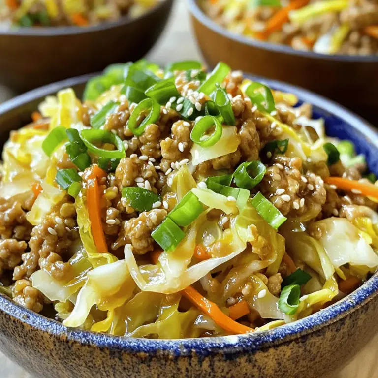 - 1 lb ground chicken or turkey - 1 tbsp sesame oil - 1 small onion, diced - 3 cloves garlic, minced - 1-inch piece ginger, grated For this dish, ground chicken or turkey gives a nice protein boost. I prefer ground chicken for its mild flavor. The sesame oil adds a lovely nutty taste that enhances the dish. Onions, garlic, and ginger build a great flavor base. - 2 cups green cabbage, shredded - 1 cup carrots, shredded - 1/2 cup shiitake or button mushrooms, diced Green cabbage provides crunch and freshness. Carrots add sweetness and color. Mushrooms bring umami and a hearty texture. Together, they create a colorful mix that makes this dish pop. - 1/4 cup low-sodium soy sauce - 1 tbsp rice vinegar - 1 tsp sugar - 1/4 tsp red pepper flakes (optional for heat) - Salt and pepper to taste Low-sodium soy sauce keeps the dish savory without being too salty. Rice vinegar adds a bit of tang. A sprinkle of sugar balances the flavors. Red pepper flakes can give a nice kick, but adjust to your taste. Season with salt and pepper for the perfect finish. For the full recipe, check out the detailed instructions. Enjoy creating this simple and tasty meal! To start, I heat sesame oil in a large skillet over medium heat. This oil gives the dish a nice nutty flavor. I add the diced onion and sauté it for about 2-3 minutes. The onion should start to soften and smell good. Next, I stir in minced garlic and grated ginger. I cook these for an additional 1-2 minutes. The aroma is amazing and makes the base taste even better. After that, I increase the heat to medium-high. I add the ground chicken or turkey. It’s important to break it apart with a spatula. I cook the meat until it’s no longer pink, which takes about 5-7 minutes. Now it’s time to add some color and crunch! I mix in shredded cabbage, carrots, and diced mushrooms. I stir everything well to combine. I sauté this mix for about 5 minutes. I cook it until the vegetables are tender but still crisp. This step makes the dish hearty and healthy. In a small bowl, I whisk together the soy sauce, rice vinegar, sugar, and, if desired, red pepper flakes. This sauce adds depth and flavor to the dish. I pour it over the cooked mixture in the skillet. Next, I stir everything together and let it cook for another 2-3 minutes. This helps the flavors meld perfectly. Finally, I season with salt and pepper to taste. It’s crucial to taste your dish and adjust the seasoning if needed. I remove the skillet from heat and serve the dish right away. For a nice touch, I garnish it with sliced green onions. For the full recipe, check the earlier section! - Use a large skillet for good heat distribution. - Heat the sesame oil well before adding ingredients. - Sauté onions until soft, about 2-3 minutes. - Stir in garlic and ginger for rich flavor. - Break apart the meat while cooking for even texture. - Keep stirring vegetables for even cooking. - Serve in bowls for a cozy feel. - Top with sliced green onions for color. - Sprinkle sesame seeds for extra crunch. - Pair with steamed rice for added fullness. - Try a side of soy sauce or hot sauce for dipping. - Don’t overcook vegetables; they should be tender, not mushy. - Taste as you cook to avoid underseasoning. - Avoid overcrowding the skillet; it can steam instead of sauté. - Use fresh ingredients for the best flavor. - Adjust soy sauce to your taste; balance is key. {{image_2}} For a vegetarian twist, you can swap out the meat. Instead of ground chicken or turkey, use tofu or tempeh. Tofu absorbs flavors well. Press it to remove excess water, then cube it. Tempeh has a nutty taste and adds protein. It can be crumbled or sliced. Both options keep the dish filling and delicious. If you follow a keto diet, focus on low-carb swaps. Use zucchini noodles instead of rice for a lighter base. You can also add more green vegetables, like broccoli or bell peppers. Keep track of your carb count with an app. This helps you stay within your daily limit while enjoying your meal. To change up the flavor, try spicy or sweet options. For a spicy kick, add more red pepper flakes or a splash of hot sauce. If you prefer sweet and tangy, mix in a bit of pineapple or sweet chili sauce. These tweaks give your egg roll in a bowl a fun twist. Enjoy experimenting with flavors! Store your Egg Roll in a Bowl in an airtight container. This keeps it fresh and safe. Make sure it cools down before sealing. You can keep it in the fridge for up to four days. If you want to enjoy it later, divide it into smaller portions. This makes it easy to reheat. To freeze your Egg Roll in a Bowl, let it cool first. Place it in a freezer-safe container. You can use plastic bags too. Squeeze out the air to avoid freezer burn. It stays fresh for up to three months. When you are ready to eat, thaw it overnight in the fridge. You can reheat your dish in different ways. The microwave is quick and easy. Heat it in 1-minute intervals, stirring in between. If you want a crisp texture, use a skillet. Heat it on medium until warm. Add a splash of water to create steam. This keeps it moist and tasty. Enjoy your meal just like it was fresh! Egg Roll in a Bowl stays fresh in the fridge for about 3 to 4 days. To keep it safe, store it in an airtight container. This helps prevent moisture loss and keeps flavors intact. Before serving leftovers, check for any signs of spoilage. If it looks or smells off, it’s best to toss it. Yes, you can make Egg Roll in a Bowl ahead of time. Cook it completely and let it cool. Once cool, transfer it to a container. You can store it in the fridge for later meals. This is great for meal prep or busy weeknights. Just reheat it on the stove or in the microwave before serving. If you want to swap out ground chicken or turkey, try ground beef or pork for a richer taste. You can also use plant-based meat or tofu for a vegetarian option. If you prefer, tempeh works well too, adding texture and protein. These substitutions will still give you a tasty Egg Roll in a Bowl. This blog post shared how to make a tasty Egg Roll in a Bowl. We covered key ingredients like ground chicken, sesame oil, and fresh veggies. You learned clear steps for cooking and seasoning, along with useful tips to make it great. We also explored different variations and how to store leftovers. Enjoy making this dish at home. It’s simple and fun. Plus, the flavors are sure to impress!