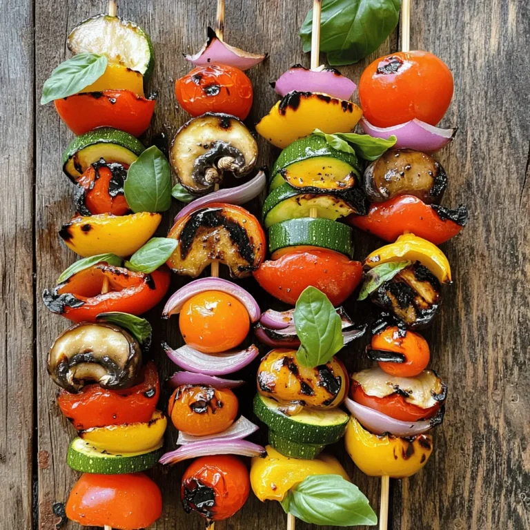 - Zucchini - Bell peppers - Red onion - Cherry tomatoes - Mushrooms When making grilled vegetable skewers, use fresh vegetables. Zucchini adds a nice crunch. Bell peppers give sweet flavor and color. Red onion brings a bit of sharpness. Cherry tomatoes add juiciness. Mushrooms provide a hearty texture. - Olive oil - Balsamic vinegar - Garlic powder - Dried oregano - Salt and pepper A good marinade makes a difference. Olive oil helps the veggies stay moist. Balsamic vinegar adds sweetness and tang. Garlic powder gives it a savory kick. Dried oregano offers a hint of earthiness. Salt and pepper enhance all the flavors. - Fresh basil - Other herbs and spices Garnishes can brighten your dish. Fresh basil adds a fragrant touch. You can use other herbs like parsley or thyme. Spices can also add extra flavor. Think about what you like! For the full recipe, check the recipe section above. To start, wash your vegetables well. For the zucchini, slice it into rounds about half an inch thick. Cut the bell pepper into bite-sized chunks. Chop the red onion into wedges, keeping them large enough to stay on the skewer. Cherry tomatoes can stay whole. For mushrooms, just cut them in half. Uniform sizes help them cook evenly. Try to keep all pieces about the same size. This way, each bite will have a mix of flavors and textures. Now, let's whisk together the marinade. In a bowl, combine two tablespoons of olive oil, one tablespoon of balsamic vinegar, one teaspoon of garlic powder, and one teaspoon of dried oregano. Add salt and pepper to taste. Mix until it’s well blended. Once your marinade is ready, pour it over the cut vegetables. Toss them gently to coat each piece. Let them marinate for at least 15 minutes. This will help the veggies soak up that tasty flavor. While your vegetables marinate, preheat your grill to medium-high heat. This is key for getting those nice grill marks. Next, take your skewers. Thread the marinated vegetables onto them. Alternate colors and types for a pretty look. This also helps with even cooking. When the grill is hot, place the skewers on it. Grill for about 10 to 12 minutes, turning them often. You want them to be tender and have a nice char. Once done, let the skewers rest for a couple of minutes. If you like, garnish with fresh basil. Now, you can enjoy these colorful grilled vegetable skewers! For the complete recipe, check out [Full Recipe]. For grilling vegetable skewers, the right temperature matters. Aim for medium-high heat, around 400°F (204°C). This heat allows the veggies to cook evenly and get nice grill marks. Check your grill with a hand test. Hold your hand above the grill; if you can hold it there for 5 seconds, it’s ready. Turning your skewers is key too. Rotate them every few minutes. This ensures even cooking and great char on all sides. You want all the veggies to have that perfect grilled flavor. Using different marinades can elevate your skewers. Try a mix of olive oil, balsamic vinegar, and spices. You can use garlic powder and dried oregano for a simple yet tasty base. Let your vegetables soak in the marinade for at least 15 minutes. This time allows the flavors to seep in. Herbs can add extra taste. Fresh basil, thyme, or rosemary work well. You can chop them finely and sprinkle on the skewers before grilling. This step will bring out more flavor in your veggies. Serving your grilled vegetable skewers can be fun and creative. Place them on a large platter for everyone to enjoy. You can alternate colors for a vibrant look. This adds to the visual appeal and makes the dish more inviting. For a nice touch, drizzle some balsamic glaze over the top. It gives a shiny finish and adds a sweet flavor. You can also sprinkle fresh herbs around the plate. These small details make your dish pop and look restaurant-quality. Try the Full Recipe for a delightful experience with these colorful grilled vegetable skewers! {{image_2}} You can use many seasonal veggies to change the flavor of your skewers. Try asparagus in spring or cherry tomatoes in summer. Fall brings great choices like sweet potatoes or Brussels sprouts. Each season offers new tastes and colors. You can also add fruits to your skewers. Pineapple and peaches taste sweet when grilled. They add a fun twist to your dish. Pairing fruits with veggies gives a nice mix of flavors. Explore Asian-inspired marinades for a unique flavor. Soy sauce, ginger, and sesame oil work well with veggies. This gives your skewers a tasty, bold profile. Mediterranean flavors are also great. Use olive oil, lemon juice, and herbs like thyme and rosemary. This adds a fresh and bright taste to your grilled veggies. You can choose between metal and wooden skewers. Metal skewers last longer and don’t burn. Wooden skewers need soaking in water to prevent burning on the grill. Try different skewer shapes for fun. Round skewers allow for easy turning. Flat skewers keep veggies from spinning. Get creative with your shapes and have fun grilling! For the full recipe, check out the detailed instructions. To store leftover grilled vegetable skewers, let them cool first. Place the skewers in an airtight container. This helps keep them fresh. You can also wrap them in plastic wrap or aluminum foil. For best results, store them in the fridge. Leftovers last about three days. When you want to enjoy the skewers again, reheating is key. The best method is to use a grill or stovetop. Heat the grill to medium-low. Place the skewers on for about 5 minutes. This method keeps them crispy. You can also use a microwave but be careful. The microwave can make the vegetables soggy. If you choose this method, use low power for a short time. Yes, you can freeze grilled vegetable skewers! First, let them cool completely. Wrap each skewer in plastic wrap. Then place them in a freezer bag. Squeeze out the air before sealing. This helps prevent freezer burn. When you want to eat them, take them out and thaw overnight in the fridge. Reheat them on the grill or stovetop for the best taste. To stop vegetables from sticking, start by preheating your grill. A hot grill helps create a nice sear. Here are best practices to follow: - Clean the grill grates before use. This removes any old food bits. - Apply oil to the grill grates. Use a paper towel or brush to spread a thin layer. - Lightly coat your vegetables with oil. This helps keep them moist and flavorful. By using these tips, your skewers will slide off easily and stay intact. Yes, you can cook grilled vegetable skewers in the oven. Here’s how to get those grilled flavors: - Preheat your oven to 400°F (200°C). - Place your skewers on a baking sheet lined with foil. - Use the broil setting for a few minutes at the end. This adds a nice char. This method gives you great taste, even without an outdoor grill. Pair your skewers with tasty dips. Here are some great options to try: - Hummus: Creamy and flavorful, it complements the veggies well. - Tzatziki: This cool yogurt dip adds a refreshing taste. - Chimichurri: A herby sauce that brings a zesty kick. These dips enhance the flavor of grilled vegetable skewers and make them even more enjoyable. Grilled vegetable skewers offer great flavor and nutrition. You learned about key ingredients, from fresh vegetables to marinades. The step-by-step guide helps you prepare, marinate, and grill delicious skewers. Remember to experiment with different veggies and marinades for variety and taste. Proper storage and reheating methods will keep leftovers enjoyable. With these tips, you can create tasty skewers every time. Enjoy your grilling journey and impress your friends and family with your skills!