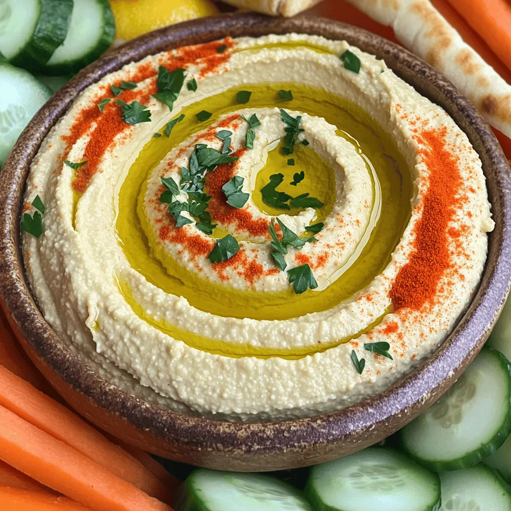 - 1 can (15 oz) chickpeas, drained and rinsed - 3 tablespoons tahini - 2 cloves garlic, minced - 2 tablespoons olive oil - Juice of 1 large lemon - 1/2 teaspoon ground cumin - Salt, to taste - 3-4 tablespoons cold water (as needed) - Paprika and chopped parsley for garnish - Additional herbs (e.g., parsley, cilantro) - Spices (e.g., smoked paprika, cayenne pepper) When making lemon garlic hummus, I always start with the main ingredients. The chickpeas provide a creamy base. Tahini adds a nutty flavor that pairs well with lemon. Garlic gives a nice kick, while olive oil smooths it out. The lemon juice brings brightness, and cumin warms the mix. Adding salt makes all the flavors pop. You can personalize your hummus with optional ingredients. Fresh herbs like parsley or cilantro can lift the flavor. Spices like smoked paprika or cayenne pepper can add depth or heat. Mix and match to find your favorite taste. You can find the full recipe for lemon garlic hummus above. Enjoy creating this tasty dip! To make lemon garlic hummus, follow these simple steps. 1. Combine chickpeas, tahini, garlic, and olive oil in a food processor. Start by adding one can of drained and rinsed chickpeas. Next, scoop in three tablespoons of tahini. Then, add two cloves of minced garlic. Lastly, pour in two tablespoons of olive oil. This mix gives the hummus its creamy base. 2. Add lemon juice and ground cumin. Squeeze in the juice of one large lemon. This will add brightness. Then, sprinkle in half a teaspoon of ground cumin for a warm flavor. 3. Blend until smooth, scrape sides, and season with salt. Blend the mixture for about 30 seconds. Stop to scrape down the sides of the bowl. Taste your hummus and add salt to your liking. This step ensures every bite is flavorful. 4. Adjust consistency with cold water as needed. If your hummus is too thick, add cold water. Start with one tablespoon at a time. Blend again until it reaches your desired texture. Creamy and smooth is the goal! 5. Transfer to a serving bowl and garnish. Once blended, spoon the hummus into your serving dish. Drizzle a bit of olive oil on top. Finally, sprinkle paprika and chopped parsley for a pop of color. This easy recipe makes a tasty dip for parties or snacks. For the full recipe, check the details above! To get the best hummus, blend until smooth. Use a food processor for easy mixing. If it feels thick, add cold water. Start with one tablespoon. Blend and check the texture. Keep adding water until it feels just right for you. Want to change the taste? Try adding roasted garlic. It gives a rich flavor that makes hummus special. You can also mix in herbs like basil or dill. These add fresh notes and make the dip even better. What to serve with your hummus? Pita bread is a classic choice. Fresh veggies like carrots and cucumbers are tasty too. Crackers also work well. Get creative! Use hummus as a spread on sandwiches or a topping for baked potatoes. It adds flavor to any dish. For the full recipe, check out the complete guide! {{image_2}} Lemon garlic hummus has a bright and zesty taste. The classic hummus is smooth and nutty. In the classic version, you mainly taste chickpeas and tahini. Lemon garlic adds a punch from the garlic and tang from the lemon. Both are delicious, but lemon garlic gives a fresh twist. - Roasted Red Pepper Hummus: This hummus is sweet and smoky. You blend roasted red peppers with chickpeas. It adds a new layer of flavor. - Spicy Harissa Hummus: If you like heat, this is for you. Harissa is a chili paste that spices things up. Mix it in for a fiery kick. - Avocado Hummus: Creamy and rich, avocado hummus is a twist on the classic. You blend ripe avocados with chickpeas. This makes it smooth and tasty. - Making it vegan-friendly: Good news! Hummus is already vegan. All the ingredients come from plants. You can enjoy it without worry. - Gluten-free pairing options: Hummus is gluten-free, making it great for everyone. Pair it with veggies or gluten-free crackers. Fresh pita bread is also a good choice. Check the label to make sure it's gluten-free. Try out these variations to keep your snacking exciting! For the full recipe, check the [Full Recipe]. To keep your lemon garlic hummus fresh, store it in an airtight container. This helps prevent drying out and keeps flavors intact. Always let it cool to room temperature before sealing. Glass containers work best, as they do not absorb odors. If you use plastic, choose BPA-free options to ensure safety. Lemon garlic hummus lasts about 5 to 7 days in the fridge. Make sure to check for any off smells or mold before eating. You can freeze hummus for up to three months. However, the texture may change slightly after thawing. When you're ready to enjoy your hummus again, simply let it sit at room temperature for about 30 minutes. You can also gently warm it in the microwave. Add a splash of olive oil or a bit of water for creaminess. Stir well before serving to bring back the smooth texture. For more details on the recipe, check out the Full Recipe. You can serve Lemon Garlic Hummus with many tasty options. Here are some popular pairings: - Fresh pita bread - Crunchy cucumber slices - Colorful carrot sticks - Bell pepper strips - Whole grain crackers - Celery sticks - Sliced radishes These pairings make a fun and healthy snack or appetizer. They add great colors and textures, making your plate look inviting. Yes, you can use dried chickpeas. Here’s how to prepare them: 1. Soak 1 cup of dried chickpeas in water overnight. 2. Drain and rinse the chickpeas. 3. Place them in a pot with 4 cups of water. 4. Boil for 1 to 1.5 hours until soft. 5. Drain and let them cool before using in the recipe. Using dried chickpeas gives a fresher taste and a firmer texture. You can easily change the garlic flavor in your hummus. To increase the garlic taste: - Add an extra clove of minced garlic. - Use roasted garlic for a sweeter flavor. To decrease the garlic taste: - Use less minced garlic. - Add more tahini or lemon juice to balance the flavor. These tips help you find the perfect garlic level for your taste buds. You can add a kick to your hummus with these suggestions: - Mix in a pinch of cayenne pepper. - Add chopped jalapeños for more heat. - Drizzle in some hot sauce to taste. These spicy options create a delightful twist to the classic flavor. You now know how to make delicious Lemon Garlic Hummus. We covered the main ingredients, detailed steps, and helpful tips for creamy texture. You can customize flavors with spices and herbs to suit your taste. Proper storage keeps your hummus fresh for longer. Finally, there are plenty of ways to enjoy hummus, from dips to spreads. Experiment and find your favorite version! Enjoy creating tasty dishes that everyone will love.
