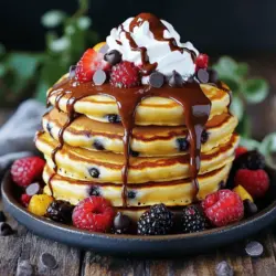 To make delicious chocolate chip pancakes, you need some basic ingredients. Here’s what you'll need: - 1 cup all-purpose flour - 2 tablespoons sugar - 1 tablespoon baking powder - 1/4 teaspoon salt - 1 cup milk (or any non-dairy milk) - 1 egg - 2 tablespoons melted butter (or coconut oil for a dairy-free option) - 1 teaspoon vanilla extract - 1/2 cup semi-sweet chocolate chips These ingredients work together to create a fluffy and tasty pancake. The flour gives it structure. The sugar adds sweetness. Baking powder makes it rise. The chocolate chips add a fun touch. You can make your pancakes even better with some tasty toppings. Here are some ideas: - Whipped cream - Fresh berries like strawberries or blueberries - Sliced bananas - Maple syrup - Nut butter These toppings bring new flavors and colors to your plate. They also make your pancakes look more inviting. If you have certain dietary needs, you can still enjoy these pancakes. Here are some easy swaps: - For gluten-free pancakes, use gluten-free flour instead of all-purpose flour. - Use a flax egg or chia egg if you want to skip the egg. - For a dairy-free option, select non-dairy milk and coconut oil. These substitutions let everyone enjoy chocolate chip pancakes. Just follow the full recipe, and you will have a great meal! First, gather your dry ingredients. You need: - 1 cup all-purpose flour - 2 tablespoons sugar - 1 tablespoon baking powder - 1/4 teaspoon salt In a mixing bowl, add the flour, sugar, baking powder, and salt. Whisk them together. Make sure they blend well. This step helps the pancakes rise and taste great. Now, let’s work on the wet ingredients. You need: - 1 cup milk (or any non-dairy milk) - 1 egg - 2 tablespoons melted butter (or coconut oil for a dairy-free option) - 1 teaspoon vanilla extract In a separate bowl, combine the milk, egg, melted butter, and vanilla extract. Whisk until the mixture is smooth. This mix adds richness and flavor to your pancakes. Next, it’s time to cook! Preheat a non-stick skillet or griddle over medium heat. Lightly grease it with cooking spray or butter. Pour 1/4 cup of pancake batter onto the skillet for each pancake. Cook until bubbles form on the surface, which takes about 2-3 minutes. Flip the pancakes and cook for another 1-2 minutes, or until they are golden brown. Repeat this until all the batter is gone. Adjust the heat if needed to avoid burning. Serve warm with whipped cream and fresh berries, if you like. Enjoy your fluffy chocolate chip pancakes from the Full Recipe! To make fluffier pancakes, focus on the mixing process. Mix your dry and wet ingredients separately first. Combine them gently. Overmixing makes pancakes tough. You want lumps in the batter. This helps keep pancakes light and airy. Also, let the batter rest for five minutes. This allows the baking powder to work better. Avoid using cold ingredients. Cold milk or eggs can lead to flat pancakes. Always use room temperature ingredients. Don’t skip preheating your skillet. A hot skillet helps pancakes rise. Also, be careful not to flip too soon. Wait for bubbles on the surface. This shows they are ready to flip. Use a non-stick skillet for easy cooking. Lightly grease it with butter or spray. Pour in just the right amount of batter. About 1/4 cup works well. Cook on medium heat to avoid burning. Check the bottom; it should be golden brown. Keep pancakes warm in a low oven while cooking the rest. For more ideas, check the Full Recipe for Choco-Love Chocolate Chip Pancakes. {{image_2}} You can use many types of chocolate chips in your pancakes. Semi-sweet chips are the classic choice. They melt nicely and add rich flavor. If you prefer a darker taste, try bittersweet or dark chocolate chips. For a fun twist, use white chocolate chips. They give a sweeter taste and a nice contrast. Mini chocolate chips also work well. They spread out more in the batter, giving you chocolate in every bite. Want to mix things up? You can add fruits or nuts to your chocolate chip pancakes. Sliced bananas give a sweet and creamy texture. Simply fold in half a banana per batch. Chopped nuts like walnuts or pecans add crunch and richness. You can also try adding spices. A sprinkle of cinnamon or nutmeg can enhance the flavor. For a tropical touch, add shredded coconut or pineapple chunks. If you want something different, try savory chocolate chip pancakes. You can add cheese, like cheddar or cream cheese, to the batter. This gives a rich and creamy taste. You might also add cooked bacon pieces for a sweet and salty mix. Another option is to use herbs, like chives or rosemary, for a unique flavor. These savory twists can surprise your taste buds and make breakfast fun. Explore these ideas to make your chocolate chip pancakes even more exciting. For the full recipe, check out the Choco-Love Chocolate Chip Pancakes. After you enjoy your pancakes, it's key to store any leftovers right. Let them cool down first. Then, stack them with parchment paper in between. Place the stack in an airtight container. This keeps them fresh. Store them in the fridge for up to three days. To reheat your pancakes, you have a few great options. The microwave is quick. Heat them for 15-30 seconds, checking often. You can also use a skillet. Simply place them on low heat for a few minutes. This brings back their fluffiness. If you want a crisp texture, use the oven. Preheat to 350°F (175°C) and warm for about 10 minutes. Freezing pancakes is smart for busy days. Stack them with parchment paper, just like before. Wrap the stack in plastic wrap tightly. Then, place it in a freezer-safe bag. They will last up to two months. When you're ready to eat, just reheat them from frozen. Enjoy a tasty breakfast without much effort! For the full recipe, check out Choco-Love Chocolate Chip Pancakes. Yes, you can make chocolate chip pancakes without eggs. You can use mashed bananas or unsweetened applesauce as a great swap. For each egg, use 1/4 cup of either option. They add moisture and a hint of sweetness. Your pancakes will still be fluffy and tasty. If you need a flour swap, try whole wheat flour or oat flour. These options give a nutty flavor and add fiber. You can also use gluten-free flour blends. Just ensure they have a binding agent, like xanthan gum, for the right texture. To keep pancakes fluffy, don’t overmix the batter. Mix until just combined and leave some lumps. Also, make sure your baking powder is fresh. A good tip is to let your batter rest for 5-10 minutes. This allows the gluten to relax, making your pancakes light and airy. You learned how to make chocolate chip pancakes, from ingredients to cooking tips. Start with basic ingredients, then explore toppings and substitutions. Enjoy fluffier pancakes by following the right steps and avoiding common mistakes. Try different chocolate chips and flavors for fun variations. Store any leftovers well, so nothing goes to waste. With these tips, you can create tasty pancakes anytime. Happy cooking!