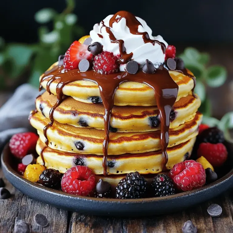 To make delicious chocolate chip pancakes, you need some basic ingredients. Here’s what you'll need: - 1 cup all-purpose flour - 2 tablespoons sugar - 1 tablespoon baking powder - 1/4 teaspoon salt - 1 cup milk (or any non-dairy milk) - 1 egg - 2 tablespoons melted butter (or coconut oil for a dairy-free option) - 1 teaspoon vanilla extract - 1/2 cup semi-sweet chocolate chips These ingredients work together to create a fluffy and tasty pancake. The flour gives it structure. The sugar adds sweetness. Baking powder makes it rise. The chocolate chips add a fun touch. You can make your pancakes even better with some tasty toppings. Here are some ideas: - Whipped cream - Fresh berries like strawberries or blueberries - Sliced bananas - Maple syrup - Nut butter These toppings bring new flavors and colors to your plate. They also make your pancakes look more inviting. If you have certain dietary needs, you can still enjoy these pancakes. Here are some easy swaps: - For gluten-free pancakes, use gluten-free flour instead of all-purpose flour. - Use a flax egg or chia egg if you want to skip the egg. - For a dairy-free option, select non-dairy milk and coconut oil. These substitutions let everyone enjoy chocolate chip pancakes. Just follow the full recipe, and you will have a great meal! First, gather your dry ingredients. You need: - 1 cup all-purpose flour - 2 tablespoons sugar - 1 tablespoon baking powder - 1/4 teaspoon salt In a mixing bowl, add the flour, sugar, baking powder, and salt. Whisk them together. Make sure they blend well. This step helps the pancakes rise and taste great. Now, let’s work on the wet ingredients. You need: - 1 cup milk (or any non-dairy milk) - 1 egg - 2 tablespoons melted butter (or coconut oil for a dairy-free option) - 1 teaspoon vanilla extract In a separate bowl, combine the milk, egg, melted butter, and vanilla extract. Whisk until the mixture is smooth. This mix adds richness and flavor to your pancakes. Next, it’s time to cook! Preheat a non-stick skillet or griddle over medium heat. Lightly grease it with cooking spray or butter. Pour 1/4 cup of pancake batter onto the skillet for each pancake. Cook until bubbles form on the surface, which takes about 2-3 minutes. Flip the pancakes and cook for another 1-2 minutes, or until they are golden brown. Repeat this until all the batter is gone. Adjust the heat if needed to avoid burning. Serve warm with whipped cream and fresh berries, if you like. Enjoy your fluffy chocolate chip pancakes from the Full Recipe! To make fluffier pancakes, focus on the mixing process. Mix your dry and wet ingredients separately first. Combine them gently. Overmixing makes pancakes tough. You want lumps in the batter. This helps keep pancakes light and airy. Also, let the batter rest for five minutes. This allows the baking powder to work better. Avoid using cold ingredients. Cold milk or eggs can lead to flat pancakes. Always use room temperature ingredients. Don’t skip preheating your skillet. A hot skillet helps pancakes rise. Also, be careful not to flip too soon. Wait for bubbles on the surface. This shows they are ready to flip. Use a non-stick skillet for easy cooking. Lightly grease it with butter or spray. Pour in just the right amount of batter. About 1/4 cup works well. Cook on medium heat to avoid burning. Check the bottom; it should be golden brown. Keep pancakes warm in a low oven while cooking the rest. For more ideas, check the Full Recipe for Choco-Love Chocolate Chip Pancakes. {{image_2}} You can use many types of chocolate chips in your pancakes. Semi-sweet chips are the classic choice. They melt nicely and add rich flavor. If you prefer a darker taste, try bittersweet or dark chocolate chips. For a fun twist, use white chocolate chips. They give a sweeter taste and a nice contrast. Mini chocolate chips also work well. They spread out more in the batter, giving you chocolate in every bite. Want to mix things up? You can add fruits or nuts to your chocolate chip pancakes. Sliced bananas give a sweet and creamy texture. Simply fold in half a banana per batch. Chopped nuts like walnuts or pecans add crunch and richness. You can also try adding spices. A sprinkle of cinnamon or nutmeg can enhance the flavor. For a tropical touch, add shredded coconut or pineapple chunks. If you want something different, try savory chocolate chip pancakes. You can add cheese, like cheddar or cream cheese, to the batter. This gives a rich and creamy taste. You might also add cooked bacon pieces for a sweet and salty mix. Another option is to use herbs, like chives or rosemary, for a unique flavor. These savory twists can surprise your taste buds and make breakfast fun. Explore these ideas to make your chocolate chip pancakes even more exciting. For the full recipe, check out the Choco-Love Chocolate Chip Pancakes. After you enjoy your pancakes, it's key to store any leftovers right. Let them cool down first. Then, stack them with parchment paper in between. Place the stack in an airtight container. This keeps them fresh. Store them in the fridge for up to three days. To reheat your pancakes, you have a few great options. The microwave is quick. Heat them for 15-30 seconds, checking often. You can also use a skillet. Simply place them on low heat for a few minutes. This brings back their fluffiness. If you want a crisp texture, use the oven. Preheat to 350°F (175°C) and warm for about 10 minutes. Freezing pancakes is smart for busy days. Stack them with parchment paper, just like before. Wrap the stack in plastic wrap tightly. Then, place it in a freezer-safe bag. They will last up to two months. When you're ready to eat, just reheat them from frozen. Enjoy a tasty breakfast without much effort! For the full recipe, check out Choco-Love Chocolate Chip Pancakes. Yes, you can make chocolate chip pancakes without eggs. You can use mashed bananas or unsweetened applesauce as a great swap. For each egg, use 1/4 cup of either option. They add moisture and a hint of sweetness. Your pancakes will still be fluffy and tasty. If you need a flour swap, try whole wheat flour or oat flour. These options give a nutty flavor and add fiber. You can also use gluten-free flour blends. Just ensure they have a binding agent, like xanthan gum, for the right texture. To keep pancakes fluffy, don’t overmix the batter. Mix until just combined and leave some lumps. Also, make sure your baking powder is fresh. A good tip is to let your batter rest for 5-10 minutes. This allows the gluten to relax, making your pancakes light and airy. You learned how to make chocolate chip pancakes, from ingredients to cooking tips. Start with basic ingredients, then explore toppings and substitutions. Enjoy fluffier pancakes by following the right steps and avoiding common mistakes. Try different chocolate chips and flavors for fun variations. Store any leftovers well, so nothing goes to waste. With these tips, you can create tasty pancakes anytime. Happy cooking!