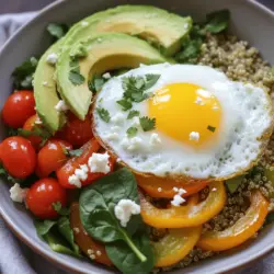 - 1 cup quinoa, rinsed - 2 cups vegetable broth - 1 tablespoon olive oil - 1 small onion, diced - 1 bell pepper, diced (any color) - 1 cup cherry tomatoes, halved - 1 cup spinach, chopped - 4 large eggs - Salt and pepper to taste - 1 avocado, sliced - 1 tablespoon fresh cilantro, chopped (for garnish) - 1 tablespoon feta cheese (optional) The savory breakfast bowl is a great way to start your day. It is healthy and filling. The base of this dish is quinoa. Quinoa is a super grain that is rich in protein. It cooks quickly and adds a nutty flavor. Next, I add vegetable broth to cook the quinoa. This adds a depth of flavor that plain water cannot match. The olive oil helps to sauté the veggies, making them soft and sweet. I use onion, bell pepper, cherry tomatoes, and spinach. Each adds its own taste and color. Eggs are the star protein in this bowl. You can cook them how you like. A sunny-side-up egg looks great on top. It adds richness when you break the yolk. Finally, I top the bowl with fresh avocado and cilantro. They provide creaminess and brightness. Feta cheese can be added for a salty kick if you like. This bowl is not just tasty but also beautiful. - Sausage or bacon for additional protein - Different vegetables like zucchini or kale - Spices and herbs for flavor enhancement You can customize this bowl to your taste. Adding sausage or bacon gives it more protein. If you want to add more veggies, try zucchini or kale. They can boost the nutrition. Spices and herbs can change the flavor. You can use cumin, paprika, or even chili flakes for some heat. Each add-in makes this breakfast bowl unique and fun! For the full recipe, be sure to check the details above. First, rinse 1 cup of quinoa under cold water. This step helps remove the bitter coating. Next, in a medium saucepan, add the rinsed quinoa and 2 cups of vegetable broth. Bring the mixture to a boil. Once boiling, reduce to a simmer, cover, and cook for about 15 minutes. The quinoa is done when it’s fluffy and the broth is absorbed. To achieve fluffy quinoa, let it sit off the heat for 5 minutes before fluffing with a fork. In a large skillet, heat 1 tablespoon of olive oil over medium heat. Add 1 small diced onion and sauté for about 3-4 minutes, until it turns translucent. Then, add 1 diced bell pepper. Cook for another 3 minutes. Next, add 1 cup of halved cherry tomatoes and cook for 2-3 minutes until they soften. Stir in 1 cup of chopped spinach and cook just until wilted, about 1-2 minutes. Season the vegetable mix with salt and pepper to taste. For the eggs, you have options. You can cook them sunny side up or scrambled. If you prefer sunny side up, heat a non-stick skillet over medium heat. Crack the eggs in, cooking until the whites set but the yolks stay runny. For scrambled eggs, whisk the eggs in a bowl, then pour into the skillet. Stir gently until they set. For perfectly fried eggs, keep the skillet hot and avoid overcooking. You can now assemble your Savory Breakfast Bowl by scooping a generous portion of quinoa into each bowl, topping it with the sautéed vegetable mix, and placing the fried egg on top. Don’t forget to check the Full Recipe for more details! You can swap quinoa for other grains. Brown rice or farro works well too. If you want to skip dairy, try using avocado or nut cheese as toppings. These options still add creaminess and flavor. Using an instant pot or an air fryer can save time. These tools cook quickly and evenly. For batch cooking vegetables, chop them in advance. Store them in the fridge. This makes morning prep fast and easy. Layering makes your bowl look amazing. Start with quinoa at the bottom. Add sautéed veggies next. Finally, place the fried egg on top. For garnishing, try fresh herbs or a sprinkle of feta. This adds color and flair, making it Instagram-worthy. {{image_2}} For a fun twist, try the Southwestern Savory Breakfast Bowl. This bowl is rich and colorful. Use these ingredients: - 1 cup black beans - 1 cup corn - 1 avocado, sliced - ½ cup salsa This bowl bursts with flavor. The black beans add protein and fiber. Sweet corn gives a nice crunch. To make this dish, start with the base of quinoa. Then, mix in the black beans and corn. Top it with fresh avocado slices and a spoonful of salsa. The salsa adds zest and brightness to your meal. Next, we have the Mediterranean Savory Breakfast Bowl. It offers a fresh taste and great colors. Use these ingredients: - ½ cup olives, sliced - 1 cup cherry tomatoes, halved - 1 cup spinach - ¼ cup feta cheese, crumbled This bowl has a lovely balance of flavors. The olives provide a salty kick. The tomatoes and spinach give you fresh, bright notes. To prepare it, sauté the spinach with the cherry tomatoes. Then, add olives and sprinkle feta cheese on top. The cheese adds a creamy richness that enhances every bite. For those who prefer plant-based meals, try the Vegan Savory Breakfast Bowl. You can replace eggs with tasty alternatives. Consider these options: - Tofu scramble - Chickpea scramble Both options are easy to make and full of protein. For toppings, you can use: - Fresh herbs like parsley or cilantro - Sliced avocado - Nutritional yeast for a cheesy flavor To make the scramble, mash tofu or chickpeas with spices. Cook until golden. Assemble your bowl with quinoa, your scramble, and fresh toppings. This vegan option is filling and packed with nutrients. These variations allow you to explore new flavors while keeping the base of your savory breakfast bowl. By mixing and matching ingredients, you can create endless delicious combinations. For the complete recipe, refer to the Full Recipe section above. To keep your savory breakfast bowl fresh, choose airtight containers. Glass containers work great, but plastic ones are fine too. Store the bowl in the fridge if you plan to eat it within three days. For longer storage, place it in the freezer. In the freezer, your bowl can last up to three months. Just remember to label your containers with the date. This way, you can keep track of how fresh your food is. When it's time to enjoy leftovers, the goal is to keep the texture nice. You can microwave your breakfast bowl, but remove the egg first. This helps avoid a rubbery texture. Heat the bowl for about one to two minutes. Stir halfway through. If you prefer, you can also reheat it on the stove. Just add a little olive oil to a pan and warm it up gently. You can add the fried egg back in at the end. This will help maintain its flavor and texture. To make your Savory Breakfast Bowl healthier, you can try a few simple changes: - Use less oil: Swap out olive oil for a spray or use less in cooking. - Add more veggies: Increase the amount of spinach or add other greens for fiber. - Choose lean proteins: Replace eggs with egg whites or add beans for protein. - Limit cheese: Use less feta or try a lower-fat cheese option. - Watch portions: Keep an eye on serving sizes to control calories. These tips help make your meal light and nutritious without losing flavor. Yes, you can prepare components ahead of time. Meal prep saves time and effort: - Cook quinoa in advance: It can last in the fridge for about five days. - Chop veggies ahead: Store them in airtight containers to keep them fresh. - Make a batch of eggs: Cook them sunny side up or scrambled and store them. - Combine toppings: Slice avocado and store it in lemon juice to prevent browning. Preparing these items in advance makes it easy to assemble your bowl quickly. If you need a substitute for quinoa, try these grains: - Brown rice: Cook for about 45 minutes. - Farro: Takes around 30 minutes to cook. - Barley: Needs about 30-40 minutes of cooking. - Millet: Cooks in about 20 minutes. These options maintain a similar texture and flavor profile for your breakfast bowl. Yes, you can easily make this recipe gluten-free. Here are some tips: - Check the broth: Use vegetable broth labeled gluten-free. - Choose gluten-free grains: Quinoa is naturally gluten-free, but check other grains you use. - Watch toppings: Ensure any cheese or condiments are gluten-free. By following these steps, you can enjoy your Savory Breakfast Bowl without gluten. For the complete recipe, check out the Full Recipe section. To sum up, this guide covered all you need to make a delicious savory breakfast bowl. We explored main ingredients like quinoa, veggies, and eggs. I shared cooking tips to make perfect quinoa and eggs, plus ideas for tasty add-ins. You learned about variations like the Southwestern and Mediterranean bowls. Remember to store your leftovers properly and consider meal prep for easy mornings. Enjoy creating your bowls, and don’t hesitate to mix things up! Cooking should be fun and tasty!