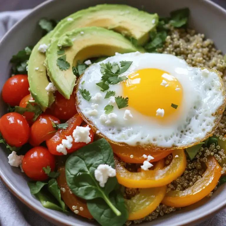 - 1 cup quinoa, rinsed - 2 cups vegetable broth - 1 tablespoon olive oil - 1 small onion, diced - 1 bell pepper, diced (any color) - 1 cup cherry tomatoes, halved - 1 cup spinach, chopped - 4 large eggs - Salt and pepper to taste - 1 avocado, sliced - 1 tablespoon fresh cilantro, chopped (for garnish) - 1 tablespoon feta cheese (optional) The savory breakfast bowl is a great way to start your day. It is healthy and filling. The base of this dish is quinoa. Quinoa is a super grain that is rich in protein. It cooks quickly and adds a nutty flavor. Next, I add vegetable broth to cook the quinoa. This adds a depth of flavor that plain water cannot match. The olive oil helps to sauté the veggies, making them soft and sweet. I use onion, bell pepper, cherry tomatoes, and spinach. Each adds its own taste and color. Eggs are the star protein in this bowl. You can cook them how you like. A sunny-side-up egg looks great on top. It adds richness when you break the yolk. Finally, I top the bowl with fresh avocado and cilantro. They provide creaminess and brightness. Feta cheese can be added for a salty kick if you like. This bowl is not just tasty but also beautiful. - Sausage or bacon for additional protein - Different vegetables like zucchini or kale - Spices and herbs for flavor enhancement You can customize this bowl to your taste. Adding sausage or bacon gives it more protein. If you want to add more veggies, try zucchini or kale. They can boost the nutrition. Spices and herbs can change the flavor. You can use cumin, paprika, or even chili flakes for some heat. Each add-in makes this breakfast bowl unique and fun! For the full recipe, be sure to check the details above. First, rinse 1 cup of quinoa under cold water. This step helps remove the bitter coating. Next, in a medium saucepan, add the rinsed quinoa and 2 cups of vegetable broth. Bring the mixture to a boil. Once boiling, reduce to a simmer, cover, and cook for about 15 minutes. The quinoa is done when it’s fluffy and the broth is absorbed. To achieve fluffy quinoa, let it sit off the heat for 5 minutes before fluffing with a fork. In a large skillet, heat 1 tablespoon of olive oil over medium heat. Add 1 small diced onion and sauté for about 3-4 minutes, until it turns translucent. Then, add 1 diced bell pepper. Cook for another 3 minutes. Next, add 1 cup of halved cherry tomatoes and cook for 2-3 minutes until they soften. Stir in 1 cup of chopped spinach and cook just until wilted, about 1-2 minutes. Season the vegetable mix with salt and pepper to taste. For the eggs, you have options. You can cook them sunny side up or scrambled. If you prefer sunny side up, heat a non-stick skillet over medium heat. Crack the eggs in, cooking until the whites set but the yolks stay runny. For scrambled eggs, whisk the eggs in a bowl, then pour into the skillet. Stir gently until they set. For perfectly fried eggs, keep the skillet hot and avoid overcooking. You can now assemble your Savory Breakfast Bowl by scooping a generous portion of quinoa into each bowl, topping it with the sautéed vegetable mix, and placing the fried egg on top. Don’t forget to check the Full Recipe for more details! You can swap quinoa for other grains. Brown rice or farro works well too. If you want to skip dairy, try using avocado or nut cheese as toppings. These options still add creaminess and flavor. Using an instant pot or an air fryer can save time. These tools cook quickly and evenly. For batch cooking vegetables, chop them in advance. Store them in the fridge. This makes morning prep fast and easy. Layering makes your bowl look amazing. Start with quinoa at the bottom. Add sautéed veggies next. Finally, place the fried egg on top. For garnishing, try fresh herbs or a sprinkle of feta. This adds color and flair, making it Instagram-worthy. {{image_2}} For a fun twist, try the Southwestern Savory Breakfast Bowl. This bowl is rich and colorful. Use these ingredients: - 1 cup black beans - 1 cup corn - 1 avocado, sliced - ½ cup salsa This bowl bursts with flavor. The black beans add protein and fiber. Sweet corn gives a nice crunch. To make this dish, start with the base of quinoa. Then, mix in the black beans and corn. Top it with fresh avocado slices and a spoonful of salsa. The salsa adds zest and brightness to your meal. Next, we have the Mediterranean Savory Breakfast Bowl. It offers a fresh taste and great colors. Use these ingredients: - ½ cup olives, sliced - 1 cup cherry tomatoes, halved - 1 cup spinach - ¼ cup feta cheese, crumbled This bowl has a lovely balance of flavors. The olives provide a salty kick. The tomatoes and spinach give you fresh, bright notes. To prepare it, sauté the spinach with the cherry tomatoes. Then, add olives and sprinkle feta cheese on top. The cheese adds a creamy richness that enhances every bite. For those who prefer plant-based meals, try the Vegan Savory Breakfast Bowl. You can replace eggs with tasty alternatives. Consider these options: - Tofu scramble - Chickpea scramble Both options are easy to make and full of protein. For toppings, you can use: - Fresh herbs like parsley or cilantro - Sliced avocado - Nutritional yeast for a cheesy flavor To make the scramble, mash tofu or chickpeas with spices. Cook until golden. Assemble your bowl with quinoa, your scramble, and fresh toppings. This vegan option is filling and packed with nutrients. These variations allow you to explore new flavors while keeping the base of your savory breakfast bowl. By mixing and matching ingredients, you can create endless delicious combinations. For the complete recipe, refer to the Full Recipe section above. To keep your savory breakfast bowl fresh, choose airtight containers. Glass containers work great, but plastic ones are fine too. Store the bowl in the fridge if you plan to eat it within three days. For longer storage, place it in the freezer. In the freezer, your bowl can last up to three months. Just remember to label your containers with the date. This way, you can keep track of how fresh your food is. When it's time to enjoy leftovers, the goal is to keep the texture nice. You can microwave your breakfast bowl, but remove the egg first. This helps avoid a rubbery texture. Heat the bowl for about one to two minutes. Stir halfway through. If you prefer, you can also reheat it on the stove. Just add a little olive oil to a pan and warm it up gently. You can add the fried egg back in at the end. This will help maintain its flavor and texture. To make your Savory Breakfast Bowl healthier, you can try a few simple changes: - Use less oil: Swap out olive oil for a spray or use less in cooking. - Add more veggies: Increase the amount of spinach or add other greens for fiber. - Choose lean proteins: Replace eggs with egg whites or add beans for protein. - Limit cheese: Use less feta or try a lower-fat cheese option. - Watch portions: Keep an eye on serving sizes to control calories. These tips help make your meal light and nutritious without losing flavor. Yes, you can prepare components ahead of time. Meal prep saves time and effort: - Cook quinoa in advance: It can last in the fridge for about five days. - Chop veggies ahead: Store them in airtight containers to keep them fresh. - Make a batch of eggs: Cook them sunny side up or scrambled and store them. - Combine toppings: Slice avocado and store it in lemon juice to prevent browning. Preparing these items in advance makes it easy to assemble your bowl quickly. If you need a substitute for quinoa, try these grains: - Brown rice: Cook for about 45 minutes. - Farro: Takes around 30 minutes to cook. - Barley: Needs about 30-40 minutes of cooking. - Millet: Cooks in about 20 minutes. These options maintain a similar texture and flavor profile for your breakfast bowl. Yes, you can easily make this recipe gluten-free. Here are some tips: - Check the broth: Use vegetable broth labeled gluten-free. - Choose gluten-free grains: Quinoa is naturally gluten-free, but check other grains you use. - Watch toppings: Ensure any cheese or condiments are gluten-free. By following these steps, you can enjoy your Savory Breakfast Bowl without gluten. For the complete recipe, check out the Full Recipe section. To sum up, this guide covered all you need to make a delicious savory breakfast bowl. We explored main ingredients like quinoa, veggies, and eggs. I shared cooking tips to make perfect quinoa and eggs, plus ideas for tasty add-ins. You learned about variations like the Southwestern and Mediterranean bowls. Remember to store your leftovers properly and consider meal prep for easy mornings. Enjoy creating your bowls, and don’t hesitate to mix things up! Cooking should be fun and tasty!