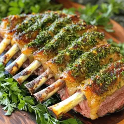 - Rack of lamb (8 ribs), frenched - Fresh herbs: parsley, thyme, rosemary - Garlic and Dijon mustard - Breadcrumbs and olive oil - Seasoning: salt and pepper To create a flavorful herb-crusted rack of lamb, gather these key ingredients. The rack of lamb is the star of this dish. Choose a frenched rack for a nice presentation. Fresh herbs like parsley, thyme, and rosemary add bright flavors. Garlic brings a warm taste, while Dijon mustard helps the herbs stick to the meat. Breadcrumbs, especially panko, give a crunchy texture. Lastly, salt and pepper season everything perfectly. Using good quality ingredients makes a big difference in flavor. Fresh herbs should smell strong and vibrant. The lamb should be bright pink, with a good amount of fat for flavor. Trust me; these choices will enhance your dish! For more detailed cooking steps, refer to the Full Recipe. 1. First, preheat your oven to 400°F (200°C). This makes sure the lamb cooks evenly. 2. Next, season your rack of lamb with salt and pepper on both sides. This adds flavor to the meat. 3. In a mixing bowl, combine chopped parsley, thyme, rosemary, and minced garlic. Make sure to add salt and pepper. This mixture will give the lamb a great taste. 4. Brush Dijon mustard all over the meat side of the lamb. This helps the herbs stick well. 1. Roll the lamb in the herb mixture. Press firmly to coat it evenly. You want every bite to have flavor. 2. In another bowl, mix breadcrumbs with olive oil. This adds crunch to the lamb. Press this breadcrumb mix over the herb-covered lamb. 1. Place the rack of lamb bone-side down in a roasting pan. This keeps the meat juicy. 2. Roast in the oven for about 25-30 minutes for medium-rare. Use a thermometer to check for 130°F (54°C). This ensures perfect doneness. 3. Once done, remove the lamb from the oven. Let it rest for 10 minutes before slicing. This helps the juices stay in the meat. Enjoy your herb-crusted rack of lamb! For a full guide, refer to the Full Recipe. Resting the meat is very important. After you take the lamb out of the oven, let it sit for 10 minutes. This helps the juices stay inside. If you skip this step, the meat can dry out. Using a meat thermometer is key for perfect lamb. Insert it into the thickest part of the meat. For medium-rare, look for 130°F (54°C). This gives you a juicy and tender rack every time. Serve your lamb chops on a nice platter. Drizzle a little olive oil over them for shine. Then, sprinkle with fresh herbs for color. This adds a pop that makes your dish look special. Pair the lamb with roasted veggies or a light salad. The bright flavors of the salad balance the rich meat. This way, your meal is both pretty and tasty. For more details, check out the Full Recipe. {{image_2}} You can change the herbs in this herb-crusted rack of lamb. Try using fresh mint or oregano for a new taste. Basil adds a sweet flavor, while sage gives a warm touch. You can mix and match to find your favorite blend. Adding cheese to the breadcrumb mixture can make this dish even better. Grated Parmesan or sharp cheddar adds a nice salty kick. Mix cheese into the breadcrumbs for a rich crust that melts in your mouth. Pairing side dishes with your herb-crusted lamb can enhance the meal. Roasted vegetables like carrots, potatoes, or Brussels sprouts bring out the flavors of the lamb. A light salad with mixed greens and a vinaigrette can balance the richness. For a drink, consider serving red wine. A Cabernet Sauvignon or a Merlot complements the lamb well. If you prefer white wine, a Chardonnay with a bit of oak can also work nicely. Enjoy your meal with these perfect pairings! To store leftover lamb, first let it cool. Wrap the meat tightly in plastic wrap or foil. You can also place it in an airtight container. This keeps it fresh and prevents odors from mixing. For reheating, the best method is using an oven. Preheat your oven to 300°F (150°C). Place the lamb in a baking dish and cover it with foil. Heat for about 15-20 minutes. This keeps the meat tender and juicy. You can also use a microwave, but this may dry it out. Always check the internal temperature to ensure it's warm throughout. For safe storage, keep leftover rack of lamb in the fridge. It can last for 3-4 days. If you want to store it longer, freeze it. Wrapped well, it can stay good for 4-6 months in the freezer. Just remember to label it with the date. This helps you track how long it has been stored. Using these tips ensures your herb-crusted rack of lamb remains tasty for your next meal! How long should I cook the rack of lamb for different doneness levels? To cook a rack of lamb, timing is key. For medium-rare, roast for 25-30 minutes at 400°F (200°C). For medium, aim for 30-35 minutes. If you like it well-done, go for 35-40 minutes. Always check the internal temperature. It should hit 130°F (54°C) for medium-rare. Can I make this recipe ahead of time? Yes, you can prep this dish ahead. Season the lamb and apply the herb crust. Wrap it tightly in plastic wrap. Store it in the fridge for up to 24 hours before roasting. This allows the flavors to meld. What’s the best way to slice a rack of lamb? Use a sharp knife for clean cuts. Hold the rack steady with a fork. Slice between the bones to create individual chops. This keeps the meat tender and juicy. Is there a substitute for Dijon mustard in this recipe? If you don’t have Dijon mustard, try whole grain mustard. It gives a similar flavor with added texture. You can also use honey mustard for a sweeter twist. Just adjust the seasoning to balance the flavors. For the detailed cooking steps, check out the Full Recipe. For the full recipe, including detailed instructions and visual aids, check out the [Full Recipe](#). To make herb-crusted rack of lamb, gather these ingredients: - 1 rack of lamb (8 ribs), frenched - 1 cup fresh parsley, chopped - 1/2 cup fresh thyme, chopped - 1/4 cup fresh rosemary, chopped - 4 cloves garlic, minced - 1/4 cup Dijon mustard - 1/2 cup breadcrumbs (preferably panko) - 3 tablespoons olive oil - Salt and pepper to taste The first step is to preheat your oven to 400°F (200°C). This helps cook the lamb evenly. Next, season the rack of lamb with salt and pepper on both sides. This adds flavor. Combine the chopped parsley, thyme, rosemary, and minced garlic in a mixing bowl. Add salt and pepper to taste. This herb mix gives the lamb a fresh taste. Brush the Dijon mustard all over the meat side of the lamb. This helps the herbs stick. Roll the lamb in the herb mix, pressing firmly. Make sure it coats evenly. In another bowl, mix breadcrumbs with olive oil. Press this over the herb-covered lamb for a nice crunch. Place the rack of lamb bone-side down on a roasting pan. Roast in the oven for about 25-30 minutes for medium-rare. Use a meat thermometer for best results. Look for an internal temp of 130°F (54°C). Let the lamb rest for 10 minutes after cooking. This keeps it juicy. Slice between the bones to make lovely chops. To present your dish, arrange the lamb on a platter. Drizzle with olive oil and add fresh herbs. Serve with roasted veggies or a light salad. Enjoy this flavorful roast! In this post, we covered how to prepare a delicious rack of lamb. We looked at key ingredients, steps for seasoning and cooking, and tips for perfect results. Remember to let the meat rest and check doneness with a thermometer for juicy lamb. Don’t hesitate to try variations with different herbs or cheeses. Whether you enjoy leftovers or share with friends, this dish can impress anyone. Perfect your skills and serve with great side dishes. Enjoy your cooking journey!