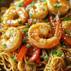 - 8 oz. fresh egg noodles - 1 lb. large shrimp, peeled and deveined - 4 cloves garlic, minced - 2 tablespoons soy sauce - 1 tablespoon sriracha The main ingredients create the base of this dish. Fresh egg noodles give a soft, chewy texture. Large shrimp add protein and a sweet flavor. Garlic brings a strong aroma and taste. Soy sauce offers saltiness, while sriracha adds heat. - 1 tablespoon honey - 2 tablespoons sesame oil - 1 tablespoon vegetable oil - 1 red bell pepper, sliced - 2 scallions, chopped (green parts for garnish) You can add optional ingredients for extra flavors. Honey balances the heat from sriracha. Sesame oil gives a nutty taste, and vegetable oil helps cook the shrimp. Red bell pepper adds color and crunch, while scallions provide a fresh finish. - Salt and pepper - 1 tablespoon sesame seeds (optional) - Fresh herbs (if desired) Seasoning is key to great flavor. Salt and pepper enhance all the other tastes. You can sprinkle sesame seeds for a nice crunch. Fresh herbs like cilantro or basil give a bright touch to your dish. For the full recipe, check the section titled Full Recipe. 1. Cooking the egg noodles: Start by boiling water in a pot. Add the fresh egg noodles and cook them for about 3-4 minutes. Follow the package instructions for the best results. Once done, drain the noodles and set them aside. 2. Preparing the shrimp: While the noodles cook, rinse the large shrimp under cool water. Make sure they are peeled and deveined. Pat them dry with a paper towel. This step helps the shrimp sear well later. 1. Sautéing garlic and cooking shrimp: In a large frying pan or wok, heat 1 tablespoon of vegetable oil over medium-high heat. Once hot, add the minced garlic. Sauté for about 30 seconds until it smells great. Be careful not to burn it. Next, toss in the shrimp and season with salt and pepper. Cook them for 2-3 minutes until they turn pink and opaque. 2. Adding bell pepper: After the shrimp is cooked, add the sliced red bell pepper to the pan. Cook for another 2 minutes. This will soften the pepper just enough to add flavor without losing its crunch. 1. Mixing the sauce: In a small bowl, combine 2 tablespoons of soy sauce, 1 tablespoon of sriracha, 1 tablespoon of honey, and 2 tablespoons of sesame oil. Mix well to create a delicious sauce. 2. Tossing everything together: Add the cooked egg noodles to the pan with shrimp and bell pepper. Pour the sauce over the top. Toss everything together for about 2-3 minutes. This allows the noodles to soak up all the tasty flavors. Remove from heat, garnish with chopped scallions and sesame seeds if you like. Serve immediately for a delightful meal. Check the [Full Recipe] for more details! - How to avoid overcooking shrimp: Cook shrimp until they turn pink, about 2-3 minutes. Remove them from heat right away. They continue to cook even after you take them off the stove. This way, they stay juicy and tender. - Tips for perfect noodle texture: Always cook the egg noodles just until al dente. Drain them and rinse with cold water to stop the cooking process. This keeps them from becoming mushy when you mix them with the sauce later. - Adjusting spice levels with sriracha: If you want more heat, add extra sriracha. For a milder taste, reduce the amount. You can also try chili flakes for a different kick. - Other ingredients to elevate the dish: Consider adding fresh herbs like cilantro or basil. These add freshness and extra flavor. You can also toss in some snap peas or carrots for crunch and color. - Best sides to serve alongside: Pair these noodles with a simple cucumber salad or steamed broccoli. Both add a nice balance to the meal. - Plating ideas for presentation: Serve the noodles in a shallow bowl. Garnish with chopped scallions and sesame seeds. A lime wedge on the side adds a lovely pop of color and flavor. {{image_2}} You can switch the shrimp for chicken or tofu. Chicken adds a nice texture and flavor. Use bite-sized pieces and cook them until golden. Tofu offers a great vegetarian option. Choose firm tofu, press it to remove excess water, and cut it into cubes. Sauté until crispy for a tasty addition. If you need gluten-free noodles, use rice noodles or gluten-free pasta. These options work well and still taste great. You can also add other veggies. Try snap peas, broccoli, or bok choy for extra crunch and color. These swaps keep the dish fresh and fun. You can adjust the sauces to fit your taste. If you want less heat, cut back on sriracha. For a sweeter version, add more honey. You can also create a creamy version. Mix in some coconut milk or cream for a rich twist. This change gives the dish a whole new flavor. To keep your Spicy Garlic Noodles with Shrimp fresh, store leftovers in the fridge. Place the noodles in an airtight container. Make sure to seal it tightly. This helps keep out moisture and odors. I recommend using glass containers for better heat retention. They also do not stain or hold odors. When it's time to enjoy leftovers, reheating is key. The best way to reheat noodles is on the stove. Heat a pan over medium heat and add a splash of water or broth. This adds moisture and prevents drying out. Stir the noodles gently until warmed through. If you prefer the microwave, cover the bowl with a damp paper towel. This will also help keep them moist. If you want to save your dish for later, you can freeze it. Allow the noodles to cool completely. Then, place them in a freezer-safe container. Be sure to leave some space at the top for expansion. When you're ready to eat, move the container to the fridge overnight to thaw. For reheating, use the same methods mentioned earlier. This way, you can enjoy your spicy garlic noodles again! For the full recipe, check out the earlier section. Can I make Spicy Garlic Noodles without shrimp? Yes, you can. You can use tofu, chicken, or just veggies. This dish still tastes great without shrimp. What can I substitute for sriracha? You can use any hot sauce you like. If you want less heat, try sweet chili sauce instead. How long can I keep leftovers? You can keep leftovers in the fridge for up to three days. Just make sure to store them in an airtight container. Can I use any type of noodle for this recipe? Yes, you can use rice noodles, udon, or even spaghetti. Just adjust cooking times as needed. How can I make this dish less spicy? You can reduce the sriracha or omit it altogether. Adding more honey can also help balance the heat. What drinks pair well with Spicy Garlic Noodles? I recommend iced tea, lemonade, or a light beer. These drinks will cool your palate nicely. Can I serve this dish cold? Yes, you can serve it cold as a noodle salad. Just let it cool and add fresh herbs for flavor. For the complete list of ingredients and steps, check out the Full Recipe. In this blog post, we explored how to make Spicy Garlic Noodles with shrimp. We covered key ingredients like fresh egg noodles and sriracha. You learned step-by-step instructions for cooking and mixing everything. Tips for storage and variations helped ensure your dish stays fresh and exciting. Overall, this dish is easy to customize and can fit many tastes. Enjoy experimenting with flavors and ingredients. Create a meal that you and your loved ones will enjoy time after time.