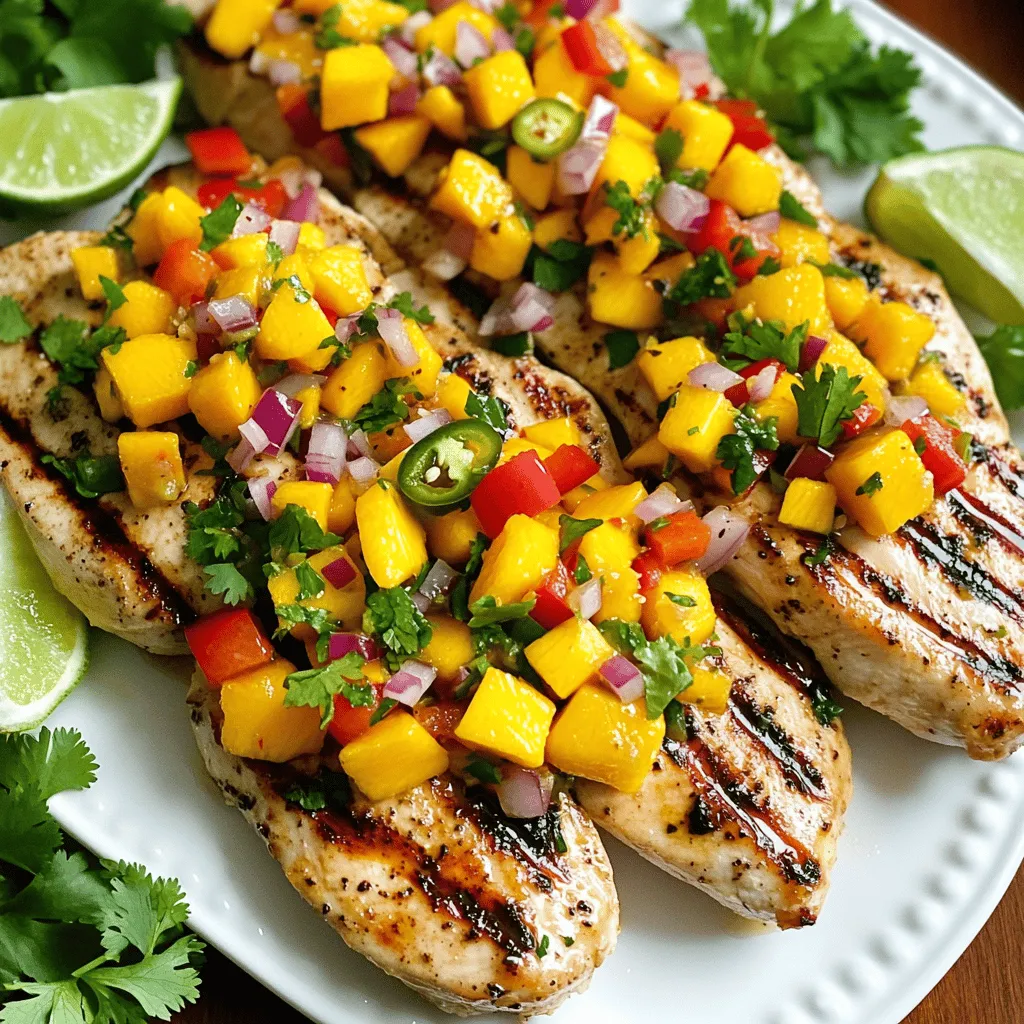 - Chicken and Seasoning - 4 boneless, skinless chicken breasts - Salt and pepper to taste - 1 tablespoon olive oil - Mango Salsa Components - 1 ripe mango, diced - 1/2 red bell pepper, finely chopped - 1/4 cup red onion, finely chopped - 1 jalapeño, deseeded and minced - Juice of 1 lime - 2 tablespoons fresh cilantro, chopped - Optional Ingredients - 1 teaspoon honey (for sweetness) Gather these items before starting. Fresh, ripe mangoes give the best flavor. The chicken needs seasoning to make it tasty. I use olive oil to help the chicken cook well and stay juicy. The salsa brings a fresh feel to the dish. You can adjust the heat by adding or removing jalapeño. If you like it sweet, add honey to the salsa. For the full experience, follow the Full Recipe. Enjoy cooking! Grilling Technique Start by heating your grill to medium-high. It should be hot before adding the chicken. This helps to get nice grill marks and sealed-in juices. Cooking Time and Temperature Place the seasoned chicken breasts on the grill. Grill for 6-7 minutes per side. Use a meat thermometer to check for 165°F inside. This ensures the chicken is safe to eat and juicy. Resting Period for Chicken After grilling, let the chicken rest for a few minutes. This helps the juices to stay inside. Cutting too soon can make it dry. Dicing and Chopping Tips For the salsa, start with a ripe mango. Cut it into small cubes. A sharp knife makes this easier. Chop the red bell pepper and red onion finely to mix well. Combining Ingredients for Flavor In a bowl, mix the diced mango, red bell pepper, and red onion. Add minced jalapeño for a bit of heat. Squeeze in fresh lime juice and add chopped cilantro. Stir well for a fresh, vibrant taste. Adjusting Spice Level If you like it hotter, add more jalapeño. For a milder salsa, decrease the jalapeño. Taste as you go to find your perfect mix. Slicing the Chicken Once rested, slice the chicken breasts into strips. This makes it easier to serve and looks nice on the plate. Topping with Salsa Place the chicken on plates and top generously with mango salsa. The bright colors make it appealing and flavorful. Adding Garnishes Finish with lime wedges and extra cilantro on the side. This adds a fresh touch and looks great. Enjoy your Mango Salsa Chicken! You can find the Full Recipe for more details. Alternative Cooking Methods You can cook your chicken in different ways. Grilling gives it a nice smoky flavor. Baking is easy and keeps the chicken juicy. You might also try pan-searing for a quick meal. Each method has its own charm. Using Marinades for Extra Flavor Marinating the chicken adds depth to the taste. Use simple ingredients like lime juice and olive oil. You can let the chicken soak for 30 minutes or longer. This makes every bite packed with flavor. Ensuring Moisture Retention To keep your chicken juicy, don’t overcook it. Use a meat thermometer to check for doneness. Aim for 165°F (75°C). Let the chicken rest for a few minutes before slicing. This helps the juices stay inside. Substitutions for Mango If you can’t find ripe mango, use peach or pineapple. Both fruits add sweetness. You can also mix in avocado for creaminess. Each swap brings a new twist to the salsa. Fresh vs. Canned Ingredients Fresh ingredients always taste better. Use fresh mango and peppers when possible. Canned versions work in a pinch but may lack flavor. Choose fresh for the best salsa experience. Adding Complementary Herbs and Spices Herbs like cilantro brighten the dish. You can also add mint for a fresh taste. A pinch of cumin adds warmth. Each herb and spice can enhance the overall flavor profile. For the complete process, check out the Full Recipe. {{image_2}} Side Dish Pairings Mango Salsa Chicken shines when served with simple sides. Try fluffy rice or quinoa. They soak up the salsa juice well. A fresh green salad adds a crunchy bite. You can also serve it with grilled veggies for a colorful plate. Meal Prep Ideas This dish is perfect for meal prep. Cook a batch of chicken and salsa on Sunday. Store them separately in airtight containers. You can mix and match with different sides each day. It stays tasty for up to four days in the fridge. Serving for Different Occasions For a casual family dinner, serve Mango Salsa Chicken with warm tortillas. It makes a great taco night! For parties, offer it as a fun finger food. Just cut the chicken into bite-sized pieces and top with salsa. Guests will love it! Vegetarian Option Want a vegetarian twist? Swap chicken for grilled tofu or portobello mushrooms. Both options soak up flavor well and work great with mango salsa. Different Proteins You can use fish like salmon or tilapia instead of chicken. They grill quickly and match well with the sweet mango. Shrimp also works beautifully in this dish, giving it a fresh taste. Low-Carb Alternatives If you're watching carbs, use cauliflower rice instead of regular rice. It adds bulk without extra carbs. You can also wrap the chicken and salsa in lettuce leaves for a fun, low-carb meal. For the full recipe, check out the details above! How do I store leftovers? After you finish your meal, let the chicken cool down. Place the chicken and mango salsa in airtight containers. Store them in the fridge for up to three days. This keeps the flavors fresh and safe to eat later. What are the best practices for freshness? Always seal your containers tightly. Label them with the date so you know when to eat them. If you notice any change in color or smell, it’s best to toss it out. What containers are suitable for freezing? Use freezer-safe bags or containers. Make sure to leave some space in containers for expansion. This helps avoid freezer burn. How do I thaw and reheat? To thaw, move the chicken and salsa to the fridge overnight. For a quick method, place the sealed bags in cold water for 30 minutes. When reheating, warm the chicken on the stove or in the microwave. Heat the salsa separately to keep it fresh and vibrant. This method preserves the joy of your Mango Salsa Chicken. Don't forget to check the [Full Recipe] for the perfect blend of flavors! Can I use frozen mango? Yes, you can use frozen mango. Thaw it first and drain excess water. This way, it keeps the salsa fresh and tasty. Use the same amount as fresh mango for great flavor. What can I serve with Mango Salsa Chicken? Mango Salsa Chicken pairs well with rice or quinoa. You can also serve it with tortilla chips or a green salad. Try it with black beans for a hearty meal. How do I know when the chicken is fully cooked? Check the chicken’s internal temperature. It should reach 165°F (75°C). Also, the juices should run clear. Cut into the thickest part to check for any pink. What can I substitute for lime juice? If you don’t have lime juice, use lemon juice. Both add a bright flavor. You can also use vinegar, but use less as it’s stronger. How can I make this dish spicier? To add heat, include more jalapeño or use a hotter pepper. You might also add red pepper flakes or hot sauce to the salsa. Taste as you go for the right heat. Is there a way to make this dish ahead of time? Yes, you can prepare the salsa ahead of time. Store it in the fridge for a few hours. Cook the chicken fresh for the best taste and texture. This blog post covered making Mango Salsa Chicken step by step. You learned about the key ingredients, grilling methods, and how to mix a fresh mango salsa. We discussed tips for perfect chicken, variations for serving, and guidance on storing leftovers. In closing, this dish is fun and full of flavor. Enjoy cooking and share your results! Making it your own is the best part.