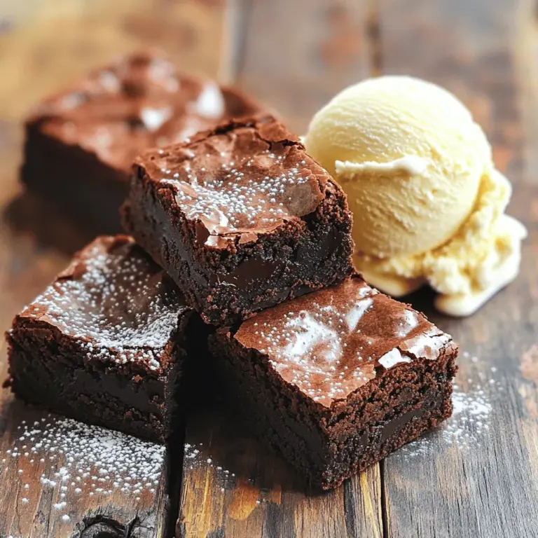 Cooking classic chocolate brownies starts with gathering the right ingredients. Each one plays a big role in the taste and texture. Here’s what you need: - 1 cup (225g) unsalted butter, melted - 2 cups (400g) granulated sugar - 4 large eggs - 1 teaspoon vanilla extract - 1 cup (130g) all-purpose flour - 1 cup (90g) unsweetened cocoa powder - 1/2 teaspoon salt - 1/2 teaspoon baking powder - 1 cup (175g) chocolate chips (dark or semi-sweet) - 1/2 cup (75g) chopped walnuts or pecans (optional) Each ingredient serves a purpose. The unsalted butter adds richness. Granulated sugar sweetens and helps create that chewy texture. Eggs bind the mix and add moisture. Vanilla extract gives a warm flavor that enhances chocolate. All-purpose flour provides structure, while cocoa powder offers a deep chocolate taste. Salt balances the sweetness. Baking powder helps the brownies rise slightly. Chocolate chips give bursts of chocolate in every bite. If you're feeling adventurous, nuts add crunch and flavor. This list is your guide to making the perfect brownies. Follow the Full Recipe for detailed steps, and you'll enjoy a delicious treat! 1. Preheating the oven: Start by preheating your oven to 350°F (175°C). This step is vital for even baking. 2. Combining wet ingredients: In a big bowl, mix together 1 cup of melted unsalted butter and 2 cups of granulated sugar. Stir until the mixture looks smooth and shiny. Next, add 4 large eggs one by one. Make sure each egg is mixed in well before adding the next. Finally, pour in 1 teaspoon of vanilla extract for flavor. 3. Mixing dry ingredients: In another bowl, sift together 1 cup of all-purpose flour, 1 cup of unsweetened cocoa powder, 1/2 teaspoon of salt, and 1/2 teaspoon of baking powder. This makes sure there are no lumps and helps the brownies rise well. 4. Incorporating chocolate chips and nuts: Now, slowly fold the dry mix into the wet mix. Do this gently until just combined—don’t overmix! If you like, add 1 cup of chocolate chips and 1/2 cup of chopped nuts for extra crunch. 1. Pouring batter into the pan: Grab a 9x13 inch baking pan that you have greased or lined with parchment paper. Pour the brownie batter in and spread it out evenly. 2. Baking duration and temperature: Place the pan in your preheated oven. Bake the brownies for about 25 to 30 minutes. 3. Testing for doneness: To check if they are done, insert a toothpick into the center. If it comes out with a few moist crumbs, they are ready. If it has wet batter, bake a few more minutes. 1. Cooling tips: Once baked, let the brownies cool in the pan for about 15 minutes. If you used parchment paper, lift them out carefully. If not, you can cool them right in the pan. 2. Proper cutting techniques: For clean cuts, use a sharp knife. Wipe the knife between cuts to keep the edges neat. Cut into squares and enjoy your brownies. For a full recipe, check out [Full Recipe]. - Avoiding overmixing: Mix just until the ingredients blend. Overmixing makes brownies tough. You want a smooth batter, but lumps are okay. This keeps the brownies soft and chewy. - Ensuring proper oven temperature: Use an oven thermometer to check the heat. An accurate temperature helps brownies bake evenly. If the oven is too hot, they may burn. If it’s too cool, they won’t set properly. - Presentation ideas: Dust your brownies with powdered sugar right before serving. This adds a nice touch. You can also cut them into fun shapes. Think hearts or stars for special occasions. - Pairing with ice cream or whipped cream: Serve warm brownies with a scoop of vanilla ice cream. The cold cream melts slightly, creating a tasty contrast. Whipped cream also adds a light, fluffy feel. Both options make your dessert feel extra special. For the full recipe, check the earlier section! {{image_2}} You can easily change the flavor of your brownies. A great option is adding mint extract. Just a teaspoon will give a fresh taste. Another option is to add coffee. This adds depth to the chocolate flavor. Use 1-2 tablespoons of strong coffee for a unique twist. You can also swap the type of chocolate. Dark chocolate gives a rich taste, while semi-sweet chocolate is sweeter. Choose what you love! Mixing both is also a fun idea. This way, you can enjoy a blend of flavors. If you need gluten-free options, use almond flour or gluten-free flour. Make sure to check your cocoa powder too. It should also be gluten-free. This way, everyone can enjoy your brownies. For vegan brownie alternatives, swap eggs with applesauce or flaxseed meal. Use plant-based butter instead of regular butter. You can find many vegan chocolate chips too. These changes make your brownies suitable for vegan diets. For the complete details on how to make these delicious brownies, check the Full Recipe. To keep your brownies fresh, use an airtight container. Line it with parchment paper for easy cleanup. Place the brownies in a single layer if possible. This method keeps them moist and tasty. If you have cut brownies, place wax paper between layers to avoid sticking. Store them at room temperature for up to four days. They can also last in the fridge for about a week. Just remember, cold brownies may lose some of their rich flavor. Freezing brownies is simple and keeps them fresh for a longer time. Here’s how to do it: 1. Cool the Brownies: Let your brownies cool completely before freezing. This helps prevent ice crystals from forming. 2. Slice: Cut them into squares for easy serving later. 3. Wrap: Wrap each piece in plastic wrap. This helps keep them moist. 4. Bag It: Place the wrapped brownies in a freezer bag or container. Remove as much air as possible. 5. Label: Write the date on the bag. Brownies can last up to three months in the freezer. When you're ready to eat them, take out the brownies. Let them thaw at room temperature for about an hour. For a warm treat, heat them in the microwave for a few seconds. Enjoy your tasty homemade brownies! For the full recipe, refer to the instructions above. How do I know when brownies are done? You can tell when brownies are done by checking the center. Insert a toothpick into the middle. If it comes out with a few moist crumbs, they are ready. If it has wet batter, bake them a little longer. The edges should look firm, while the center may be soft. Can I substitute ingredients in the recipe? Yes, you can substitute some ingredients in the recipe. For example, you can use coconut oil instead of butter. You can also swap granulated sugar for brown sugar for a richer taste. If you need to avoid eggs, use applesauce or a flaxseed mixture as replacements. Each change may alter the flavor or texture a bit. What can I add to brownies for extra flavor? You can add many things to boost flavor! Try mixing in nuts for crunch, or swirl in peanut butter for creaminess. You can also add mint extract or coffee to enhance the chocolate taste. Don't forget to sprinkle sea salt on top for a sweet and salty mix. For a fun twist, try adding a layer of caramel or marshmallows! For the full recipe, check out the Decadent Dreamy Chocolate Brownies. You now have all you need to bake classic brownies. We covered ingredients, step-by-step instructions, and helpful tips. Remember to avoid overmixing and keep an eye on the oven temperature. Feel free to explore flavor variations or dietary swaps for your needs. You’ll impress friends and family with your skills. Enjoy every bite of your rich, chewy brownies and share them with those you love. Happy baking!