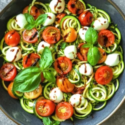 - 2 medium zucchinis, spiralized - 1 cup cherry tomatoes, halved - 1 cup fresh mozzarella balls (bocconcini) - 1/4 cup fresh basil leaves, torn - 2 tablespoons balsamic vinegar - 2 tablespoons extra virgin olive oil - Salt and pepper to taste - 1/4 teaspoon garlic powder (optional) In this Caprese Zoodle Salad, the main ingredients shine. Zucchini makes the perfect base. When you spiralize it, you get fun, noodle-like shapes. The cherry tomatoes add a burst of sweetness. They pop in your mouth with flavor. Fresh mozzarella brings creamy goodness. It melts slightly against the warm zoodles. For extra freshness, I like to add torn basil leaves. They give a fragrant touch. The balsamic vinegar adds a tangy kick. It balances the salad and enhances the flavors. Extra virgin olive oil adds richness. It ties everything together in a smooth dressing. In terms of seasoning, keep it simple. Just add salt and pepper to taste. If you want more flavor, sprinkle in some garlic powder. This optional ingredient can give a nice twist. For the full recipe, check out the details above. Enjoy making this fresh and colorful dish! To start, you need to spiralize the zucchinis. This makes beautiful zoodles. You can use a spiralizer, which is easy and fun. If you don’t have one, a vegetable peeler works too. Just peel the zucchini into thin strips. Aim for long, noodle-like shapes. You want about two medium zucchinis for this dish. Next, grab a large mixing bowl. Add the spiralized zucchini, halved cherry tomatoes, and fresh mozzarella balls. The colors will pop, and the salad will look fresh. Then, toss in the torn basil leaves. It adds a nice aroma and flavor. Mix everything gently, so you don’t break the mozzarella. This step is all about combining the fresh ingredients. Now let’s make the dressing. In a small bowl, whisk together two tablespoons of balsamic vinegar and two tablespoons of extra virgin olive oil. You can add a pinch of salt and pepper to taste. If you like garlic, sprinkle in a little garlic powder. Whisk until it blends well. Pour this dressing over the zoodle mixture. Toss gently to coat everything. Let the salad sit for about five minutes. This helps the flavors blend nicely. You can serve it right away or chill it for a cooler dish. For the complete recipe, check out the Full Recipe section. Enjoy your fresh and flavorful Caprese Zoodle Salad! To make the best zoodles, use fresh, firm zucchinis. A spiralizer works wonders for creating long, thin noodles. If you don’t have one, a vegetable peeler can help too. Just slice the zucchini into thin strips. Remember to keep the skin on for added color and nutrients. After spiralizing, sprinkle a little salt on the zoodles. This helps to draw out excess water. Let them sit for about 10 minutes. Then, pat them dry with a paper towel. This step keeps the salad from getting too watery. For extra flavor, think about adding fresh herbs or spices. Chopped parsley, oregano, or thyme pair well with this dish. A pinch of red pepper flakes will add a nice kick. You can also mix in some fresh lemon juice for brightness. Experiment with flavors to find your favorite mix. Presentation can elevate your dish. Serve the Caprese zoodle salad in a large, shallow bowl. This allows the vibrant colors to shine. Top with extra basil leaves for a fresh touch. Drizzle a bit of balsamic glaze on top for added sweetness. You can even add a sprinkle of pine nuts for a crunchy texture. For a twist, serve zoodle salad in mason jars for a fun picnic idea. This way, you can layer the ingredients and keep everything fresh. Enjoy your meal! {{image_2}} You can add many vegetables to your Caprese zoodle salad. Here are some options: - Bell peppers: They add crunch and color. - Cucumbers: These bring a refreshing coolness. - Carrots: Grated carrots give a sweet touch. - Radishes: They add a nice peppery bite. - Avocado: Creamy avocado makes it rich and filling. Feel free to mix and match these veggies. Just cut them into small pieces for a nice balance. If you want to make this salad vegan or gluten-free, here are some tips: - Vegan: Replace mozzarella with vegan cheese or chickpeas for protein. - Gluten-free: This salad is already gluten-free, so you’re good to go! Always check labels when using processed items to ensure they meet your dietary needs. Using seasonal produce can make your salad even better. Here’s how: - Summer: Use ripe heirloom tomatoes for extra flavor. - Fall: Add roasted butternut squash for warmth. - Winter: Try using kale instead of zoodles for a hearty twist. - Spring: Snap peas can add a sweet crunch. Choose what’s fresh at the market. It will make your dish taste amazing! To keep your Caprese zoodle salad fresh, store it in an airtight container. Make sure the lid fits tightly. Place the salad in the fridge right after serving. This helps keep the flavors bright and the ingredients crisp. If you add dressing, do this just before serving. Adding dressing early can make the zoodles soggy. You can make this zoodle salad in advance. To do this, spiralize the zucchinis and store them in a separate container. Keep the cherry tomatoes, mozzarella, and basil in their own containers too. This way, you will keep everything fresh. When you are ready to enjoy, mix all the ingredients and add the dressing. This keeps the salad tasting fresh and delicious. The Caprese zoodle salad will last for about 2 days in the fridge. After this time, the zoodles may lose their crunch. If you notice any signs of spoilage, like a bad smell or slimy texture, it is best to toss it out. Always trust your senses! Enjoy your zoodle salad within this time for the best taste and texture. You can find the full recipe above for more details. Zoodles are noodles made from zucchini. They are a great low-carb alternative to pasta. Zoodles are light and fresh, making them ideal for salads. They are also rich in vitamins and minerals. Using zoodles can help you eat more vegetables. Plus, they add a fun twist to your dishes. Enjoying zoodles can make your meals colorful and healthy. Yes, you can prep this salad in advance. To keep it fresh, store the zoodles separately from the dressing. Mix the salad when you are ready to eat. This helps keep the zoodles crisp. You can chop the other ingredients ahead of time. Just be sure to keep them refrigerated. This will not compromise the taste or texture of your salad. You can make zoodles without a spiralizer using a vegetable peeler. Simply peel the zucchini into long strips. You can also use a box grater to create thin strips. Both methods work well if you don't have a spiralizer. Just be sure to make them as thin as you can for the best texture. Fresh zoodles are easy to make and taste great in this salad. For the full recipe, check out the Caprese Zoodle Salad. This blog post explored a fresh zoodle salad. We discussed key ingredients like zucchini, cherry tomatoes, and mozzarella. You learned how to prepare zoodles and mix them with basil and dressing. I shared tips on enhancing flavors and suggested various healthy substitutions. To wrap it up, this zoodle salad is easy, fun, and healthy. Enjoy making it your own with different ingredients or twists. Get creative and have fun!