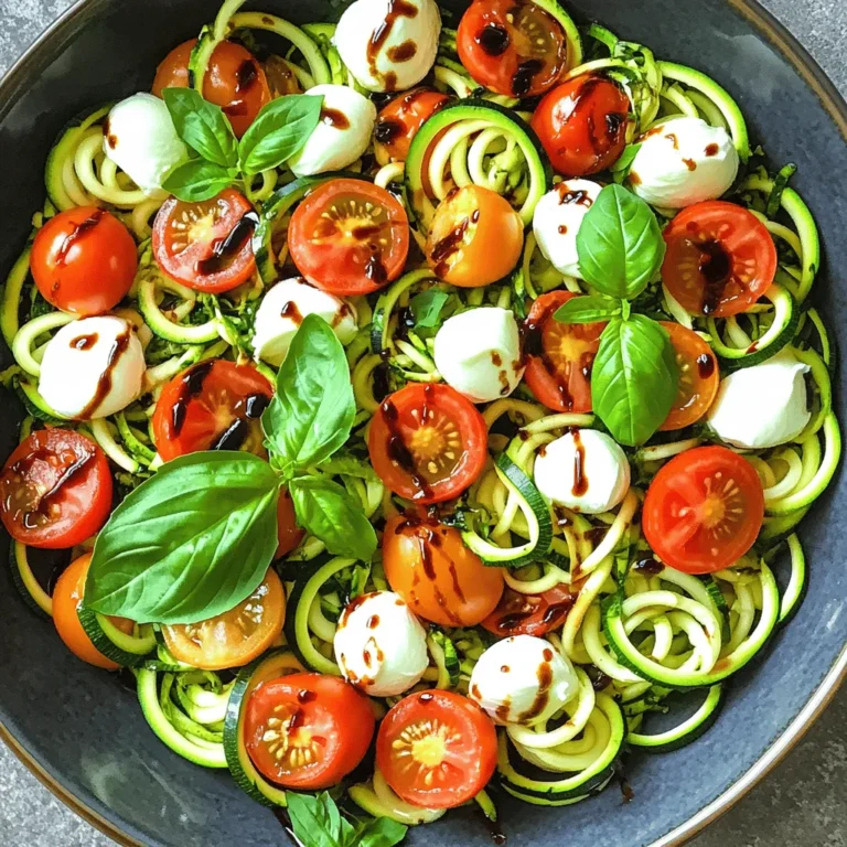 - 2 medium zucchinis, spiralized - 1 cup cherry tomatoes, halved - 1 cup fresh mozzarella balls (bocconcini) - 1/4 cup fresh basil leaves, torn - 2 tablespoons balsamic vinegar - 2 tablespoons extra virgin olive oil - Salt and pepper to taste - 1/4 teaspoon garlic powder (optional) In this Caprese Zoodle Salad, the main ingredients shine. Zucchini makes the perfect base. When you spiralize it, you get fun, noodle-like shapes. The cherry tomatoes add a burst of sweetness. They pop in your mouth with flavor. Fresh mozzarella brings creamy goodness. It melts slightly against the warm zoodles. For extra freshness, I like to add torn basil leaves. They give a fragrant touch. The balsamic vinegar adds a tangy kick. It balances the salad and enhances the flavors. Extra virgin olive oil adds richness. It ties everything together in a smooth dressing. In terms of seasoning, keep it simple. Just add salt and pepper to taste. If you want more flavor, sprinkle in some garlic powder. This optional ingredient can give a nice twist. For the full recipe, check out the details above. Enjoy making this fresh and colorful dish! To start, you need to spiralize the zucchinis. This makes beautiful zoodles. You can use a spiralizer, which is easy and fun. If you don’t have one, a vegetable peeler works too. Just peel the zucchini into thin strips. Aim for long, noodle-like shapes. You want about two medium zucchinis for this dish. Next, grab a large mixing bowl. Add the spiralized zucchini, halved cherry tomatoes, and fresh mozzarella balls. The colors will pop, and the salad will look fresh. Then, toss in the torn basil leaves. It adds a nice aroma and flavor. Mix everything gently, so you don’t break the mozzarella. This step is all about combining the fresh ingredients. Now let’s make the dressing. In a small bowl, whisk together two tablespoons of balsamic vinegar and two tablespoons of extra virgin olive oil. You can add a pinch of salt and pepper to taste. If you like garlic, sprinkle in a little garlic powder. Whisk until it blends well. Pour this dressing over the zoodle mixture. Toss gently to coat everything. Let the salad sit for about five minutes. This helps the flavors blend nicely. You can serve it right away or chill it for a cooler dish. For the complete recipe, check out the Full Recipe section. Enjoy your fresh and flavorful Caprese Zoodle Salad! To make the best zoodles, use fresh, firm zucchinis. A spiralizer works wonders for creating long, thin noodles. If you don’t have one, a vegetable peeler can help too. Just slice the zucchini into thin strips. Remember to keep the skin on for added color and nutrients. After spiralizing, sprinkle a little salt on the zoodles. This helps to draw out excess water. Let them sit for about 10 minutes. Then, pat them dry with a paper towel. This step keeps the salad from getting too watery. For extra flavor, think about adding fresh herbs or spices. Chopped parsley, oregano, or thyme pair well with this dish. A pinch of red pepper flakes will add a nice kick. You can also mix in some fresh lemon juice for brightness. Experiment with flavors to find your favorite mix. Presentation can elevate your dish. Serve the Caprese zoodle salad in a large, shallow bowl. This allows the vibrant colors to shine. Top with extra basil leaves for a fresh touch. Drizzle a bit of balsamic glaze on top for added sweetness. You can even add a sprinkle of pine nuts for a crunchy texture. For a twist, serve zoodle salad in mason jars for a fun picnic idea. This way, you can layer the ingredients and keep everything fresh. Enjoy your meal! {{image_2}} You can add many vegetables to your Caprese zoodle salad. Here are some options: - Bell peppers: They add crunch and color. - Cucumbers: These bring a refreshing coolness. - Carrots: Grated carrots give a sweet touch. - Radishes: They add a nice peppery bite. - Avocado: Creamy avocado makes it rich and filling. Feel free to mix and match these veggies. Just cut them into small pieces for a nice balance. If you want to make this salad vegan or gluten-free, here are some tips: - Vegan: Replace mozzarella with vegan cheese or chickpeas for protein. - Gluten-free: This salad is already gluten-free, so you’re good to go! Always check labels when using processed items to ensure they meet your dietary needs. Using seasonal produce can make your salad even better. Here’s how: - Summer: Use ripe heirloom tomatoes for extra flavor. - Fall: Add roasted butternut squash for warmth. - Winter: Try using kale instead of zoodles for a hearty twist. - Spring: Snap peas can add a sweet crunch. Choose what’s fresh at the market. It will make your dish taste amazing! To keep your Caprese zoodle salad fresh, store it in an airtight container. Make sure the lid fits tightly. Place the salad in the fridge right after serving. This helps keep the flavors bright and the ingredients crisp. If you add dressing, do this just before serving. Adding dressing early can make the zoodles soggy. You can make this zoodle salad in advance. To do this, spiralize the zucchinis and store them in a separate container. Keep the cherry tomatoes, mozzarella, and basil in their own containers too. This way, you will keep everything fresh. When you are ready to enjoy, mix all the ingredients and add the dressing. This keeps the salad tasting fresh and delicious. The Caprese zoodle salad will last for about 2 days in the fridge. After this time, the zoodles may lose their crunch. If you notice any signs of spoilage, like a bad smell or slimy texture, it is best to toss it out. Always trust your senses! Enjoy your zoodle salad within this time for the best taste and texture. You can find the full recipe above for more details. Zoodles are noodles made from zucchini. They are a great low-carb alternative to pasta. Zoodles are light and fresh, making them ideal for salads. They are also rich in vitamins and minerals. Using zoodles can help you eat more vegetables. Plus, they add a fun twist to your dishes. Enjoying zoodles can make your meals colorful and healthy. Yes, you can prep this salad in advance. To keep it fresh, store the zoodles separately from the dressing. Mix the salad when you are ready to eat. This helps keep the zoodles crisp. You can chop the other ingredients ahead of time. Just be sure to keep them refrigerated. This will not compromise the taste or texture of your salad. You can make zoodles without a spiralizer using a vegetable peeler. Simply peel the zucchini into long strips. You can also use a box grater to create thin strips. Both methods work well if you don't have a spiralizer. Just be sure to make them as thin as you can for the best texture. Fresh zoodles are easy to make and taste great in this salad. For the full recipe, check out the Caprese Zoodle Salad. This blog post explored a fresh zoodle salad. We discussed key ingredients like zucchini, cherry tomatoes, and mozzarella. You learned how to prepare zoodles and mix them with basil and dressing. I shared tips on enhancing flavors and suggested various healthy substitutions. To wrap it up, this zoodle salad is easy, fun, and healthy. Enjoy making it your own with different ingredients or twists. Get creative and have fun!