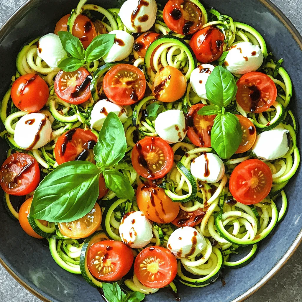 - 2 medium zucchinis, spiralized - 1 cup cherry tomatoes, halved - 1 cup fresh mozzarella balls (bocconcini) - 1/4 cup fresh basil leaves, torn - 2 tablespoons balsamic vinegar - 2 tablespoons extra virgin olive oil - Salt and pepper to taste - 1/4 teaspoon garlic powder (optional) In this Caprese Zoodle Salad, the main ingredients shine. Zucchini makes the perfect base. When you spiralize it, you get fun, noodle-like shapes. The cherry tomatoes add a burst of sweetness. They pop in your mouth with flavor. Fresh mozzarella brings creamy goodness. It melts slightly against the warm zoodles. For extra freshness, I like to add torn basil leaves. They give a fragrant touch. The balsamic vinegar adds a tangy kick. It balances the salad and enhances the flavors. Extra virgin olive oil adds richness. It ties everything together in a smooth dressing. In terms of seasoning, keep it simple. Just add salt and pepper to taste. If you want more flavor, sprinkle in some garlic powder. This optional ingredient can give a nice twist. For the full recipe, check out the details above. Enjoy making this fresh and colorful dish! To start, you need to spiralize the zucchinis. This makes beautiful zoodles. You can use a spiralizer, which is easy and fun. If you don’t have one, a vegetable peeler works too. Just peel the zucchini into thin strips. Aim for long, noodle-like shapes. You want about two medium zucchinis for this dish. Next, grab a large mixing bowl. Add the spiralized zucchini, halved cherry tomatoes, and fresh mozzarella balls. The colors will pop, and the salad will look fresh. Then, toss in the torn basil leaves. It adds a nice aroma and flavor. Mix everything gently, so you don’t break the mozzarella. This step is all about combining the fresh ingredients. Now let’s make the dressing. In a small bowl, whisk together two tablespoons of balsamic vinegar and two tablespoons of extra virgin olive oil. You can add a pinch of salt and pepper to taste. If you like garlic, sprinkle in a little garlic powder. Whisk until it blends well. Pour this dressing over the zoodle mixture. Toss gently to coat everything. Let the salad sit for about five minutes. This helps the flavors blend nicely. You can serve it right away or chill it for a cooler dish. For the complete recipe, check out the Full Recipe section. Enjoy your fresh and flavorful Caprese Zoodle Salad! To make the best zoodles, use fresh, firm zucchinis. A spiralizer works wonders for creating long, thin noodles. If you don’t have one, a vegetable peeler can help too. Just slice the zucchini into thin strips. Remember to keep the skin on for added color and nutrients. After spiralizing, sprinkle a little salt on the zoodles. This helps to draw out excess water. Let them sit for about 10 minutes. Then, pat them dry with a paper towel. This step keeps the salad from getting too watery. For extra flavor, think about adding fresh herbs or spices. Chopped parsley, oregano, or thyme pair well with this dish. A pinch of red pepper flakes will add a nice kick. You can also mix in some fresh lemon juice for brightness. Experiment with flavors to find your favorite mix. Presentation can elevate your dish. Serve the Caprese zoodle salad in a large, shallow bowl. This allows the vibrant colors to shine. Top with extra basil leaves for a fresh touch. Drizzle a bit of balsamic glaze on top for added sweetness. You can even add a sprinkle of pine nuts for a crunchy texture. For a twist, serve zoodle salad in mason jars for a fun picnic idea. This way, you can layer the ingredients and keep everything fresh. Enjoy your meal! {{image_2}} You can add many vegetables to your Caprese zoodle salad. Here are some options: - Bell peppers: They add crunch and color. - Cucumbers: These bring a refreshing coolness. - Carrots: Grated carrots give a sweet touch. - Radishes: They add a nice peppery bite. - Avocado: Creamy avocado makes it rich and filling. Feel free to mix and match these veggies. Just cut them into small pieces for a nice balance. If you want to make this salad vegan or gluten-free, here are some tips: - Vegan: Replace mozzarella with vegan cheese or chickpeas for protein. - Gluten-free: This salad is already gluten-free, so you’re good to go! Always check labels when using processed items to ensure they meet your dietary needs. Using seasonal produce can make your salad even better. Here’s how: - Summer: Use ripe heirloom tomatoes for extra flavor. - Fall: Add roasted butternut squash for warmth. - Winter: Try using kale instead of zoodles for a hearty twist. - Spring: Snap peas can add a sweet crunch. Choose what’s fresh at the market. It will make your dish taste amazing! To keep your Caprese zoodle salad fresh, store it in an airtight container. Make sure the lid fits tightly. Place the salad in the fridge right after serving. This helps keep the flavors bright and the ingredients crisp. If you add dressing, do this just before serving. Adding dressing early can make the zoodles soggy. You can make this zoodle salad in advance. To do this, spiralize the zucchinis and store them in a separate container. Keep the cherry tomatoes, mozzarella, and basil in their own containers too. This way, you will keep everything fresh. When you are ready to enjoy, mix all the ingredients and add the dressing. This keeps the salad tasting fresh and delicious. The Caprese zoodle salad will last for about 2 days in the fridge. After this time, the zoodles may lose their crunch. If you notice any signs of spoilage, like a bad smell or slimy texture, it is best to toss it out. Always trust your senses! Enjoy your zoodle salad within this time for the best taste and texture. You can find the full recipe above for more details. Zoodles are noodles made from zucchini. They are a great low-carb alternative to pasta. Zoodles are light and fresh, making them ideal for salads. They are also rich in vitamins and minerals. Using zoodles can help you eat more vegetables. Plus, they add a fun twist to your dishes. Enjoying zoodles can make your meals colorful and healthy. Yes, you can prep this salad in advance. To keep it fresh, store the zoodles separately from the dressing. Mix the salad when you are ready to eat. This helps keep the zoodles crisp. You can chop the other ingredients ahead of time. Just be sure to keep them refrigerated. This will not compromise the taste or texture of your salad. You can make zoodles without a spiralizer using a vegetable peeler. Simply peel the zucchini into long strips. You can also use a box grater to create thin strips. Both methods work well if you don't have a spiralizer. Just be sure to make them as thin as you can for the best texture. Fresh zoodles are easy to make and taste great in this salad. For the full recipe, check out the Caprese Zoodle Salad. This blog post explored a fresh zoodle salad. We discussed key ingredients like zucchini, cherry tomatoes, and mozzarella. You learned how to prepare zoodles and mix them with basil and dressing. I shared tips on enhancing flavors and suggested various healthy substitutions. To wrap it up, this zoodle salad is easy, fun, and healthy. Enjoy making it your own with different ingredients or twists. Get creative and have fun!