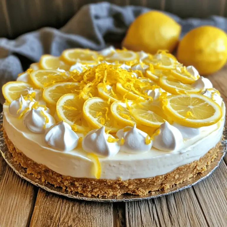 - 16 oz cream cheese, softened - 1 cup heavy whipping cream - ½ cup fresh lemon juice - 1 ½ cups graham cracker crumbs - ½ cup unsalted butter, melted - 1 cup powdered sugar When making no-bake lemon cheesecake, you want creamy and smooth filling. Cream cheese gives it that rich base. Heavy whipping cream adds lightness and fluffy texture. Fresh lemon juice brings a zesty kick that makes every bite refreshing. The crust is just as important. Graham cracker crumbs provide a sweet, crunchy base. Unsalted butter helps bind the crumbs. Powdered sugar adds just the right amount of sweetness to the crust. - Lemon zest - Thin lemon slices Garnishes can elevate your cheesecake. Lemon zest adds extra brightness and aroma. Thin lemon slices look pretty and add a fresh touch. These simple additions make your dessert even more inviting. - 9-inch springform pan - Electric mixer - Mixing bowls Having the right tools makes cooking easier. A 9-inch springform pan helps create a nice shape. An electric mixer saves time when beating the cream cheese. Mixing bowls are essential for combining your ingredients smoothly. For more details, check the Full Recipe. To start, you need to prepare the crust. In a medium bowl, combine the graham cracker crumbs, melted butter, and sugar. Mix these well until the crumbs are coated and look like wet sand. This is key for a good crust. Next, take a 9-inch springform pan and press the crumb mixture firmly into the bottom. Use the back of a measuring cup to pack it down tightly. This helps it hold together. Place the pan in the refrigerator to set while you make the filling. Now, let’s make the filling. In a large mixing bowl, beat the softened cream cheese with an electric mixer. Mix it until it's smooth and creamy, which usually takes about 2-3 minutes. Next, gradually add the powdered sugar and keep mixing until it’s all blended. Then add the lemon zest, fresh lemon juice, vanilla extract, and a pinch of salt. Mix this well until everything is combined. This is where the magic happens, as the flavors come together beautifully. Now it’s time to put it all together. In another bowl, whip the heavy cream until stiff peaks form. This means it should hold its shape when you lift the beaters out. Gently fold the whipped cream into the lemon cream cheese mixture. Be careful not to deflate it. This keeps the filling light and airy. Once combined, pour the filling over your prepared crust. Smooth the top with a spatula. Cover the cheesecake with plastic wrap and refrigerate it for at least 4 hours or overnight. This setting time is crucial for a perfect slice. When ready, carefully remove it from the springform pan and serve. Enjoy your zesty no-bake lemon cheesecake! To get a light and fluffy cheesecake, use gentle folding. When you mix the whipped cream into the cream cheese mix, do it slowly. Start by adding a small amount of whipped cream. Stir it gently. This helps to loosen the cream cheese. Then, add the rest of the whipped cream. Use a spatula to fold it in. Be careful not to stir too hard. You want to keep the air in the whipped cream. This air gives your cheesecake a nice, soft feel. Fresh lemons and good cream cheese make a big difference. When you pick lemons, look for ones that feel heavy for their size. They should have a nice, bright color. This means they are juicy. For cream cheese, choose a brand that is smooth and creamy. Avoid low-fat versions. They can make your cheesecake too runny. Always check the expiration date to ensure freshness. Using quality ingredients helps make your no-bake lemon cheesecake taste amazing. How you serve your cheesecake can impress your guests. After removing the cheesecake from the pan, place it on a nice plate. You can sprinkle more lemon zest on top. Thin lemon slices also make a pretty touch. If you want to be fancy, add a few mint leaves. Serve it cold for a refreshing treat. Place the cheesecake in the fridge until you are ready to serve. This keeps it firm and tasty. For more ideas, check the Full Recipe. {{image_2}} You can change the flavor of your cheesecake easily. Adding different citrus flavors gives a fresh twist. Try lime or orange for fun variations. You can also infuse berries like strawberries or blueberries. Just mash the berries and mix them into the filling for a burst of flavor. This way, each bite is a new taste adventure! If you need a dairy-free option, I have great substitutes. Use cashew cream instead of cream cheese. Soak cashews in water for a few hours, then blend until smooth. Coconut cream is another option for a rich texture. Use maple syrup or agave instead of powdered sugar. This will keep your cheesecake sweet without dairy. For those avoiding gluten, you can easily switch the crust. Use ground nuts like almonds or walnuts instead of graham crackers. You can also find gluten-free cookies for the crust. Just crush them and mix with melted butter. This gives a crunchy base without gluten. These simple swaps help everyone enjoy this treat! For the full recipe, check out the [Full Recipe]. To keep your no-bake lemon cheesecake fresh, store it in the fridge. Use an airtight container or cover it tightly with plastic wrap. This keeps moisture out and prevents odors from other foods affecting the taste. Place it on a middle shelf for the best temperature. Avoid the fridge door, where temperatures can vary. If you want to save some for later, freezing is a great option. First, let the cheesecake set completely in the fridge. Then, wrap it tightly in plastic wrap, followed by aluminum foil. This extra layer prevents freezer burn. Label the package with the date and type. You can freeze it for up to three months. To thaw, place it in the fridge overnight before serving. For the best taste and texture, enjoy your cheesecake within 3 to 5 days if stored in the fridge. After that, it may lose its creamy quality. If frozen, try to eat it within three months for the best flavor. Always check for any changes in smell or texture before indulging. Store leftovers properly, and you’ll enjoy this zesty treat longer! The main difference lies in texture and preparation. Baked cheesecake has a dense and creamy texture. You cook it in the oven, which gives it a firmer body. No-bake cheesecake, like this lemon version, is light and airy. You mix the ingredients and chill them to set. This method makes it quicker and easier. Yes, you can use low-fat cream cheese. It will change the taste and texture slightly. Your cheesecake may be less rich but still tasty. I recommend mixing it with regular cream cheese for the best flavor. Experiment and see what you like best! This cheesecake will last about 3 to 5 days in the fridge. Make sure to store it in an airtight container. This keeps it fresh and safe to eat. If you want to save it longer, consider freezing it. For the best taste, enjoy within the first few days after making. Check the [Full Recipe] for more tips on storage! You learned how to make a no-bake lemon cheesecake using simple ingredients. We covered the essential ingredients, step-by-step instructions, and tips for success. I shared variations for different diets and how to store your cheesecake. This dessert is easy and fun to make. You can impress friends and family with your delicious creation. Enjoy making it your own with flavors and garnishes. Now, it’s time to get in the kitchen and create your perfect cheesecake!