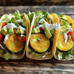 First, preheat your oven to 425°F (220°C). This temperature helps the zucchini get nice and crispy. Next, grab your zucchinis and slice them into thin rounds. Aim for about 1/4 inch thick. Thin slices cook better and become crispier. In a mixing bowl, combine the cornmeal, chili powder, garlic powder, onion powder, cumin, salt, and pepper. This mix adds great flavor! Now, take each zucchini round and dip it into the cornmeal mixture. Make sure to coat both sides evenly. Place the coated rounds on your prepared baking sheet. Now, it’s time to bake! Place the baking sheet in the oven. Bake the zucchini for about 20-25 minutes. Halfway through, flip the rounds to ensure they cook evenly. You’ll know they are crispy when they turn golden brown. For the full recipe, check the complete instructions in the earlier section. Enjoy your cooking! To get your zucchini tacos crispy, oven temperature is key. I recommend preheating your oven to 425°F (220°C). This high heat helps the zucchini brown well. If you find your zucchini isn't crispy enough, try baking them a bit longer. Just keep an eye on them to avoid burning. Using fresh, quality ingredients makes a big difference. Choose firm zucchinis with no soft spots. Fresh cornmeal also helps achieve that tasty crunch. A good mix of spices adds flavor and enhances the crispiness. When assembling your tacos, layer the crispy zucchini first. This keeps the tortillas from getting soggy. Add shredded lettuce and diced tomatoes on top. These fresh toppings give a nice crunch and flavor. Slices of avocado add creaminess that pairs well with the spices. For sides, I like serving these tacos with a fresh salad or black beans. A refreshing drink, like limeade or iced tea, complements the meal perfectly. If you're feeling adventurous, try adding a salsa or hot sauce for an extra kick. For the full details, check the Full Recipe. {{image_2}} To make crispy zucchini tacos vegan, you can easily swap out dairy ingredients. Instead of sour cream, try using dairy-free yogurt. It gives a similar texture and taste without the dairy. You can also use avocado or a homemade cashew cream for a rich flavor. For a gluten-free option, use gluten-free cornmeal. This change keeps the crunch factor while making the dish safe for those with gluten sensitivities. You can also use corn tortillas, which are naturally gluten-free. To take your tacos to the next level, add extra toppings and sauces. Consider spicy salsa or a zesty lime crema. These add flavor and a fresh kick. You can also try pickled onions or jalapeños for a tangy bite. Incorporating different vegetables can also enhance your tacos. Try adding roasted bell peppers or corn for a sweet crunch. You can even mix in some black beans for added protein and texture. For the full recipe, check out Crispy Zucchini Tacos 🥒. To keep your crispy zucchini tacos fresh, use an airtight container. Glass containers work well. They do not absorb odors and keep food safe. You can also use plastic containers; just ensure they seal tightly. Place a paper towel inside to absorb extra moisture. This helps prevent sogginess. Store the tacos in the fridge for up to three days. Reheating these tacos can be tricky. You want to keep them crispy. The best way is to use an oven. Preheat the oven to 350°F (175°C). Place the tacos on a baking sheet. Heat for about 10 to 15 minutes. This method helps the tacos regain their crunch. You can also use an air fryer if you have one. Set it to 350°F (175°C) and cook for 5 to 7 minutes. Enjoy your delicious crispy zucchini tacos again! For the complete recipe, check the [Full Recipe]. To make your zucchini tacos crispy, start by slicing the zucchinis into thin rounds. A thin cut helps them crisp up in the oven. Next, coat each round in a mix of cornmeal and spices. This adds crunch and flavor. Bake them at 425°F (220°C) for 20 to 25 minutes. Flip them halfway to ensure even cooking. For extra crunch, let them cool for a few minutes before serving. Yes, you can prepare some parts ahead of time. Slice the zucchinis and mix the cornmeal with spices the night before. Store them in the fridge. When you're ready to cook, simply coat the zucchini and bake. You can also prepare the toppings in advance. Chop the lettuce, tomatoes, and slice the avocado. This saves time and makes taco night easy. If you want alternatives to tortillas, you have many choices. Lettuce leaves work great for a low-carb option. You can also use whole grain wraps for extra fiber. For a fun twist, try using roasted sweet potato slices or corn pancakes. Each option gives a unique taste and texture to your meal. In this article, I shared how to make tasty zucchini tacos. We covered the key ingredients, from zucchini to spices, and detailed each step. You learned tips for crispiness and ways to customize your tacos. I also discussed storage tips and answered common questions. Zucchini tacos are easy and fun to make. You can enjoy them fresh or modify them to your taste. Try these ideas, and you'll impress your friends and family with delicious meals!