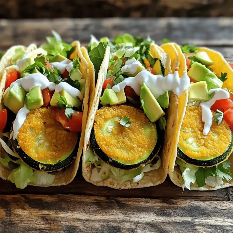 First, preheat your oven to 425°F (220°C). This temperature helps the zucchini get nice and crispy. Next, grab your zucchinis and slice them into thin rounds. Aim for about 1/4 inch thick. Thin slices cook better and become crispier. In a mixing bowl, combine the cornmeal, chili powder, garlic powder, onion powder, cumin, salt, and pepper. This mix adds great flavor! Now, take each zucchini round and dip it into the cornmeal mixture. Make sure to coat both sides evenly. Place the coated rounds on your prepared baking sheet. Now, it’s time to bake! Place the baking sheet in the oven. Bake the zucchini for about 20-25 minutes. Halfway through, flip the rounds to ensure they cook evenly. You’ll know they are crispy when they turn golden brown. For the full recipe, check the complete instructions in the earlier section. Enjoy your cooking! To get your zucchini tacos crispy, oven temperature is key. I recommend preheating your oven to 425°F (220°C). This high heat helps the zucchini brown well. If you find your zucchini isn't crispy enough, try baking them a bit longer. Just keep an eye on them to avoid burning. Using fresh, quality ingredients makes a big difference. Choose firm zucchinis with no soft spots. Fresh cornmeal also helps achieve that tasty crunch. A good mix of spices adds flavor and enhances the crispiness. When assembling your tacos, layer the crispy zucchini first. This keeps the tortillas from getting soggy. Add shredded lettuce and diced tomatoes on top. These fresh toppings give a nice crunch and flavor. Slices of avocado add creaminess that pairs well with the spices. For sides, I like serving these tacos with a fresh salad or black beans. A refreshing drink, like limeade or iced tea, complements the meal perfectly. If you're feeling adventurous, try adding a salsa or hot sauce for an extra kick. For the full details, check the Full Recipe. {{image_2}} To make crispy zucchini tacos vegan, you can easily swap out dairy ingredients. Instead of sour cream, try using dairy-free yogurt. It gives a similar texture and taste without the dairy. You can also use avocado or a homemade cashew cream for a rich flavor. For a gluten-free option, use gluten-free cornmeal. This change keeps the crunch factor while making the dish safe for those with gluten sensitivities. You can also use corn tortillas, which are naturally gluten-free. To take your tacos to the next level, add extra toppings and sauces. Consider spicy salsa or a zesty lime crema. These add flavor and a fresh kick. You can also try pickled onions or jalapeños for a tangy bite. Incorporating different vegetables can also enhance your tacos. Try adding roasted bell peppers or corn for a sweet crunch. You can even mix in some black beans for added protein and texture. For the full recipe, check out Crispy Zucchini Tacos 🥒. To keep your crispy zucchini tacos fresh, use an airtight container. Glass containers work well. They do not absorb odors and keep food safe. You can also use plastic containers; just ensure they seal tightly. Place a paper towel inside to absorb extra moisture. This helps prevent sogginess. Store the tacos in the fridge for up to three days. Reheating these tacos can be tricky. You want to keep them crispy. The best way is to use an oven. Preheat the oven to 350°F (175°C). Place the tacos on a baking sheet. Heat for about 10 to 15 minutes. This method helps the tacos regain their crunch. You can also use an air fryer if you have one. Set it to 350°F (175°C) and cook for 5 to 7 minutes. Enjoy your delicious crispy zucchini tacos again! For the complete recipe, check the [Full Recipe]. To make your zucchini tacos crispy, start by slicing the zucchinis into thin rounds. A thin cut helps them crisp up in the oven. Next, coat each round in a mix of cornmeal and spices. This adds crunch and flavor. Bake them at 425°F (220°C) for 20 to 25 minutes. Flip them halfway to ensure even cooking. For extra crunch, let them cool for a few minutes before serving. Yes, you can prepare some parts ahead of time. Slice the zucchinis and mix the cornmeal with spices the night before. Store them in the fridge. When you're ready to cook, simply coat the zucchini and bake. You can also prepare the toppings in advance. Chop the lettuce, tomatoes, and slice the avocado. This saves time and makes taco night easy. If you want alternatives to tortillas, you have many choices. Lettuce leaves work great for a low-carb option. You can also use whole grain wraps for extra fiber. For a fun twist, try using roasted sweet potato slices or corn pancakes. Each option gives a unique taste and texture to your meal. In this article, I shared how to make tasty zucchini tacos. We covered the key ingredients, from zucchini to spices, and detailed each step. You learned tips for crispiness and ways to customize your tacos. I also discussed storage tips and answered common questions. Zucchini tacos are easy and fun to make. You can enjoy them fresh or modify them to your taste. Try these ideas, and you'll impress your friends and family with delicious meals!