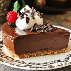 To create a no-bake chocolate cheesecake, you need a few simple ingredients. These will make both the crust and the filling rich and delightful. - For the crust: - 1 ½ cups graham cracker crumbs - ½ cup unsweetened cocoa powder - ¼ cup granulated sugar - ½ cup unsalted butter, melted - For the filling: - 16 oz cream cheese, softened - 1 cup powdered sugar - 1 cup heavy whipping cream - ½ cup semi-sweet chocolate chips, melted - 1 teaspoon vanilla extract - Pinch of salt You can add a touch of flair with some chocolate shavings or whipped cream on top. Fresh berries also look great and add color. These little details make your cheesecake even more appealing. This no-bake chocolate cheesecake is a simple yet impressive dessert. Follow the full recipe to bring this sweet treat to life! To start, gather your ingredients for the crust. You will need: - 1 ½ cups graham cracker crumbs - ½ cup unsweetened cocoa powder - ¼ cup granulated sugar - ½ cup unsalted butter, melted In a mixing bowl, combine the graham cracker crumbs, cocoa powder, and sugar. Mix these dry ingredients well. Then, add the melted butter to the bowl. Stir until the mixture feels like wet sand. This will help form a sturdy crust. Next, press this crumb mixture firmly into the bottom of a 9-inch springform pan. Make sure it is even and compact. Once done, place the crust in the fridge to chill while you prepare the filling. Now it’s time for the filling. You will need: - 16 oz cream cheese, softened - 1 cup powdered sugar - ½ cup semi-sweet chocolate chips, melted - 1 teaspoon vanilla extract - Pinch of salt In a clean bowl, beat the softened cream cheese until it is smooth. Gradually add the powdered sugar while mixing. This helps to keep the filling creamy. Next, fold in the melted chocolate, vanilla extract, and a pinch of salt. Mix until everything is smooth and chocolatey. For a light and fluffy texture, you will need: - 1 cup heavy whipping cream In another bowl, whip the heavy cream until stiff peaks form. This means the cream should hold its shape well. Gently fold the whipped cream into the chocolate cream cheese mixture. Be careful to mix without deflating the whipped cream. Once combined, pour the chocolate filling over your cooled crust. Use a spatula to spread it evenly. Cover the cheesecake with plastic wrap and refrigerate it for at least 4 hours, or overnight. This chilling time helps the cheesecake set perfectly. For the full recipe, check out the details above. To get a creamy filling, always start with softened cream cheese. This helps it blend well. Mix slowly when adding powdered sugar, and don’t rush. Folding in the whipped cream gently keeps it light and airy. For a smooth texture, make sure all ingredients are at room temperature. For the crust to hold together, press it firmly into the pan. Use a flat-bottomed glass to pack it down. The melted butter helps bind the crumbs. Let the crust chill in the fridge. This ensures it sets well before adding the filling. Decorating adds fun! Top your cheesecake with whipped cream for a fluffy touch. Chocolate shavings or curls make it look fancy. You can also sprinkle some cocoa powder on top for extra flavor. Serve each slice with fresh berries for a splash of color. This makes your dessert pop on the plate! Prepare components ahead of time. You can make the crust and filling a day in advance. Keep them in the fridge until you're ready to assemble. For quick ingredient swaps, use store-bought whipped topping instead of whipping cream. It saves time and still tastes great! Check out the Full Recipe for all the details to create this delicious treat. {{image_2}} You can make this cheesecake even more fun by adding fruits or liqueurs. Fresh fruits like raspberries or strawberries give a nice tartness. They also add a pop of color on top. Simply place some berries on the cheesecake before serving. The sweet and sour mix is delightful. If you want an adult twist, consider adding a splash of liqueur. I like using coffee or orange liqueur for extra depth. Just mix a few tablespoons into the filling. This small change can take your cheesecake to a whole new level. Want to make the cheesecake gluten-free? Swap the graham cracker crumbs for almond flour or gluten-free cookies. Both options work well to create a tasty crust. Just make sure to check the labels for gluten-free certification. If you follow a vegan diet, you can still enjoy this dessert. Use plant-based cream cheese and coconut cream instead of heavy whipping cream. Replace butter with coconut oil or vegan margarine. The flavors will still shine through, and your guests will love it. Check out the Full Recipe for more details on how to make these versions! To keep your no-bake chocolate cheesecake fresh, store leftovers in the fridge. Use a tight lid or plastic wrap to cover the cheesecake. This prevents it from absorbing other smells. You can keep it in the fridge for up to five days. If you want to keep it longer, freezing is a great option. To freeze your cheesecake, first make sure it is fully set. Wrap it well in plastic wrap. Then, place it in a freezer-safe container. This helps avoid freezer burn. You can freeze the cheesecake for up to three months. When you're ready to enjoy it again, take it out of the freezer. Let it thaw in the fridge overnight. This slow thaw keeps the texture creamy. If you need it sooner, you can thaw it at room temperature for about two hours. It’s best not to rush this process to keep the flavors intact. Yes, you can make this cheesecake ahead of time. I suggest preparing it a day before serving. This gives the cheesecake plenty of time to chill and set well. You want it cold and firm for the best slice. Just cover it tightly with plastic wrap and store it in the fridge. When it’s time to serve, it will be ready for your guests! If you want a different flavor, you can use mascarpone cheese. It gives a nice, creamy texture. Another option is Greek yogurt, which adds a tangy taste. You can also use silken tofu for a dairy-free choice. This option is great if you want a vegan cheesecake. Each alternative will change the taste a bit, but they all work well! You will know the cheesecake is set when it feels firm to the touch. Press gently in the center; it should spring back slightly. The edges will look solid, but the center may be a bit soft. After chilling, check for a slight jiggle in the middle. That means it’s ready to slice and serve! If you follow the full recipe, you'll achieve perfect results. Making this cheesecake is simple and fun. We covered all the steps, from the crust to the filling. You learned how to tweak the recipe for your tastes and dietary needs. Remember, you can store leftovers well or freeze them for later. Try different flavor ideas and toppings to impress your friends and family. With these tips, you'll become a cheesecake master in no time. Enjoy your delicious creation and share it with those you love!