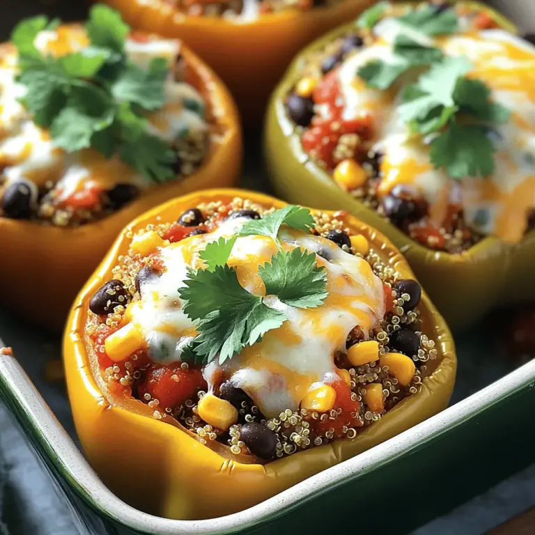 - 4 large bell peppers - 1 cup quinoa - 2 cups vegetable broth - 1 can black beans - 1 cup corn - 1 cup diced tomatoes - 1 tsp cumin - 1 tsp paprika - 1/2 tsp chili powder - Salt and pepper - Cheese for topping The main ingredients make this dish hearty and filling. Start with vibrant bell peppers. They add color and crunch. Quinoa serves as a great base. It packs protein and fiber. Using vegetable broth adds flavor to the quinoa, too. Next, we have the additional ingredients. Black beans bring a nice texture and more protein. Corn adds sweetness and a pop of color. Diced tomatoes keep everything moist and tasty. Now, let's talk about spices. Cumin gives a warm, earthy flavor. Paprika adds a mild sweetness and rich color. Chili powder brings a little heat, but you can adjust it to your taste. Don’t forget salt and pepper to enhance all the flavors. Finally, cheese on top makes everything more delicious. You can use cheddar or a dairy-free option if you prefer. This recipe is easy and fun. Follow the [Full Recipe] to create your own savory quinoa stuffed bell peppers! - Cut tops off and remove seeds. - Place in a baking dish. Start with the bell peppers. Choose four large ones, any color is fine. Cut the tops off and scoop out the seeds. This helps your filling fit inside nicely. Stand them in a baking dish, ready to be stuffed. - Combine quinoa and vegetable broth. - Simmer until fluffy. Next, you need to cook the quinoa. Rinse one cup of quinoa in cold water. This removes any bitterness. Then, mix it with two cups of vegetable broth in a pot. Bring it to a boil, then cover and let it simmer for about fifteen minutes. When it's fluffy, it’s ready. - Combine cooked quinoa with all filling ingredients. - Spoon mixture into bell peppers. In a large bowl, mix the fluffy quinoa with black beans, corn, diced tomatoes, cumin, paprika, chili powder, salt, and pepper. Stir until all ingredients blend well. Then, take a spoon and fill each bell pepper with the mixture. Pack it in nicely, so you have enough for each pepper. - Cover with foil and bake. - Remove foil for browning cheese. Now, it’s time to bake. Cover the baking dish with aluminum foil and place it in the oven at 375°F (190°C) for twenty-five minutes. After that, take off the foil and sprinkle shredded cheese on top. Bake for another ten minutes until the cheese is melted and bubbly. Enjoy your savory quinoa stuffed bell peppers! For a complete guide, check the Full Recipe. Rinsing quinoa is a key step. This removes its natural bitterness and helps enhance the flavor. Just place it in a fine mesh strainer and rinse under cold water for a minute. After rinsing, cook the quinoa in vegetable broth for added taste. The optimal cooking time is about 15 minutes. You’ll know it’s done when the quinoa is fluffy and the liquid is absorbed. When stuffing bell peppers, pack the filling tightly. This keeps the filling from falling out when you serve them. Spoon the mixture in layers to ensure even cooking. You want each bite to be packed with flavor. Place the stuffed peppers upright in a baking dish. This helps them cook evenly and look great on your plate. If you want dairy-free options, try almond or cashew cheese. These melt well and taste great. For those who enjoy cheese, cheddar is always a favorite. It melts beautifully and adds a nice richness to the dish. You can also experiment with mozzarella or pepper jack for a spicy kick. {{image_2}} You can easily make this dish suit your diet. For cheese, try using nutritional yeast. It adds a cheesy flavor without dairy. You can also use cashew cheese or almond cheese as tasty substitutes. Adding extra veggies can boost nutrition and flavor. Try chopped spinach, zucchini, or mushrooms. These veggies blend well with the quinoa and beans. You can also use kale or shredded carrots for more color and crunch. Want to spice things up? Add diced jalapeños to your filling. They add heat and a fresh taste. You can mix in diced bell peppers for added sweetness, too. For a Mediterranean twist, add feta cheese and olives. This gives your dish a rich and tangy flavor. You can also use sun-dried tomatoes and artichokes for extra flair. If you want more protein, use ground turkey or chicken. Brown the meat before mixing it with quinoa and veggies. This adds a hearty texture and flavor. You can swap beans for lentils if you prefer. Lentils cook quickly and add a nice earthy taste. They are also a great source of protein and fiber. For the full recipe, check out the details above! To keep your stuffed peppers fresh, store them in an airtight container. Place them in the fridge. This helps them last for up to four days. If you want to freeze them, wrap each pepper in plastic wrap. Then, place them in a freezer-safe bag. They will stay good for up to three months. You can reheat your peppers in the oven or microwave. For the oven, preheat it to 350°F (175°C). Place the peppers in a baking dish, cover with foil, and heat for about 20 minutes. The cheese will melt nicely this way. If you use a microwave, heat them on a plate for about 2-3 minutes. Check to see if they are warm all the way through. Meal prep can save you time in the kitchen. Make the filling ahead of time and store it in the fridge. You can also chop the peppers in advance. Use clear containers for easy viewing. When you are ready to eat, just stuff the peppers and bake them. This method works well for busy weeks. Yes, you can use other grains. Some great alternatives are: - Brown rice - Farro - Barley - Couscous These grains offer different textures and flavors, making the dish unique. Just remember to adjust cooking times based on the grain you choose. You will know the peppers are done when they are tender. Look for these signs: - The skin looks slightly wrinkled. - A fork easily pierces the flesh. - The cheese on top is melted and bubbly. These signs show that your peppers are ready to enjoy. Yes, preparing the filling ahead saves time. Here are some tips: - Cook the quinoa and mix it with the other ingredients. - Store the filling in the fridge for up to three days. - Stuff the peppers just before baking. This makes meal prep easy and quick! These stuffed peppers pair well with many sides. Here are some suggestions: - A fresh green salad - Garlic bread - Roasted vegetables - Avocado slices These options complement the flavors of the stuffed peppers perfectly. For the full recipe, check out the complete guide. In this post, we explored how to make delicious quinoa-stuffed bell peppers. We covered ingredients like peppers, quinoa, spices, and beans, plus step-by-step cooking instructions. I shared tips for perfecting your filling and cheese options. You can also try various flavors or add proteins for extra nutrition. Remember to store leftovers properly and reheat them with care. These stuffed peppers are easy to make and can fit any dietary needs. Enjoy your cooking journey with this healthy dish!