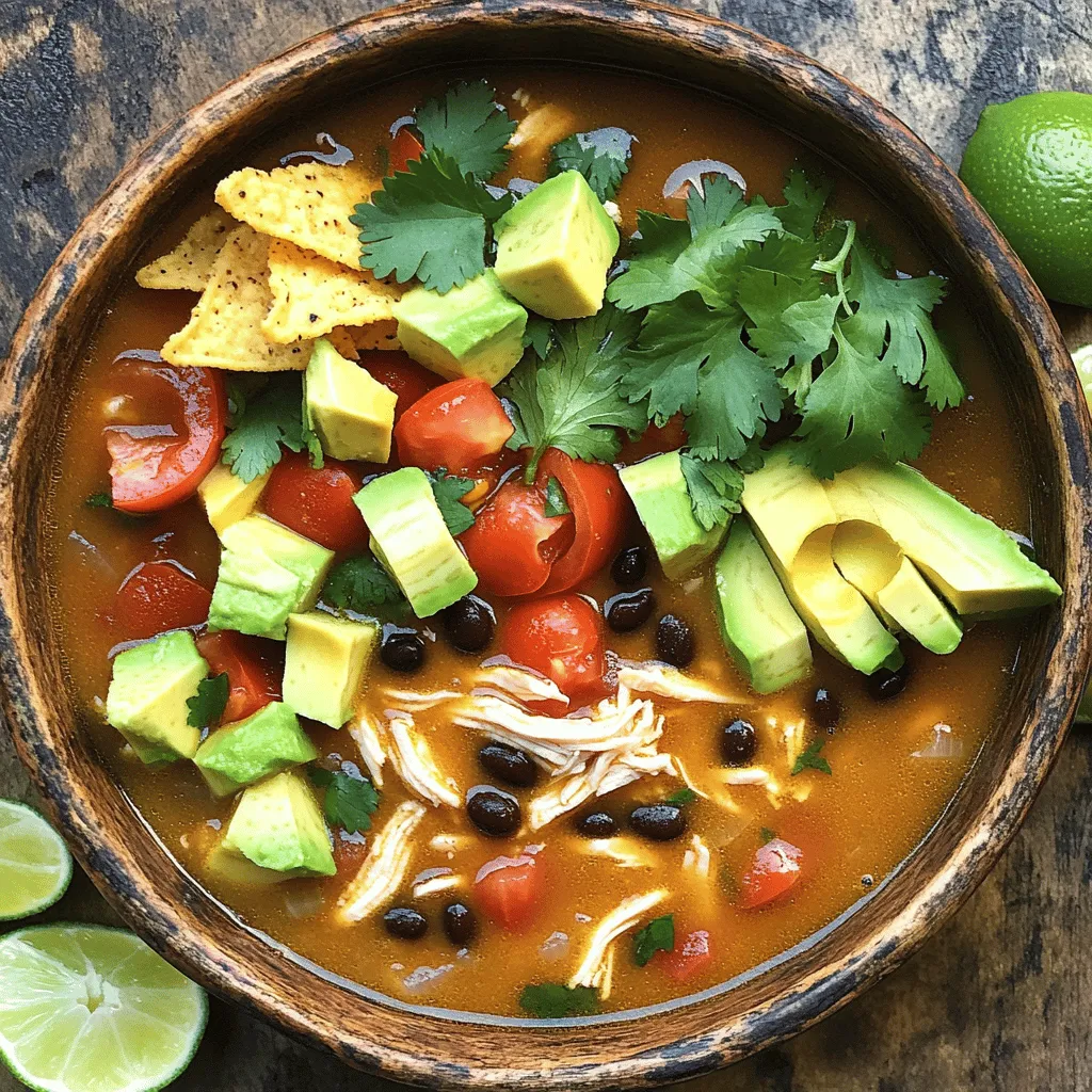 For a tasty chicken tortilla soup, gather these ingredients: - 2 tablespoons olive oil - 1 onion, diced - 2 cloves garlic, minced - 1 bell pepper, diced (any color) - 2 medium tomatoes, diced - 4 cups chicken broth - 1 teaspoon cumin - 1 teaspoon chili powder - 1 teaspoon smoked paprika - 1 pound cooked chicken, shredded - 1 can (15 oz) black beans, rinsed and drained - 1 cup corn (fresh or frozen) - Salt and pepper to taste - Tortilla chips, for serving - Fresh cilantro, chopped, for garnish - Avocado, diced, for garnish - Lime wedges, for serving Using fresh ingredients enhances the soup's flavor. Olive oil gives a nice base. Onions and garlic add depth. The bell pepper and tomatoes bring sweetness. Chicken broth provides a rich backdrop. Spices like cumin and chili powder give heat. Black beans and corn add texture and color. For the best results, use cooked chicken. You can shred leftover chicken or buy rotisserie chicken. This soup is easy to make and packed with nutrients. You can find the Full Recipe to help guide you through the cooking process. Enjoy your cooking! - Heat 2 tablespoons of olive oil in a large pot over medium heat. - Add 1 diced onion and sauté for about 3-4 minutes until it turns soft. - Stir in 2 minced garlic cloves and 1 diced bell pepper. Cook for 2 more minutes. - Next, add 2 diced tomatoes and 4 cups of chicken broth. Stir to mix well. - Bring the soup to a boil, then reduce the heat to simmer. - Let it simmer for about 15 minutes. This helps the flavors blend. - Now, add 1 can of black beans and 1 cup of corn. Cook for 5-7 minutes. - Season the soup with salt and pepper to taste. Adjust spices if needed. - Serve the soup hot. Top with tortilla chips, diced avocado, and fresh cilantro. - Add lime wedges on the side for a zesty kick. For a full step-by-step guide, check out the Full Recipe. To make your chicken tortilla soup shine, focus on spices. Cumin, chili powder, and smoked paprika bring depth. Use fresh spices for a better taste. Adjust them based on your heat level. If you like it spicy, add more chili powder or a dash of cayenne. Cooking time is also key. Simmer your soup for at least 15 minutes. This helps flavors mix well. If you want a thicker soup, cook it a bit longer. The chicken and beans will soak up some of the broth. Toppings can make your soup special. I love crumbled tortilla chips on top for crunch. Diced avocado adds creaminess, while cilantro gives a fresh kick. A squeeze of lime juice brightens the flavors. Pair your soup with sides like a simple salad or cornbread. A light beer or fruity soda makes a great drink choice. For the full recipe, check out the complete steps to create this dish. {{image_2}} You can switch up the protein in your chicken tortilla soup. Try turkey or beef for a new twist. If you want a vegetarian option, use beans or tofu. Both still pack a punch of flavor. They will still give you that hearty feel. To spice things up, add diced jalapeños to the soup. This gives it a nice kick! If you prefer a creamy texture, stir in sour cream before serving. This makes the soup rich and smooth. You can adjust these flavors based on your taste. For more tips, check the Full Recipe for easy steps to make this dish your own. You can store leftover chicken tortilla soup in the fridge. Use an airtight container. Keep it for up to three days. Before you reheat, stir the soup well. Heat it on the stove or in the microwave until hot. Add a splash of broth if it thickens too much. For long-term storage, freeze the soup. Use a freezer-safe container or bag. It can last up to three months in the freezer. When you’re ready to eat it, take it out and place it in the fridge overnight. This helps it thaw evenly. To reheat, warm it on the stove over low heat. Stir often to avoid burning. You can also use the microwave. Heat in short bursts, stirring in between. Enjoy your soup just like the first time! For the full recipe, check out the earlier section. How to make chicken tortilla soup thicker? To make your chicken tortilla soup thicker, add more beans or corn. You can also blend some of the soup and return it to the pot. This adds a creamy texture without using cream. Another method is to use less broth for a heartier soup. Can I use leftover rotisserie chicken? Yes, using leftover rotisserie chicken works great! Just shred it and add it to the soup. This saves you time and adds rich flavor to your dish. It’s a smart way to use what you have at home. Is this soup spicy? The spice level depends on your taste. The cumin and chili powder add warmth, but they aren’t too hot. If you want more heat, try adding jalapeños or extra chili powder. You can always adjust the spices to suit your liking. How long does this soup last in the fridge? Chicken tortilla soup lasts about 3 to 4 days in the fridge. Make sure to store it in an airtight container. If you want it to last longer, consider freezing it. Just remember to let it cool before freezing. You can find the full recipe [Full Recipe]. This blog post covered a delicious chicken tortilla soup recipe. You learned about the key ingredients and step-by-step cooking instructions. We shared tips for perfecting your soup and suggested variations for different tastes. Storage tips ensure your soup stays fresh. In conclusion, you can create a hearty meal with simple steps. Enjoy customizing your soup to fit your taste. Happy cooking!