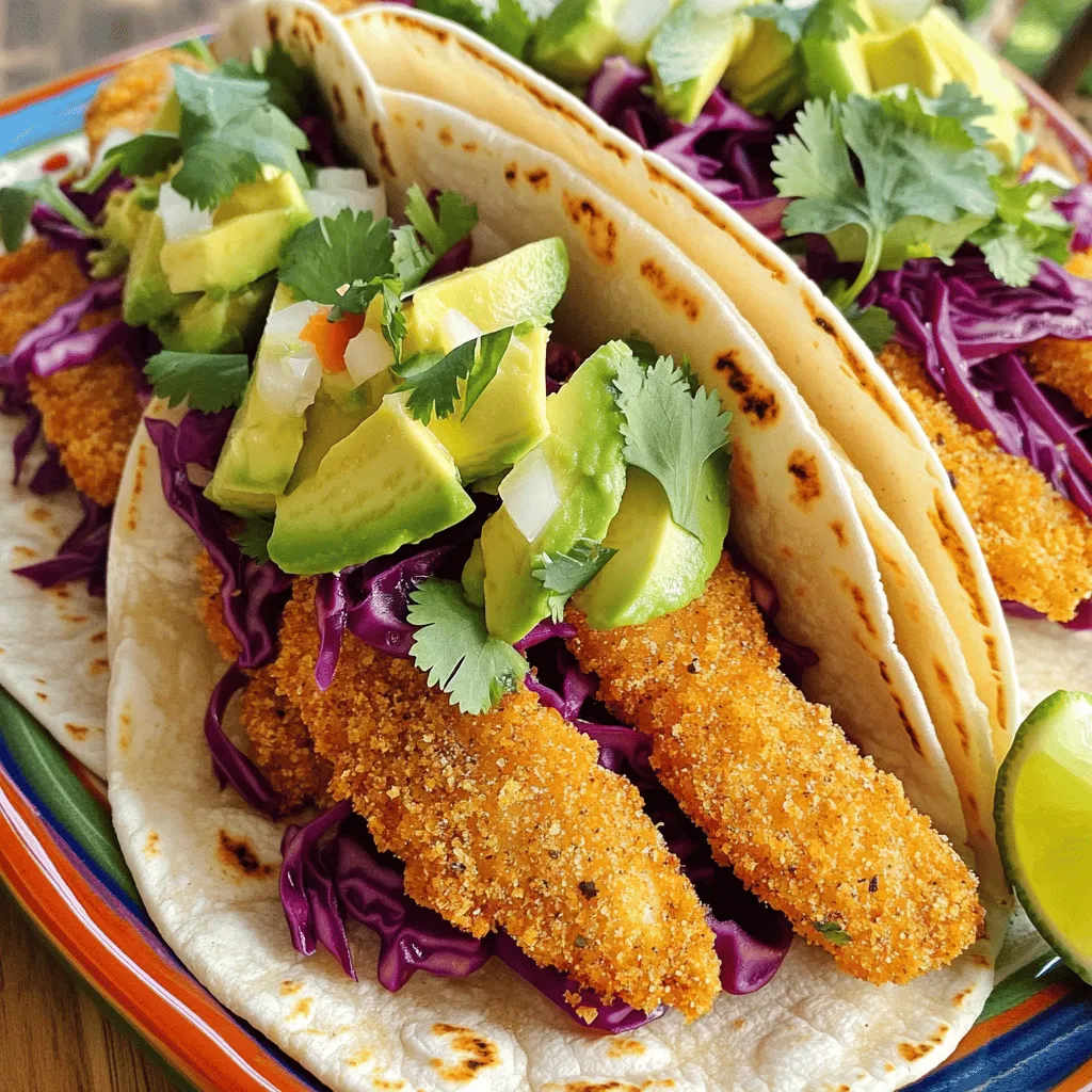- 1 lb white fish fillets (such as cod or tilapia) - 1 cup all-purpose flour - 1 cup cornmeal - 1 tsp paprika - 1/2 tsp cayenne pepper - 1/2 tsp garlic powder - 1/2 tsp salt - 1/4 tsp black pepper - 2 large eggs, beaten - Vegetable oil for frying - 8 small corn tortillas - 1/2 cup red cabbage, thinly sliced - 1 avocado, sliced - Fresh cilantro leaves for garnish - Lime wedges for serving For crispy fish tacos, start with fresh fish. I love cod or tilapia for their mild flavor. They fry up nice and crispy. The coating is key to perfect tacos. I mix flour and cornmeal for crunch. The seasonings add depth. Paprika gives color, while cayenne adds heat. Garlic powder enhances the fish's flavor. Salt and black pepper balance everything. You’ll need eggs to help the coating stick. Vegetable oil is perfect for frying. It gets nice and hot, which is crucial for that crispy texture. For the tacos, grab small corn tortillas. They hold the fish well. Top with sliced red cabbage for crunch and color. Avocado adds creaminess, making each bite delightful. Don't forget fresh cilantro! It brightens the dish. Lime wedges are a must for a fresh squeeze before you dig in. For the full recipe, refer to the complete list of ingredients and instructions. Start by drying the fish fillets with paper towels. This step is key. Moist fish will not crisp well. Cut the fillets into strips, about 1 inch wide. Next, mix the flour, cornmeal, paprika, cayenne pepper, garlic powder, salt, and black pepper in a bowl. This mixture adds great flavor. In another bowl, beat the eggs. Dip each fish strip into the eggs. Let any extra egg drip off before coating. Now, coat the fish in the flour mixture. Press lightly to help it stick well. This will give you a nice crunch when fried. Heat about 1 inch of vegetable oil in a large skillet. Medium-high heat works best, around 350°F or 175°C. You want the oil hot but not smoking. Carefully add the coated fish strips to the hot oil. Fry them in small batches. This keeps the oil hot and helps the fish crisp up. Fry each side for about 3-4 minutes until golden brown. When done, remove the fish and place it on a paper towel-lined plate. This helps drain any excess oil. You’ll love the crispy texture! Warm the corn tortillas in a dry skillet over medium heat. Heat them for about 30 seconds on each side. This step makes them soft and easy to fold. To assemble the tacos, place 2-3 pieces of crispy fish on each warm tortilla. Top them with sliced red cabbage, avocado, and fresh cilantro. The colors and flavors really pop! Serve with lime wedges on the side. Squeezing some lime juice over the tacos adds a nice zest. For the full recipe, check the details above. Enjoy your delicious, crispy fish tacos! To get that perfect crunch, heat your oil to about 350°F. This hot oil cooks the fish fast, keeping it crispy. If the oil is too cold, the fish will soak up oil and become soggy. Fry the fish in small batches. This keeps the temperature steady. If you add too many pieces at once, the fish won’t cook right. To avoid breaking, coat the fish well. Press the flour mix onto the fish firmly. This will help it stay intact while cooking. For tasty toppings, I love using sliced red cabbage and creamy avocado. These add a nice crunch and creaminess. Fresh cilantro gives a pop of color and flavor. When you serve, arrange the tacos on a bright platter. This makes them stand out. Add lime wedges on the side for squeezing. A drizzle of spicy crema or a side of salsa can really enhance the flavors. You can switch up the fish if you like! Try shrimp or salmon for a fun twist. You can also bake the fish instead of frying it. Baking is a healthy option. Just coat the fish and place it on a baking sheet. Bake at 425°F for about 15-20 minutes until golden. This method keeps it crispy without frying. Explore different cooking styles to find your favorite! For the full recipe, check the detailed instructions above. {{image_2}} You can switch up the protein in your tacos. Shrimp, chicken, or tofu work great. For shrimp, keep the cook time short. Sauté them for just 2-3 minutes until they turn pink. Chicken needs more time. Grill, bake, or sauté it until no longer pink. For tofu, press it to remove water, then cut into cubes. Sauté until golden brown. Each protein changes the flavor. Shrimp brings a sweet taste, chicken adds heartiness, and tofu offers a nice base for sauces. Toppings can make your tacos unique. Try spicy crema for a kick. Mix sour cream with lime juice and chipotle for a zesty sauce. Mango salsa adds sweetness. Just chop mango, red onion, and cilantro. Combine them with lime juice for a fresh taste. If you want a meatless taco, load up on black beans, corn, and diced peppers. These toppings balance well with the fish and add color and crunch. You can choose between hard-shell and soft-shell tacos. Hard-shell tacos add a fun crunch. Soft-shell tacos are more flexible and easier to eat. You can create a taco bar. Set out all the ingredients, so everyone can build their own taco. This makes it fun for family or friends. You can also mix and match proteins and toppings, allowing everyone to enjoy their own creation. To store leftover crispy fish, place it in an airtight container. Make sure it is cool before sealing. This keeps the fish from getting soggy. You can store it in the fridge for up to two days. For the tortillas, wrap them in a damp paper towel. Place them in a zip-top bag. This helps keep them fresh and soft. To reheat the fish and keep it crispy, use an oven. Preheat the oven to 375°F (190°C). Place the fish on a baking sheet. Bake for about 10 minutes. This method revives the crunch. For tortillas, warm them in a dry skillet over medium heat. Heat for about 30 seconds on each side. This makes them soft and ready for filling. Yes, you can freeze cooked fish! After it cools, wrap it tightly in foil. Place it in a freezer bag, and it will last for up to three months. For the tortillas, stack them with parchment paper in between. Then, wrap them well and freeze. Toppings like cabbage and avocado do not freeze well. It's best to add those fresh when you serve. For crispy fish tacos, I recommend using white fish. Cod and tilapia are great choices. They have a mild flavor and a flaky texture. Both fry well and stay crispy. When choosing fish, look for sustainable options. This helps protect ocean life. You can check for labels like MSC or ASC. These labels show the fish was caught or farmed responsibly. Yes, you can prepare fish tacos ahead. Store the cooked fish in an airtight container. Keep it in the fridge for up to two days. To reheat, use an oven or a skillet. This keeps the fish crispy. Warm tortillas in a pan for a few seconds before serving. This ensures your tacos stay fresh and delicious. You can make fish tacos gluten-free with simple swaps. Use gluten-free flour instead of all-purpose flour. This works well for the coating. For the cornmeal, look for brands that are gluten-free. Choose corn tortillas or lettuce wraps for the tacos. Both options keep the meal tasty and free from gluten. Crispy fish tacos go well with many sides. Popular choices include black beans, rice, and chips with salsa. Fresh guacamole is a delightful dip that adds creaminess. To enhance your meal, try a cold drink. Limeade or a light beer works well. These sides and drinks balance the flavors of your crispy fish tacos. For the full recipe, check out the section above. Crispy fish tacos are easy to make with simple ingredients. We covered the fish, coating, and seasonings to bring great flavor. You learned the steps for frying and assembling the tacos. Tips for perfecting crunchiness and storing leftovers can help you enjoy them longer. Experiment with different proteins and toppings to suit your taste. Whether you stick to the classic or try something new, fish tacos are a fun dish. Remember, cooking should be about joy, so enjoy each bite.