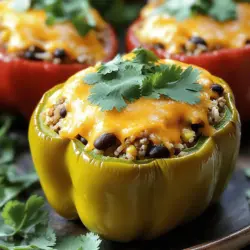 - 4 large bell peppers (any color) - 1 lb ground turkey or beef - 1 cup cooked rice (white or brown) - 1 cup black beans, rinsed and drained - 1 cup corn (fresh or frozen) - 1 cup salsa - 1 tablespoon taco seasoning - 1 cup shredded cheddar cheese - 2 tablespoons olive oil - Salt and pepper to taste - Fresh cilantro for garnish (optional) Taco stuffed bell peppers are fun and easy to make. The main ingredients create a tasty filling. You can use ground turkey or beef for protein. I love adding black beans and corn for extra texture. The rice helps bind everything together. Salsa adds a nice kick and flavor. You can swap out ingredients to fit your taste. For a vegetarian option, use lentils instead of meat. Cauliflower rice can cut carbs too. Want a spicy twist? Add jalapeños or hot sauce to the mix. Here’s some nutritional info: - Bell peppers are rich in vitamins A and C. - Black beans provide fiber and protein. - Corn adds a touch of sweetness. - Cheddar cheese gives calcium and flavor. This recipe is great for a healthy meal that is also fun to eat. Check out the Full Recipe for more details on how to prepare these tasty stuffed peppers. 1. Prepping the bell peppers Start by washing the bell peppers. Cut off the tops and remove the seeds. This step is key for making room for the tasty filling. Brush the outside with olive oil. Place the peppers upright in a baking dish. 2. Cooking the meat and vegetable filling In a skillet, heat it over medium heat. Add the ground turkey or beef. Cook it until it turns brown. Break it apart with a spatula. Drain any extra grease from the skillet. Then, stir in the cooked rice, black beans, corn, salsa, taco seasoning, salt, and pepper. Let it simmer for about five minutes. This step allows the flavors to blend. 3. Assembling the stuffed peppers Once the filling is ready, take it off the heat. Mix in half of the shredded cheddar cheese until it melts. Spoon the filling into each bell pepper. Press down gently to fit it all in. Top each pepper with the rest of the cheese. 1. Oven preheating guidelines Before you bake, preheat your oven to 375°F (190°C). This temperature helps cook the peppers evenly. 2. Baking times and temperature details Cover the baking dish with aluminum foil. Bake for 25 to 30 minutes. For the last 10 minutes, remove the foil. This step makes the cheese bubbly and golden. 3. Tips for achieving perfectly cooked peppers Check the peppers for doneness by poking them with a fork. They should be tender but not mushy. Let them cool for a few minutes before serving. Enjoy your delicious taco stuffed bell peppers! For the complete recipe, check out the [Full Recipe]. - Best ground meats for flavor: I recommend using ground turkey or beef. Both add rich flavors. Turkey keeps it lean, while beef gives a hearty taste. You can also try chicken for a lighter option. - How to avoid soggy peppers: To keep your peppers firm, lightly brush them with olive oil. Pre-baking them for about 10 minutes helps too. This step removes excess moisture. - Enhancing flavor with spices: Taco seasoning is key for taste. Feel free to add cumin, garlic powder, or paprika for extra zest. A pinch of chili powder can give it a nice kick. - Accompaniments for taco stuffed bell peppers: Serve these peppers with a fresh salad or tortilla chips. A side of guacamole pairs perfectly for an extra creamy touch. - Suggested toppings and garnishes: Top with sour cream, diced tomatoes, or sliced jalapeños. Chopped green onions and fresh cilantro add color and flavor. - Pairing beverages with the dish: A cold soda or sparkling water complements the spices well. If you prefer something stronger, a light beer or margarita pairs nicely. {{image_2}} You can switch out ingredients to fit your taste. Here are some ideas: - Vegetarian and vegan options: Use lentils or quinoa instead of meat. Swap cheese for a vegan cheese or skip it altogether. Add extra veggies like zucchini or mushrooms for more texture. - Low-carb variations: Replace rice with cauliflower rice. You can also skip the beans and use more meat or veggies to keep it low-carb. - Different flavor profiles: Want a kick? Add jalapeños or hot sauce. For sweet, mix in diced pineapple or mango. These changes keep things fun and tasty. You don't have to bake these peppers. Here are other ways to cook them: - Cooking in an air fryer: Preheat your air fryer to 350°F (175°C). Cook the stuffed peppers for about 12-15 minutes. This gives a nice crisp outside while keeping them tender inside. - Grilling options for summer: Cut the peppers in half and remove seeds. Fill them with the mixture and wrap in foil. Grill over medium heat for 20-25 minutes. This adds a smoky flavor. - Instant Pot instructions for faster cooking: Place the stuffed peppers on a trivet with one cup of water in the pot. Cook on high pressure for 8-10 minutes. This method saves time and keeps the peppers juicy. For the full recipe, check the detailed steps shared earlier. To keep your taco stuffed bell peppers fresh, place them in an airtight container. This helps seal in flavor and moisture. Store them in the fridge for up to three days. If you want to keep them longer, freezing is a great option. Wrap each pepper in plastic wrap and place them in a freezer-safe bag. They can last up to three months in the freezer. When you're ready to eat, reheating is easy. Place the frozen peppers in the fridge overnight to thaw. Then, heat them in the oven at 350°F (175°C) for about 20 minutes. You can also microwave them for quicker heating. Just cover them with a damp paper towel to keep them moist. Preparing taco stuffed bell peppers ahead of time makes weeknight meals easy. You can make the filling on a Sunday and store it in the fridge. Then, just stuff the peppers when you are ready to cook. This saves you time during busy nights. Portioning the filling is also a smart move. You can use smaller bell peppers for lunches. This way, you have tasty meals ready to grab. Leftover filling has many uses too. You can add it to salads or use it as a topping for nachos. It’s a fun way to enjoy the flavors in different dishes. How long do stuffed peppers last in the fridge? Stuffed peppers can last about 3 to 5 days in the fridge. Store them in an airtight container to keep them fresh. Can I make taco stuffed bell peppers ahead of time? Yes, you can prep them a day in advance. Just fill the peppers and cover them. Store in the fridge until you are ready to bake. What to do if my peppers are too tough to bite? If your peppers are tough, try baking them longer. You can also blanch them briefly in boiling water before stuffing. This softens them and makes them easier to chew. What to do if the peppers become soggy? To avoid soggy peppers, avoid adding too much liquid to the filling. Also, bake them uncovered for part of the cooking time. This helps keep them firm. How to adjust cooking times for different oven types? Every oven is different. If yours runs hot, check the peppers 5 minutes early. If it runs cool, you may need to add 5 minutes. Can I use other types of bell peppers or other vegetables? Absolutely! You can use any color of bell peppers. Zucchini and tomatoes also work well as unique alternatives. You learned how to make taco stuffed bell peppers from start to finish. We covered the best ingredients, cooking steps, and helpful tips. With various serving ideas and storage methods, you can enjoy them easily. You can even customize the recipe for different diets or tastes. Now, you can make tasty meals anytime. Enjoy trying new flavors and making this dish your own!