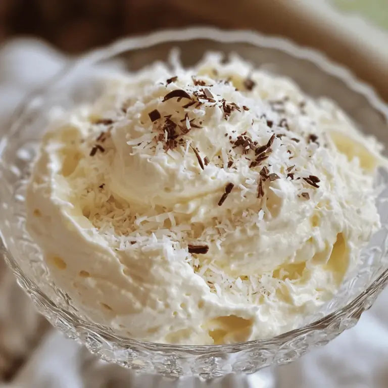 To make coconut whipped cream, you need just a few key items. Here’s what you will need: - 1 can (13.5 oz) full-fat coconut milk, chilled overnight - 2 tablespoons powdered sugar (or to taste) - 1 teaspoon vanilla extract - A pinch of sea salt These ingredients work together to create a creamy, fluffy delight that tastes amazing. You can add extra flavors to your coconut whipped cream. Here are some fun options: - Cocoa powder for a chocolate twist - Almond extract for a nutty hint - Fresh fruit puree for a fruity kick - Ground spices like cinnamon or nutmeg for warmth Experiment with these add-ins to find your favorite mix! Choosing the right coconut milk is key. Look for full-fat coconut milk in a can, not a carton. Check the label for these things: - Coconut content: Aim for at least 60% coconut. - No fillers: Avoid brands with added chemicals. - Organic options: They often taste better and are healthier. Using quality coconut milk makes your whipped cream richer and tastier. First, you need to chill your mixing bowl and beaters. Place them in the freezer for about 10 minutes. This step helps the coconut cream whip up better. A cold bowl keeps the cream from melting. Next, take your can of coconut milk from the fridge. Open it carefully. You will see solid cream at the top and coconut water at the bottom. Use a spoon to scoop out just the solid cream. Make sure not to touch the water. You can save that water for smoothies or other fun drinks. Now, put the coconut cream in your chilled bowl. Add 2 tablespoons of powdered sugar, 1 teaspoon of vanilla extract, and a pinch of sea salt. These ingredients make the cream taste great. Mix everything together with your electric mixer. Start at medium-high speed for about 2-4 minutes. Watch for soft peaks to form. The cream should look fluffy and light. Taste your whipped cream. If it needs more sweetness, add more powdered sugar. Mix again until well blended. Serve it right away or store it in an airtight container. It can stay fresh in the fridge for up to 5 days. If it thickens, just re-whip it before serving. Enjoy your coconut whipped cream! Check out the Full Recipe for more details. To get the perfect texture, start with cold coconut milk. Chill it overnight. When you mix, focus on medium-high speed. This helps create soft peaks. If it seems too thin, whip a bit longer. Be careful not to over-whip, or it may turn grainy. One big mistake is using warm coconut milk. Warmth makes it hard to whip. Another error is not chilling your bowl and beaters. This step is key for the best results. Lastly, avoid adding too much sugar at once. Taste as you go for the right sweetness. You can boost flavor in many ways. Try adding a splash of almond extract for a nutty twist. Cocoa powder gives it a chocolate flavor. For a tropical vibe, mix in some pineapple juice. Always taste your whipped cream and adjust sugar as needed. This way, you create a delightful and unique treat. For the full recipe, check out the Coconut Dream Whipped Cream. {{image_2}} You can easily change the flavor of your coconut whipped cream. For a chocolate twist, add 2 tablespoons of cocoa powder. Mix it in while you whip the cream. If you love mint, try 1 teaspoon of peppermint extract. Both options give a fun twist to the basic recipe. Coconut whipped cream works great in many desserts. You can use it to top cakes, pies, or even pancakes. It adds a light and creamy touch. Try it in a smoothie bowl for extra flavor. You can also dollop it on fresh fruit for a refreshing treat. The possibilities are endless! This whipped cream is perfect for dairy-free treats. Pair it with dairy-free brownies or chocolate mousse for a rich dessert. You can also serve it with dairy-free ice cream for a fun sundae. Add some berries or nuts to make it even better. Your friends will love these tasty combos! For the full recipe to make your coconut whipped cream, check out the Coconut Dream Whipped Cream recipe above. To keep your coconut whipped cream fresh, store it in an airtight container. This helps prevent it from absorbing other flavors in the fridge. Always place it in the coldest part of your fridge. Avoid leaving it out at room temperature, as it can spoil quickly. Use a clean spoon each time you scoop out some whipped cream. This keeps bacteria away and helps it last longer. Sometimes, your whipped cream may thicken in the fridge. To bring it back to life, take it out and let it sit for a few minutes. Then, place it in a chilled bowl. Use an electric mixer to beat it on medium speed. Whip for about 1-2 minutes or until it becomes fluffy again. If it needs more sweetness, add a touch of powdered sugar before re-whipping. Coconut whipped cream can last up to 5 days in the fridge. However, always check for signs of spoilage. If you see any separation or a sour smell, it's best to throw it away. You might also notice a change in texture. If it looks grainy or has an off-color, it's time to discard it. Trust your senses; they are your best guide! No, light coconut milk does not whip well. It lacks the fat needed for texture. Full-fat coconut milk gives a rich and creamy result. Always use full-fat for the best coconut whipped cream. You can whip coconut cream by hand. Start with a chilled bowl and solid coconut cream. Use a whisk to mix. It will take longer, but you can achieve soft peaks. Just be patient and keep whisking until fluffy. Coconut whipped cream is very versatile. You can use it on cakes, pies, and cupcakes. It also pairs well with fruit, pancakes, and waffles. Try it in your favorite desserts for a tropical twist. For the full recipe, check out the Coconut Dream Whipped Cream. Coconut whipped cream is simple and fun to make. You learned about the key ingredients, step-by-step instructions, and helpful tips. Variations let you explore flavors like chocolate or mint. Proper storage keeps your cream fresh and tasty. Always choose high-quality coconut milk for the best results. Overall, this is a great dairy-free option for desserts. With these tips, you can enjoy delicious coconut whipped cream anytime. Dive into your next dessert adventure with confidence!