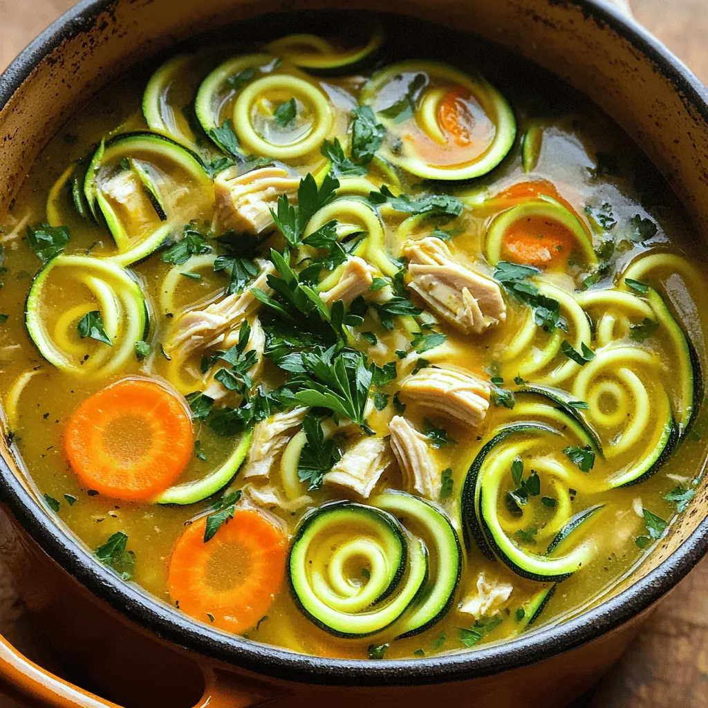 - 2 medium zucchinis, spiralized into noodles (zoodles) - 1 pound boneless, skinless chicken breast, diced - 4 cups low-sodium chicken broth - 1 medium onion, finely chopped - 2 cloves garlic, minced - 2 carrots, sliced - 1 celery stalk, diced - 1 teaspoon dried thyme - 1 teaspoon dried oregano - 1 tablespoon olive oil - Salt and pepper to taste - Fresh parsley, chopped (for garnish) The main ingredients in Chicken Zoodle Soup are simple yet full of flavor. Zucchini noodles replace regular pasta and bring a light crunch. You can use boneless, skinless chicken breast for protein. This keeps the soup lean and healthy. The chicken broth gives the soup depth. It is wise to use low-sodium broth for better control over salt levels. Onions, garlic, carrots, and celery add rich flavors and nutrients. Thyme and oregano round out the taste. Olive oil helps sauté the veggies, making them tender and tasty. Lastly, don’t forget salt and pepper to season. Fresh parsley adds a pop of color and freshness when served. - Additional herbs and spices - Protein alternatives - Garnishes for added flavor You can customize your Chicken Zoodle Soup with optional ingredients. Adding herbs like basil or rosemary can take it to the next level. If you want a different protein, try turkey or tofu. These options keep it healthy and fun. Garnishes can enhance the soup’s taste and look. A sprinkle of grated cheese or a dash of lemon juice adds zing. You can make this soup your own. Each addition can bring new flavors and excitement. Check out the Full Recipe for more ideas! To start, we need to prepare our zucchini. Take two medium zucchinis and wash them well. Cut off both ends and use a spiralizer to create long, noodle-like strands. This will give you the best zoodles. If you don’t have a spiralizer, you can use a julienne peeler or a box grater. Next, let’s prep the chicken and vegetables. For the chicken, use one pound of boneless, skinless breast. Dice it into small, bite-sized pieces. This helps it cook evenly. Chop one medium onion finely. Mince two garlic cloves and slice two carrots. Finally, dice one celery stalk. Now, let's get cooking. In a large pot, heat one tablespoon of olive oil over medium heat. Add the chopped onion, minced garlic, sliced carrots, and diced celery. Sauté these for about 5 to 7 minutes. You want the veggies to be tender and the onions to look clear. Once that’s done, stir in your diced chicken, along with one teaspoon of dried thyme, one teaspoon of dried oregano, salt, and pepper. Cook this mixture for another 5 to 7 minutes. Make sure the chicken is no longer pink. Next, pour in four cups of low-sodium chicken broth. Bring it to a boil. After it starts boiling, reduce the heat and let it simmer for 10 minutes. This helps all the flavors blend together. After simmering, add your spiralized zucchini noodles to the pot. Cook for an additional 3 to 5 minutes. You want the zoodles to be tender but not mushy. Taste the soup and adjust the seasoning. Add more salt or pepper if you like. To serve the soup, ladle it into bowls while it's hot. I love to garnish with fresh chopped parsley for a pop of color and flavor. This soup pairs well with crusty bread or a simple green salad for a complete meal. Enjoy your tasty Chicken Zoodle Soup! If you need the full recipe, check the section above. To make your Chicken Zoodle Soup shine, focus on your cooking methods. Start with sautéing the onion, garlic, carrots, and celery. This adds depth to the soup. Cook them until soft, around 5 to 7 minutes. Next, add your chicken. Ensure it cooks through, turning white and firm. Adjusting flavors can make a big difference. If you like it spicy, add red pepper flakes. For a zestier taste, try a splash of lemon juice. Taste the soup before serving. This way, you can tweak the salt and pepper to fit your liking. Zucchini noodles, or zoodles, hold many health benefits. They are low in calories and high in vitamins. A cup of zoodles has less than 20 calories. This makes them a great choice for those watching their weight. Choosing zoodles over regular pasta has more perks. Zoodles have more fiber, which helps digestion. They also contain antioxidants, which are good for your body. Plus, they cook quickly, making your meal prep easier. Enjoying zoodles means you can savor a tasty dish while staying healthy. {{image_2}} You can easily switch up the protein in chicken zoodle soup. If you want a lighter option, use turkey instead of chicken. Ground turkey works great and cooks fast. For a plant-based choice, try tofu. Firm tofu adds texture and absorbs flavors well. If you want a vegan soup, skip the meat and use vegetable broth. Add chickpeas or lentils for protein. These swaps make the soup hearty and filling without meat. To make your soup more exciting, add spices and herbs. A dash of cayenne pepper adds heat. Try using fresh herbs like basil or cilantro for a fresh twist. These flavors can brighten the dish. You can also add other veggies for more nutrition. Bell peppers, spinach, or green beans mix well in the soup. Just chop them and toss them in when you add the zoodles. This will create a colorful and healthy bowl of soup. For the full recipe, check the section above. To keep your Chicken Zoodle Soup fresh, store it in an airtight container. Make sure it cools down before sealing it. This helps keep the flavors intact. You should eat the leftovers within three to four days for the best taste. If you notice any off smells or colors, it’s best to discard it. If you want to save your soup for later, freezing is a great option. First, let it cool completely. Then, pour it into freezer-safe containers, leaving some space at the top. This allows for expansion as the soup freezes. When you’re ready to eat it, thaw it in the fridge overnight. To reheat, warm it slowly on the stove or in the microwave. Avoid boiling to keep the zoodles from getting mushy. Enjoy your warm and tasty Chicken Zoodle Soup later! You can find the Full Recipe for more details. Can I use regular noodles instead of zoodles? Yes, you can use regular noodles. However, zoodles are lower in carbs and calories. They add a fresh taste and texture to the soup. If you prefer pasta, use whole grain or gluten-free options for a healthy twist. How long does Chicken Zoodle Soup last in the fridge? Chicken Zoodle Soup lasts about 3 to 4 days in the fridge. Make sure to store it in an airtight container. This keeps it fresh and prevents any unwanted smells. Can I make this soup in advance? Yes, you can make this soup ahead of time. It tastes great as leftovers, too. Just keep the zoodles separate if you make it in advance. Add them just before serving to keep them from getting mushy. What can I substitute for chicken broth? You can use vegetable broth for a lighter flavor. Bone broth adds depth and nutrients. Water is another option, but it may lack flavor. Always season it well to make up for any lost taste. Chicken Zoodle Soup is a tasty, healthy dish that's easy to make. We covered the main ingredients, preparation steps, and cooking tips. You can customize this soup with different proteins and flavors. It’s perfect for lunch or dinner, and fits well into a healthy diet. Remember to store leftovers properly to enjoy later. With these tips and ideas, you can create a warm bowl of soup that suits your taste. Enjoy making your Chicken Zoodle Soup your way!