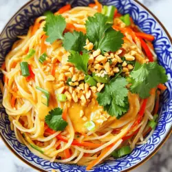 - 8 oz rice noodles - 1/2 cup creamy peanut butter - 1/4 cup soy sauce - 2 tablespoons lime juice - 2 tablespoons honey or agave syrup The rice noodles are the base. They soak up all the tasty sauce. Creamy peanut butter gives the dish its rich flavor. Soy sauce adds a nice saltiness. Lime juice brings a fresh zing. Honey or agave syrup sweetens the mix. You can use any sweetener you like. - 1 tablespoon sesame oil - 2 cloves garlic, minced - 1 teaspoon grated fresh ginger - 1 cup shredded carrots - 1 red bell pepper, thinly sliced Sesame oil adds a lovely nutty note. Garlic gives it a punch, and ginger adds warmth. Shredded carrots add crunch and color. Red bell pepper brings sweetness and more texture. All these ingredients work together for a tasty dish. - 1/4 cup chopped green onions - 1/4 cup crushed peanuts - Fresh cilantro leaves Garnishes make the dish pop. Chopped green onions add freshness. Crushed peanuts give a nice crunch. Fresh cilantro adds a burst of flavor. You can mix and match these toppings. They make your Easy Thai Peanut Noodles look and taste even better. For the Full Recipe, check the previous sections. - First, bring a large pot of water to a boil. - Add 8 oz of rice noodles and cook them for 4 to 6 minutes. - Once cooked, drain the noodles. Then rinse them under cold water to stop the cooking. - In a bowl, mix together 1/2 cup creamy peanut butter, 1/4 cup soy sauce, 2 tablespoons lime juice, 2 tablespoons honey or agave syrup, 1 tablespoon sesame oil, 2 minced garlic cloves, and 1 teaspoon fresh grated ginger. - Whisk the sauce until it becomes smooth and well combined. If the sauce is thick, add a bit of warm water to make it thinner. - In a large mixing bowl, add the drained noodles, 1 cup shredded carrots, and 1 sliced red bell pepper. - Pour the peanut sauce over the noodles and vegetables. Toss everything well to coat evenly. You can check the Full Recipe for more detailed instructions. - Avoid overcooking: Cook the rice noodles just until they are tender. This usually takes about 4-6 minutes. Check them often to ensure they don't become mushy. - Rinse properly: After cooking, drain the noodles and rinse them under cold water. This stops the cooking process and keeps them from sticking together. - Additional spices to consider: You can add a pinch of red pepper flakes for heat or a dash of ground coriander for warmth. Both can brighten the sauce's flavor. - Suggested ingredient substitutions: If you're out of honey, try agave syrup or maple syrup. For a nut-free option, use sunflower seed butter instead of peanut butter. - Creative garnishing ideas: Top your noodles with chopped green onions, crushed peanuts, and fresh cilantro leaves. These add color and crunch. - Serving suggestions: Serve the noodles in bowls and pair them with lime wedges. This adds a fresh zest that enhances the dish. You can also add a side of steamed broccoli for a healthy touch. For more details on making these delicious noodles, check out the Full Recipe. {{image_2}} You can add protein to your Easy Thai Peanut Noodles for a heartier meal. Chicken is a popular choice. Just cook it in a pan until golden and slice it thinly. Shrimp is another great option. Cook it until it turns pink and firm. For a vegan dish, try using tofu. Press it to remove water, then cube and pan-fry until golden. This adds a nice texture and protein boost. You can easily make your noodles more colorful and nutritious. Add more vegetables like broccoli, snap peas, or bell peppers. They not only add flavor but also crunch. You can also try different noodle types. Soba noodles or whole wheat noodles work well. Each type brings its own taste and texture to the dish. Spice lovers can have fun with this dish. Try adding chili flakes or sriracha for heat. This will bring a nice kick to the creamy sauce. If you want a brighter flavor, experiment with citrus. Adding lime zest or a bit of lemon juice can enhance the dish. These tweaks make it fun to personalize your noodles. To store leftovers, place them in an airtight container. This keeps the noodles fresh. You can refrigerate the dish for up to three days. Make sure to cool the noodles before sealing the container. You can freeze cooked noodles. Place them in a freezer-safe bag. Remove as much air as possible before sealing. To freeze uncooked noodles, keep them in their original packaging. Reheat frozen noodles by boiling them for a few minutes. You can also microwave them with a splash of water. Prepare your veggies ahead of time. Chop the carrots and bell pepper in the morning. Store them in the fridge. When dinner time comes, just mix everything together. This saves time on busy nights and keeps the meal fresh. Easy Thai Peanut Noodles are a tasty dish made with rice noodles and peanut sauce. The sauce is creamy, tangy, and sweet. It combines peanut butter, soy sauce, and lime juice. The noodles soak up all this flavor, making them delicious. This dish is quick to make and perfect for busy nights. It's also colorful, thanks to fresh veggies like carrots and bell peppers. You’ll love how each bite bursts with flavor and crunch. Yes, you can make the sauce ahead of time! Store it in an airtight container in the fridge. The sauce will stay fresh for about a week. Just make sure to stir it well before using. If it thickens, add a bit of warm water to loosen it up. This way, you save time during lunch or dinner prep. You can easily make Thai Peanut Noodles gluten-free. Use gluten-free soy sauce or tamari. Instead of regular rice noodles, opt for gluten-free rice noodles. These swaps keep the dish tasty and safe for those avoiding gluten. Always check labels to make sure all ingredients are gluten-free. Thai Peanut Noodles pair well with many side dishes. You can serve them with a light salad or steamed broccoli. Spring rolls or dumplings are great choices too. For drinks, try iced tea or coconut water. These options complement the flavors of the noodles nicely. Easy Thai Peanut Noodles are simple yet delicious. We discussed key ingredients and the step-by-step process to make them. You can add your favorite proteins or veggies to suit your taste. Proper storage can keep your meal fresh for later, and I shared tips for meal prepping. Overall, these noodles are a tasty choice for any night. They are quick to prepare and packed with flavor. Enjoy making this dish and share it with friends!