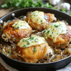 To make the French Onion Chicken Skillet, you need a few simple ingredients. Here’s what you’ll need: - 4 boneless, skinless chicken thighs - 2 large onions, thinly sliced - 2 cloves garlic, minced - 1 teaspoon dried thyme - 1 teaspoon balsamic vinegar - 1 cup low-sodium chicken broth - 1 cup shredded Gruyère cheese - 2 tablespoons olive oil - Salt and pepper to taste - Fresh parsley, chopped for garnish These ingredients combine to create a dish full of rich flavors. The chicken thighs are juicy and tender. The onions add sweetness, while the garlic brings a nice depth. You’ll love how the thyme and balsamic vinegar work together to elevate the taste. The Gruyère cheese melts beautifully, adding creaminess to the whole dish. When I develop recipes, I always choose fresh ingredients. Using fresh herbs and high-quality cheese makes a big difference. This recipe is perfect for a cozy dinner at home. You can find the full recipe [here]. 1. Seasoning the chicken thighs: Start by seasoning your chicken thighs with salt and pepper. This step builds flavor. Make sure to coat both sides well. 2. Searing the chicken in the skillet: Heat olive oil in a large skillet over medium heat. Add the seasoned chicken thighs once the oil is hot. Sear each side for 5-7 minutes until golden brown. This locks in moisture and creates a nice crust. 3. Caramelizing the onions: Remove the chicken and set it aside. In the same skillet, add your sliced onions. Cook them for about 10 minutes, stirring often. You're looking for that rich, golden color. This caramelization adds a deep sweetness to your dish. 4. Adding garlic and thyme: After the onions turn golden brown, stir in minced garlic and dried thyme. Cook for one more minute. This adds a fragrant touch to your mix. 5. Deglazing the skillet with broth and vinegar: Pour in the chicken broth and balsamic vinegar. Use a spatula to scrape the bottom of the skillet. This step captures all those tasty bits stuck to the pan. 6. Simmering with chicken included: Return the chicken thighs to the skillet. Nestle them into the onion mixture. Let everything simmer for about 5 minutes. This allows all the flavors to blend beautifully. 7. Melting the cheese on top: Sprinkle shredded Gruyère cheese over the chicken and onions. Cover the skillet with a lid and let it cook for another 3-5 minutes. You want the cheese to melt and get bubbly. Now you have a hearty meal that’s ready to enjoy! For the full recipe, check out the complete instructions above. To get juicy chicken, cook it for about 5-7 minutes on each side. The chicken should be golden brown when done. Always check that the internal temperature reaches 165°F (75°C). For extra flavor, use spices like garlic powder, paprika, or Italian seasoning. They add depth and make each bite exciting. Caramelizing onions takes patience. Keep the heat medium-low to avoid burning. Stir them often to cook evenly. This process usually takes about 10 minutes. You want them soft and golden brown. To balance sweetness, add a pinch of salt. It helps draw out moisture and enhances the flavor. Pair this dish with mashed potatoes or crusty bread. They soak up the rich sauce well. For a fresh touch, serve a green salad on the side. To make your plate look great, sprinkle fresh parsley on top. This adds color and a hint of freshness. For more ideas on side dishes, check out the Full Recipe. {{image_2}} You can switch out Gruyère cheese if you want. Try Swiss cheese or mozzarella. They melt well and add great flavor too. When it comes to chicken, you can use breasts instead of thighs. Breasts cook faster, but they may dry out. Thighs are juicier, making them a better choice. Want to mix things up? Add mushrooms or bell peppers for extra depth. Sauté them with the onions to enhance their flavors. You can also try different herbs and spices. Rosemary or oregano can add a nice twist. Consider using smoked paprika for a smoky note. If you prefer oven-baking, go for it! Cook the chicken in an oven-safe skillet. Bake it at 375°F for about 25-30 minutes. This method lets the chicken stay moist and tender. For a slow cooker version, brown the chicken first. Then, add the onions and broth to the slow cooker. Cook on low for 6-8 hours. This makes dinner super easy! For the full recipe, check out the details above. To keep your French Onion Chicken Skillet fresh, store leftovers in the fridge. Place the chicken and onions in an airtight container. This helps to seal in moisture and flavor. Make sure to cool the dish to room temperature before sealing it up. It stays good in the fridge for about 3 to 4 days. When it's time to enjoy leftovers, reheat them gently. Use a skillet over low heat. This method warms the dish evenly without drying it out. Stir occasionally to prevent sticking. You can also use the microwave. Heat on medium power for 1 to 2 minutes. Check if it’s warm enough before serving. If you want to save some portions for later, freezing is a great option. Place cooled leftovers in freezer-safe bags or containers. Squeeze out as much air as possible to avoid freezer burn. The meal can last up to 3 months in the freezer. When you're ready to eat, take it out and thaw in the fridge overnight. Reheat in a skillet or microwave until hot. This keeps the dish tasty and enjoyable. For the best flavor, eat your frozen portions within a month. For the complete cooking process, check the Full Recipe. Yes, you can prepare this dish ahead of time. Cook the chicken and onions as directed. Once cooked, let it cool, then store it in an airtight container. Keep it in the fridge for up to three days. When ready to eat, reheat it gently on the stove or in the oven. This keeps all the flavors fresh. If you don't have chicken thighs, chicken breasts work well too. They are leaner but still tasty. You can also use chicken drumsticks or wings. Just adjust the cooking time, as different cuts may cook at different speeds. Absolutely! Using pre-cooked chicken makes this recipe even quicker. Add the cooked chicken to the skillet after you caramelize the onions. Pour in the broth and vinegar, then simmer for a few minutes. This allows the flavors to blend without drying out the chicken. This dish goes well with many sides. A simple green salad adds freshness. You can also serve it with mashed potatoes or rice to soak up the delicious sauce. Crusty bread is another great choice for dipping. To keep the chicken juicy, avoid overcooking it. Sear the chicken until golden brown but not dry. Let the chicken rest for a few minutes after cooking. This helps retain moisture. Also, simmering it in the broth keeps it flavorful and tender. This blog post covered how to make a delicious French Onion Chicken Skillet. We discussed required ingredients, step-by-step instructions, and tips for success. You learned how to cook juicy chicken and caramelize onions for rich flavor. We also shared storage tips and answered common questions. With the right techniques, this dish can impress anyone. Enjoy making this meal and share it with those you love!