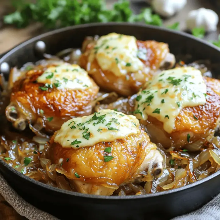 To make the French Onion Chicken Skillet, you need a few simple ingredients. Here’s what you’ll need: - 4 boneless, skinless chicken thighs - 2 large onions, thinly sliced - 2 cloves garlic, minced - 1 teaspoon dried thyme - 1 teaspoon balsamic vinegar - 1 cup low-sodium chicken broth - 1 cup shredded Gruyère cheese - 2 tablespoons olive oil - Salt and pepper to taste - Fresh parsley, chopped for garnish These ingredients combine to create a dish full of rich flavors. The chicken thighs are juicy and tender. The onions add sweetness, while the garlic brings a nice depth. You’ll love how the thyme and balsamic vinegar work together to elevate the taste. The Gruyère cheese melts beautifully, adding creaminess to the whole dish. When I develop recipes, I always choose fresh ingredients. Using fresh herbs and high-quality cheese makes a big difference. This recipe is perfect for a cozy dinner at home. You can find the full recipe [here]. 1. Seasoning the chicken thighs: Start by seasoning your chicken thighs with salt and pepper. This step builds flavor. Make sure to coat both sides well. 2. Searing the chicken in the skillet: Heat olive oil in a large skillet over medium heat. Add the seasoned chicken thighs once the oil is hot. Sear each side for 5-7 minutes until golden brown. This locks in moisture and creates a nice crust. 3. Caramelizing the onions: Remove the chicken and set it aside. In the same skillet, add your sliced onions. Cook them for about 10 minutes, stirring often. You're looking for that rich, golden color. This caramelization adds a deep sweetness to your dish. 4. Adding garlic and thyme: After the onions turn golden brown, stir in minced garlic and dried thyme. Cook for one more minute. This adds a fragrant touch to your mix. 5. Deglazing the skillet with broth and vinegar: Pour in the chicken broth and balsamic vinegar. Use a spatula to scrape the bottom of the skillet. This step captures all those tasty bits stuck to the pan. 6. Simmering with chicken included: Return the chicken thighs to the skillet. Nestle them into the onion mixture. Let everything simmer for about 5 minutes. This allows all the flavors to blend beautifully. 7. Melting the cheese on top: Sprinkle shredded Gruyère cheese over the chicken and onions. Cover the skillet with a lid and let it cook for another 3-5 minutes. You want the cheese to melt and get bubbly. Now you have a hearty meal that’s ready to enjoy! For the full recipe, check out the complete instructions above. To get juicy chicken, cook it for about 5-7 minutes on each side. The chicken should be golden brown when done. Always check that the internal temperature reaches 165°F (75°C). For extra flavor, use spices like garlic powder, paprika, or Italian seasoning. They add depth and make each bite exciting. Caramelizing onions takes patience. Keep the heat medium-low to avoid burning. Stir them often to cook evenly. This process usually takes about 10 minutes. You want them soft and golden brown. To balance sweetness, add a pinch of salt. It helps draw out moisture and enhances the flavor. Pair this dish with mashed potatoes or crusty bread. They soak up the rich sauce well. For a fresh touch, serve a green salad on the side. To make your plate look great, sprinkle fresh parsley on top. This adds color and a hint of freshness. For more ideas on side dishes, check out the Full Recipe. {{image_2}} You can switch out Gruyère cheese if you want. Try Swiss cheese or mozzarella. They melt well and add great flavor too. When it comes to chicken, you can use breasts instead of thighs. Breasts cook faster, but they may dry out. Thighs are juicier, making them a better choice. Want to mix things up? Add mushrooms or bell peppers for extra depth. Sauté them with the onions to enhance their flavors. You can also try different herbs and spices. Rosemary or oregano can add a nice twist. Consider using smoked paprika for a smoky note. If you prefer oven-baking, go for it! Cook the chicken in an oven-safe skillet. Bake it at 375°F for about 25-30 minutes. This method lets the chicken stay moist and tender. For a slow cooker version, brown the chicken first. Then, add the onions and broth to the slow cooker. Cook on low for 6-8 hours. This makes dinner super easy! For the full recipe, check out the details above. To keep your French Onion Chicken Skillet fresh, store leftovers in the fridge. Place the chicken and onions in an airtight container. This helps to seal in moisture and flavor. Make sure to cool the dish to room temperature before sealing it up. It stays good in the fridge for about 3 to 4 days. When it's time to enjoy leftovers, reheat them gently. Use a skillet over low heat. This method warms the dish evenly without drying it out. Stir occasionally to prevent sticking. You can also use the microwave. Heat on medium power for 1 to 2 minutes. Check if it’s warm enough before serving. If you want to save some portions for later, freezing is a great option. Place cooled leftovers in freezer-safe bags or containers. Squeeze out as much air as possible to avoid freezer burn. The meal can last up to 3 months in the freezer. When you're ready to eat, take it out and thaw in the fridge overnight. Reheat in a skillet or microwave until hot. This keeps the dish tasty and enjoyable. For the best flavor, eat your frozen portions within a month. For the complete cooking process, check the Full Recipe. Yes, you can prepare this dish ahead of time. Cook the chicken and onions as directed. Once cooked, let it cool, then store it in an airtight container. Keep it in the fridge for up to three days. When ready to eat, reheat it gently on the stove or in the oven. This keeps all the flavors fresh. If you don't have chicken thighs, chicken breasts work well too. They are leaner but still tasty. You can also use chicken drumsticks or wings. Just adjust the cooking time, as different cuts may cook at different speeds. Absolutely! Using pre-cooked chicken makes this recipe even quicker. Add the cooked chicken to the skillet after you caramelize the onions. Pour in the broth and vinegar, then simmer for a few minutes. This allows the flavors to blend without drying out the chicken. This dish goes well with many sides. A simple green salad adds freshness. You can also serve it with mashed potatoes or rice to soak up the delicious sauce. Crusty bread is another great choice for dipping. To keep the chicken juicy, avoid overcooking it. Sear the chicken until golden brown but not dry. Let the chicken rest for a few minutes after cooking. This helps retain moisture. Also, simmering it in the broth keeps it flavorful and tender. This blog post covered how to make a delicious French Onion Chicken Skillet. We discussed required ingredients, step-by-step instructions, and tips for success. You learned how to cook juicy chicken and caramelize onions for rich flavor. We also shared storage tips and answered common questions. With the right techniques, this dish can impress anyone. Enjoy making this meal and share it with those you love!