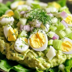 - 4 large eggs - 1 ripe avocado, mashed - 2 tablespoons Greek yogurt - 1 tablespoon Dijon mustard - 1 small red onion, finely chopped - 1 celery stalk, finely chopped - 1 tablespoon fresh lemon juice - 1 tablespoon fresh dill, chopped (or 1 teaspoon dried dill) - Salt and pepper to taste - Lettuce leaves for serving (optional) To make a tasty avocado egg salad, start with the main ingredients. Boil the eggs until they are firm and cool them down. You want a creamy base, so mash a ripe avocado in a bowl. Mix in Greek yogurt and Dijon mustard for that tangy flavor. Next, add some crunch with finely chopped red onion and celery. A splash of fresh lemon juice brightens the dish. Lastly, sprinkle in some fresh dill for an herbaceous note. Season your salad with salt and pepper to bring out the flavors. You can serve it on fresh lettuce leaves for a crisp bite. For the full recipe, check out the details above. Enjoy this creamy and delightful dish! - Boil the eggs in a medium saucepan. - Transfer to ice bath after boiling. - Peel and chop eggs. To start, place the eggs in a medium saucepan. Cover them with cold water and bring it to a boil. Once boiling, lower the heat. Let them simmer for about 9-12 minutes. This time helps you get the eggs just right. After cooking, care for the eggs. Transfer them to an ice bath. This cools them quickly and makes peeling easier. Once they cool down, peel and chop the eggs into small pieces. - Mash the ripe avocado. - Mix in Greek yogurt, Dijon mustard, and lemon juice. Next, grab a ripe avocado. Cut it open and scoop the green flesh into a bowl. Mash it well until it’s smooth. Now, add Greek yogurt, Dijon mustard, and fresh lemon juice. Stir everything together until it's creamy. The yogurt adds a nice tang. The mustard gives it a zesty kick. - Fold chopped eggs, onion, celery, and dill into the avocado mixture. - Season with salt and pepper to taste. Now, it’s time to combine! Gently fold the chopped eggs into your avocado mixture. Add in finely chopped onion, celery, and dill. Mix carefully so you don’t mash the eggs too much. Lastly, season with salt and pepper to taste. This brings all the flavors together in a delicious way. Enjoy your Avocado Egg Salad on a bed of lettuce or in a sandwich. For the full recipe, you can check the recipe section above. To make the perfect eggs, boil them gently. Start by placing the eggs in a medium saucepan. Cover them with cold water. Bring the water to a boil over high heat. Once boiling, reduce the heat to low. Simmer them for 9-12 minutes based on how firm you want the yolks. For soft yolks, aim for 9 minutes. For hard yolks, go for 12 minutes. After cooking, cool the eggs quickly. Transfer them to an ice bath right away. This stops the cooking process and makes peeling easier. Once cool, peel the eggs and chop them into small pieces. For a creamy avocado egg salad, use ripe avocados. A ripe avocado is soft and easy to mash. This gives your salad the right texture. If you want it creamier, adjust the Greek yogurt. Add more yogurt for a smoother blend. Just be careful not to overpower the avocado flavor. Spice up your salad with different herbs or spices. Fresh dill adds a lovely taste, but feel free to experiment. You can try chives, parsley, or even cilantro. Each herb brings its own twist. If you like a bit of heat, add a pinch of cayenne. This little kick can change the whole dish. It makes the flavors pop and keeps things interesting. For the full recipe, check out the Avocado Egg Salad with a Zesty Twist. {{image_2}} You can change the base of the salad for different diets. Use vegan mayonnaise instead of Greek yogurt. This keeps the creaminess while making it plant-based. Swap Dijon mustard for yellow mustard for a milder taste. Yellow mustard is sweeter and less sharp. Feel free to get creative with add-ins. Incorporate diced tomatoes or bell peppers for added texture. They bring a nice crunch and fresh flavor. You can also use cooked bacon bits for a savory twist. Bacon adds a salty richness that pairs well with the creamy avocado. How you serve your salad can change the dining experience. Serve on whole grain bread for sandwiches. This makes for a filling lunch option. You can also pair the salad with crackers as an appetizer. It’s perfect for a light snack or party platter. For the full recipe, check out the details above. Enjoy your culinary adventure! To store leftovers of avocado egg salad, place it in an airtight container. This keeps the salad fresh and safe. You can keep it in the fridge for up to three days. After that, the avocado may turn brown, and the taste may change. Always check for any signs of spoilage before eating. You can freeze avocado egg salad, but I don't recommend it. The texture changes when thawed. Avocados can become mushy, and eggs may lose their appealing look. If you must freeze it, put it in a freezer-safe container. Use it within a month for the best taste. To refresh the salad after refrigeration, give it a good stir. You might need to add a splash of lemon juice or a bit more Greek yogurt. This helps restore its creaminess. If the salad seems dry, gently fold in more mashed avocado. Always taste before serving to ensure it still has great flavor and texture. To make this dish healthier, you can swap Greek yogurt for low-fat yogurt. You can also reduce the amount of mayonnaise or use a lighter version. Adding more veggies, like spinach or cucumber, boosts nutrition without adding many calories. Yes, you can make this salad a day in advance. Just store it in an airtight container in the fridge. To keep it fresh, add lemon juice to slow browning. It’s a great way to save time for busy days. Avocados are full of healthy fats, fiber, and vitamins. Eggs provide protein and essential nutrients like Vitamin D. Together, they support good heart health and can help keep you full longer. This salad is a tasty way to enjoy these benefits. If you need an egg alternative, you can use tofu. Mashed or blended silken tofu works well. You can also try chickpeas, which add protein and texture. Both options will change the flavor but still taste great. This salad lasts about 2-3 days in the fridge. Keep it in an airtight container to maintain freshness. Always check for any changes in smell or texture before eating. Enjoy it while it’s still tasty! For more details, check out the Full Recipe. This blog post outlined a tasty avocado egg salad. We discussed key ingredients like eggs, avocado, and Greek yogurt. You learned step-by-step cooking and combining methods. We shared tips for creamy texture and flavor options. Dietary substitutes and storage tips helped you customize this dish. In the end, making this salad is easy and flexible. Enjoy it your way and share it with others!