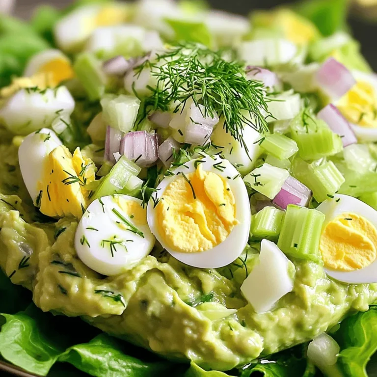 - 4 large eggs - 1 ripe avocado, mashed - 2 tablespoons Greek yogurt - 1 tablespoon Dijon mustard - 1 small red onion, finely chopped - 1 celery stalk, finely chopped - 1 tablespoon fresh lemon juice - 1 tablespoon fresh dill, chopped (or 1 teaspoon dried dill) - Salt and pepper to taste - Lettuce leaves for serving (optional) To make a tasty avocado egg salad, start with the main ingredients. Boil the eggs until they are firm and cool them down. You want a creamy base, so mash a ripe avocado in a bowl. Mix in Greek yogurt and Dijon mustard for that tangy flavor. Next, add some crunch with finely chopped red onion and celery. A splash of fresh lemon juice brightens the dish. Lastly, sprinkle in some fresh dill for an herbaceous note. Season your salad with salt and pepper to bring out the flavors. You can serve it on fresh lettuce leaves for a crisp bite. For the full recipe, check out the details above. Enjoy this creamy and delightful dish! - Boil the eggs in a medium saucepan. - Transfer to ice bath after boiling. - Peel and chop eggs. To start, place the eggs in a medium saucepan. Cover them with cold water and bring it to a boil. Once boiling, lower the heat. Let them simmer for about 9-12 minutes. This time helps you get the eggs just right. After cooking, care for the eggs. Transfer them to an ice bath. This cools them quickly and makes peeling easier. Once they cool down, peel and chop the eggs into small pieces. - Mash the ripe avocado. - Mix in Greek yogurt, Dijon mustard, and lemon juice. Next, grab a ripe avocado. Cut it open and scoop the green flesh into a bowl. Mash it well until it’s smooth. Now, add Greek yogurt, Dijon mustard, and fresh lemon juice. Stir everything together until it's creamy. The yogurt adds a nice tang. The mustard gives it a zesty kick. - Fold chopped eggs, onion, celery, and dill into the avocado mixture. - Season with salt and pepper to taste. Now, it’s time to combine! Gently fold the chopped eggs into your avocado mixture. Add in finely chopped onion, celery, and dill. Mix carefully so you don’t mash the eggs too much. Lastly, season with salt and pepper to taste. This brings all the flavors together in a delicious way. Enjoy your Avocado Egg Salad on a bed of lettuce or in a sandwich. For the full recipe, you can check the recipe section above. To make the perfect eggs, boil them gently. Start by placing the eggs in a medium saucepan. Cover them with cold water. Bring the water to a boil over high heat. Once boiling, reduce the heat to low. Simmer them for 9-12 minutes based on how firm you want the yolks. For soft yolks, aim for 9 minutes. For hard yolks, go for 12 minutes. After cooking, cool the eggs quickly. Transfer them to an ice bath right away. This stops the cooking process and makes peeling easier. Once cool, peel the eggs and chop them into small pieces. For a creamy avocado egg salad, use ripe avocados. A ripe avocado is soft and easy to mash. This gives your salad the right texture. If you want it creamier, adjust the Greek yogurt. Add more yogurt for a smoother blend. Just be careful not to overpower the avocado flavor. Spice up your salad with different herbs or spices. Fresh dill adds a lovely taste, but feel free to experiment. You can try chives, parsley, or even cilantro. Each herb brings its own twist. If you like a bit of heat, add a pinch of cayenne. This little kick can change the whole dish. It makes the flavors pop and keeps things interesting. For the full recipe, check out the Avocado Egg Salad with a Zesty Twist. {{image_2}} You can change the base of the salad for different diets. Use vegan mayonnaise instead of Greek yogurt. This keeps the creaminess while making it plant-based. Swap Dijon mustard for yellow mustard for a milder taste. Yellow mustard is sweeter and less sharp. Feel free to get creative with add-ins. Incorporate diced tomatoes or bell peppers for added texture. They bring a nice crunch and fresh flavor. You can also use cooked bacon bits for a savory twist. Bacon adds a salty richness that pairs well with the creamy avocado. How you serve your salad can change the dining experience. Serve on whole grain bread for sandwiches. This makes for a filling lunch option. You can also pair the salad with crackers as an appetizer. It’s perfect for a light snack or party platter. For the full recipe, check out the details above. Enjoy your culinary adventure! To store leftovers of avocado egg salad, place it in an airtight container. This keeps the salad fresh and safe. You can keep it in the fridge for up to three days. After that, the avocado may turn brown, and the taste may change. Always check for any signs of spoilage before eating. You can freeze avocado egg salad, but I don't recommend it. The texture changes when thawed. Avocados can become mushy, and eggs may lose their appealing look. If you must freeze it, put it in a freezer-safe container. Use it within a month for the best taste. To refresh the salad after refrigeration, give it a good stir. You might need to add a splash of lemon juice or a bit more Greek yogurt. This helps restore its creaminess. If the salad seems dry, gently fold in more mashed avocado. Always taste before serving to ensure it still has great flavor and texture. To make this dish healthier, you can swap Greek yogurt for low-fat yogurt. You can also reduce the amount of mayonnaise or use a lighter version. Adding more veggies, like spinach or cucumber, boosts nutrition without adding many calories. Yes, you can make this salad a day in advance. Just store it in an airtight container in the fridge. To keep it fresh, add lemon juice to slow browning. It’s a great way to save time for busy days. Avocados are full of healthy fats, fiber, and vitamins. Eggs provide protein and essential nutrients like Vitamin D. Together, they support good heart health and can help keep you full longer. This salad is a tasty way to enjoy these benefits. If you need an egg alternative, you can use tofu. Mashed or blended silken tofu works well. You can also try chickpeas, which add protein and texture. Both options will change the flavor but still taste great. This salad lasts about 2-3 days in the fridge. Keep it in an airtight container to maintain freshness. Always check for any changes in smell or texture before eating. Enjoy it while it’s still tasty! For more details, check out the Full Recipe. This blog post outlined a tasty avocado egg salad. We discussed key ingredients like eggs, avocado, and Greek yogurt. You learned step-by-step cooking and combining methods. We shared tips for creamy texture and flavor options. Dietary substitutes and storage tips helped you customize this dish. In the end, making this salad is easy and flexible. Enjoy it your way and share it with others!