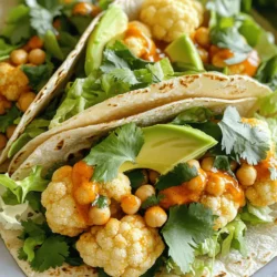- 1 cup cauliflower florets - 1 cup chickpeas, drained and rinsed - 1 cup breadcrumbs (panko recommended for extra crunch) - 1/2 cup all-purpose flour (or chickpea flour for gluten-free) - 1 cup almond milk (or any plant-based milk) For the main ingredients, you want a good mix of textures. Cauliflower gives a nice bite, while chickpeas add protein. Breadcrumbs help achieve that crispy exterior. If you're avoiding gluten, chickpea flour works great instead. I love using almond milk, but any plant-based milk can work just as well. - 1 tsp garlic powder - 1 tsp onion powder - 1/2 tsp smoked paprika - Salt and pepper to taste Spices bring flavor to your tacos. Garlic powder and onion powder add rich taste. Smoked paprika gives a nice depth. Don't forget salt and pepper; they enhance all the flavors. Adjust these to your liking for a perfect blend. - Corn or flour tortillas - Fresh cilantro or parsley - Avocado slices (optional) - Shredded lettuce or cabbage for crunch Tortillas hold everything together. You can choose corn or flour based on what you love. Fresh herbs like cilantro or parsley brighten up the dish. Adding avocado slices makes it creamy and rich. Finally, top with shredded lettuce or cabbage for that crunch. The mix of flavors and textures makes each bite exciting. For the full recipe, check out the detailed instructions and enjoy making these tacos! 1. First, preheat your oven to 400°F (200°C). This step is key for crispy tacos. 2. Next, line your baking sheet with parchment paper. This helps prevent sticking and makes cleanup easy. 1. In a mixing bowl, add 1 cup of cauliflower florets and 1 cup of chickpeas. 2. Sprinkle in 1 tsp of garlic powder, 1 tsp of onion powder, 1/2 tsp of smoked paprika, salt, and pepper. 3. Toss everything well until the chickpeas and cauliflower are coated in spices. 4. In another bowl, whisk together 1/2 cup of all-purpose flour (or chickpea flour) and 1 cup of almond milk. This creates your batter. 1. Dip each cauliflower floret and chickpea into the batter. 2. Then roll each piece in 1 cup of breadcrumbs to coat completely. 3. Place them on the lined baking sheet in a single layer. 4. Bake for 20-25 minutes, flipping halfway through for even cooking. 5. Once they are crispy and golden, toss the baked pieces with 1/2 cup of buffalo sauce in a bowl. 6. Warm your tortillas briefly in a pan for easier folding. 7. Now, add a generous amount of the buffalo-coated mixture to each tortilla. 8. Top with shredded lettuce or cabbage, avocado slices, and fresh herbs, if desired. Follow these steps carefully for a tasty and fun taco night! For the full recipe, check out the details above. To make your tacos crispy, choose the right breadcrumbs. I recommend using panko breadcrumbs. They create a light and crunchy coating. If you want a gluten-free option, chickpea flour works well. For baking techniques, preheat your oven to 400°F (200°C). Line your baking sheet with parchment paper. This helps the tacos crisp up nicely. Bake for 20-25 minutes, and flip them halfway through for even cooking. Watch for a golden-brown color, which means they are ready. You can customize the heat of the buffalo sauce. Start with a milder sauce if you prefer less heat. Add more hot sauce to increase spiciness. Mix in some fresh herbs like cilantro or parsley to add extra flavor. These herbs brighten the dish and balance the heat. When assembling the tacos, lay the tortillas flat. Add the crispy mixture in the center. Top with shredded lettuce or cabbage for crunch. Avocado slices make a creamy addition. For a pop of color, sprinkle fresh herbs on top. This not only enhances flavor but also makes the tacos look appealing. For a full recipe, check out the Vegan Crispy Buffalo Tacos guide. {{image_2}} You can switch up the main proteins in these tacos. Tempeh is a great option. It has a nutty taste and a meaty texture. You can also use lentils for a softer bite. They soak up flavors well. If you want to mix up the veggies, try using sweet potatoes or zucchini. Both add a nice sweetness. You can roast them for extra flavor. To make these tacos gluten-free, choose gluten-free flour. Almond flour works well, or you can use chickpea flour. These flours hold up nicely in the batter. For taco shells, look for corn tortillas. They are naturally gluten-free. You can also find gluten-free flour tortillas at many stores. For a fun twist, add different sauces or dressings to the tacos. Try ranch or barbecue sauce for a unique flavor. These sauces can change the whole dish. Incorporating seasonal vegetables also adds freshness. Think about adding bell peppers in summer or squash in fall. Each season brings new tastes to explore. To keep your vegan crispy buffalo tacos fresh, use an airtight container. Glass or BPA-free plastic containers work well. Store the tacos in the fridge for up to three days. This time frame ensures the best flavor and texture. If you want to keep them longer, freeze the filling separately. It can last up to a month in the freezer. When reheating, the oven is your best bet. Preheat the oven to 350°F (175°C). Place the tacos on a baking sheet. Heat for about 10-15 minutes, or until they’re warm and crispy again. The microwave is quicker but may make the tacos soggy. If you use the microwave, heat them in short bursts to avoid losing crispiness. Yes, you can prepare the filling in advance. Cook the cauliflower and chickpeas as the recipe states. Then, store them in an airtight container. When you are ready to eat, just reheat them in the oven. For best results, keep them warm at 350°F (175°C) for about 10 minutes. You can also warm the tortillas in a pan. This way, you’ll have crispy tacos ready to enjoy. If you want a different taste, use broccoli florets or diced sweet potatoes. Both options work well. You can also try tempeh or lentils for a protein boost. Each substitute will give your tacos a unique flavor. Feel free to experiment with your favorite veggies! To add more heat, try using a hotter buffalo sauce. You can also mix in some cayenne pepper or crushed red pepper flakes. Another fun idea is to add jalapeños or serrano peppers to the filling. Layering in fresh chilies will give your tacos an extra kick. Enjoy the heat! You've learned how to make vegan crispy buffalo tacos with great flavor and texture. We covered key ingredients like cauliflower, chickpeas, and spices. The step-by-step guide helped you prepare and bake these tasty tacos. Remember to experiment with toppings and variations for a custom dish. Lastly, proper storage ensures your leftovers stay fresh. Enjoy creating a meal that’s fun and healthy!