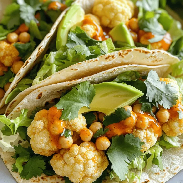 - 1 cup cauliflower florets - 1 cup chickpeas, drained and rinsed - 1 cup breadcrumbs (panko recommended for extra crunch) - 1/2 cup all-purpose flour (or chickpea flour for gluten-free) - 1 cup almond milk (or any plant-based milk) For the main ingredients, you want a good mix of textures. Cauliflower gives a nice bite, while chickpeas add protein. Breadcrumbs help achieve that crispy exterior. If you're avoiding gluten, chickpea flour works great instead. I love using almond milk, but any plant-based milk can work just as well. - 1 tsp garlic powder - 1 tsp onion powder - 1/2 tsp smoked paprika - Salt and pepper to taste Spices bring flavor to your tacos. Garlic powder and onion powder add rich taste. Smoked paprika gives a nice depth. Don't forget salt and pepper; they enhance all the flavors. Adjust these to your liking for a perfect blend. - Corn or flour tortillas - Fresh cilantro or parsley - Avocado slices (optional) - Shredded lettuce or cabbage for crunch Tortillas hold everything together. You can choose corn or flour based on what you love. Fresh herbs like cilantro or parsley brighten up the dish. Adding avocado slices makes it creamy and rich. Finally, top with shredded lettuce or cabbage for that crunch. The mix of flavors and textures makes each bite exciting. For the full recipe, check out the detailed instructions and enjoy making these tacos! 1. First, preheat your oven to 400°F (200°C). This step is key for crispy tacos. 2. Next, line your baking sheet with parchment paper. This helps prevent sticking and makes cleanup easy. 1. In a mixing bowl, add 1 cup of cauliflower florets and 1 cup of chickpeas. 2. Sprinkle in 1 tsp of garlic powder, 1 tsp of onion powder, 1/2 tsp of smoked paprika, salt, and pepper. 3. Toss everything well until the chickpeas and cauliflower are coated in spices. 4. In another bowl, whisk together 1/2 cup of all-purpose flour (or chickpea flour) and 1 cup of almond milk. This creates your batter. 1. Dip each cauliflower floret and chickpea into the batter. 2. Then roll each piece in 1 cup of breadcrumbs to coat completely. 3. Place them on the lined baking sheet in a single layer. 4. Bake for 20-25 minutes, flipping halfway through for even cooking. 5. Once they are crispy and golden, toss the baked pieces with 1/2 cup of buffalo sauce in a bowl. 6. Warm your tortillas briefly in a pan for easier folding. 7. Now, add a generous amount of the buffalo-coated mixture to each tortilla. 8. Top with shredded lettuce or cabbage, avocado slices, and fresh herbs, if desired. Follow these steps carefully for a tasty and fun taco night! For the full recipe, check out the details above. To make your tacos crispy, choose the right breadcrumbs. I recommend using panko breadcrumbs. They create a light and crunchy coating. If you want a gluten-free option, chickpea flour works well. For baking techniques, preheat your oven to 400°F (200°C). Line your baking sheet with parchment paper. This helps the tacos crisp up nicely. Bake for 20-25 minutes, and flip them halfway through for even cooking. Watch for a golden-brown color, which means they are ready. You can customize the heat of the buffalo sauce. Start with a milder sauce if you prefer less heat. Add more hot sauce to increase spiciness. Mix in some fresh herbs like cilantro or parsley to add extra flavor. These herbs brighten the dish and balance the heat. When assembling the tacos, lay the tortillas flat. Add the crispy mixture in the center. Top with shredded lettuce or cabbage for crunch. Avocado slices make a creamy addition. For a pop of color, sprinkle fresh herbs on top. This not only enhances flavor but also makes the tacos look appealing. For a full recipe, check out the Vegan Crispy Buffalo Tacos guide. {{image_2}} You can switch up the main proteins in these tacos. Tempeh is a great option. It has a nutty taste and a meaty texture. You can also use lentils for a softer bite. They soak up flavors well. If you want to mix up the veggies, try using sweet potatoes or zucchini. Both add a nice sweetness. You can roast them for extra flavor. To make these tacos gluten-free, choose gluten-free flour. Almond flour works well, or you can use chickpea flour. These flours hold up nicely in the batter. For taco shells, look for corn tortillas. They are naturally gluten-free. You can also find gluten-free flour tortillas at many stores. For a fun twist, add different sauces or dressings to the tacos. Try ranch or barbecue sauce for a unique flavor. These sauces can change the whole dish. Incorporating seasonal vegetables also adds freshness. Think about adding bell peppers in summer or squash in fall. Each season brings new tastes to explore. To keep your vegan crispy buffalo tacos fresh, use an airtight container. Glass or BPA-free plastic containers work well. Store the tacos in the fridge for up to three days. This time frame ensures the best flavor and texture. If you want to keep them longer, freeze the filling separately. It can last up to a month in the freezer. When reheating, the oven is your best bet. Preheat the oven to 350°F (175°C). Place the tacos on a baking sheet. Heat for about 10-15 minutes, or until they’re warm and crispy again. The microwave is quicker but may make the tacos soggy. If you use the microwave, heat them in short bursts to avoid losing crispiness. Yes, you can prepare the filling in advance. Cook the cauliflower and chickpeas as the recipe states. Then, store them in an airtight container. When you are ready to eat, just reheat them in the oven. For best results, keep them warm at 350°F (175°C) for about 10 minutes. You can also warm the tortillas in a pan. This way, you’ll have crispy tacos ready to enjoy. If you want a different taste, use broccoli florets or diced sweet potatoes. Both options work well. You can also try tempeh or lentils for a protein boost. Each substitute will give your tacos a unique flavor. Feel free to experiment with your favorite veggies! To add more heat, try using a hotter buffalo sauce. You can also mix in some cayenne pepper or crushed red pepper flakes. Another fun idea is to add jalapeños or serrano peppers to the filling. Layering in fresh chilies will give your tacos an extra kick. Enjoy the heat! You've learned how to make vegan crispy buffalo tacos with great flavor and texture. We covered key ingredients like cauliflower, chickpeas, and spices. The step-by-step guide helped you prepare and bake these tasty tacos. Remember to experiment with toppings and variations for a custom dish. Lastly, proper storage ensures your leftovers stay fresh. Enjoy creating a meal that’s fun and healthy!