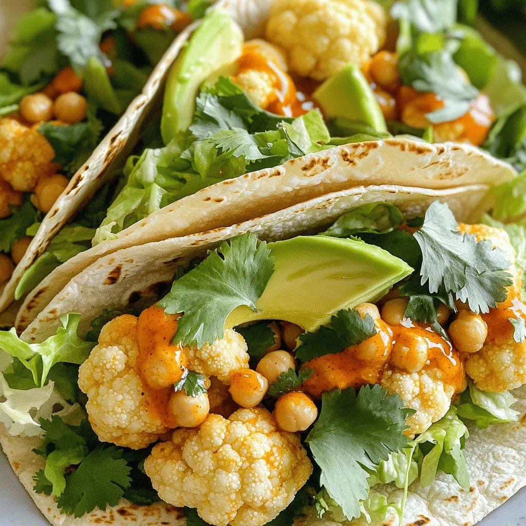 - 1 cup cauliflower florets - 1 cup chickpeas, drained and rinsed - 1 cup breadcrumbs (panko recommended for extra crunch) - 1/2 cup all-purpose flour (or chickpea flour for gluten-free) - 1 cup almond milk (or any plant-based milk) For the main ingredients, you want a good mix of textures. Cauliflower gives a nice bite, while chickpeas add protein. Breadcrumbs help achieve that crispy exterior. If you're avoiding gluten, chickpea flour works great instead. I love using almond milk, but any plant-based milk can work just as well. - 1 tsp garlic powder - 1 tsp onion powder - 1/2 tsp smoked paprika - Salt and pepper to taste Spices bring flavor to your tacos. Garlic powder and onion powder add rich taste. Smoked paprika gives a nice depth. Don't forget salt and pepper; they enhance all the flavors. Adjust these to your liking for a perfect blend. - Corn or flour tortillas - Fresh cilantro or parsley - Avocado slices (optional) - Shredded lettuce or cabbage for crunch Tortillas hold everything together. You can choose corn or flour based on what you love. Fresh herbs like cilantro or parsley brighten up the dish. Adding avocado slices makes it creamy and rich. Finally, top with shredded lettuce or cabbage for that crunch. The mix of flavors and textures makes each bite exciting. For the full recipe, check out the detailed instructions and enjoy making these tacos! 1. First, preheat your oven to 400°F (200°C). This step is key for crispy tacos. 2. Next, line your baking sheet with parchment paper. This helps prevent sticking and makes cleanup easy. 1. In a mixing bowl, add 1 cup of cauliflower florets and 1 cup of chickpeas. 2. Sprinkle in 1 tsp of garlic powder, 1 tsp of onion powder, 1/2 tsp of smoked paprika, salt, and pepper. 3. Toss everything well until the chickpeas and cauliflower are coated in spices. 4. In another bowl, whisk together 1/2 cup of all-purpose flour (or chickpea flour) and 1 cup of almond milk. This creates your batter. 1. Dip each cauliflower floret and chickpea into the batter. 2. Then roll each piece in 1 cup of breadcrumbs to coat completely. 3. Place them on the lined baking sheet in a single layer. 4. Bake for 20-25 minutes, flipping halfway through for even cooking. 5. Once they are crispy and golden, toss the baked pieces with 1/2 cup of buffalo sauce in a bowl. 6. Warm your tortillas briefly in a pan for easier folding. 7. Now, add a generous amount of the buffalo-coated mixture to each tortilla. 8. Top with shredded lettuce or cabbage, avocado slices, and fresh herbs, if desired. Follow these steps carefully for a tasty and fun taco night! For the full recipe, check out the details above. To make your tacos crispy, choose the right breadcrumbs. I recommend using panko breadcrumbs. They create a light and crunchy coating. If you want a gluten-free option, chickpea flour works well. For baking techniques, preheat your oven to 400°F (200°C). Line your baking sheet with parchment paper. This helps the tacos crisp up nicely. Bake for 20-25 minutes, and flip them halfway through for even cooking. Watch for a golden-brown color, which means they are ready. You can customize the heat of the buffalo sauce. Start with a milder sauce if you prefer less heat. Add more hot sauce to increase spiciness. Mix in some fresh herbs like cilantro or parsley to add extra flavor. These herbs brighten the dish and balance the heat. When assembling the tacos, lay the tortillas flat. Add the crispy mixture in the center. Top with shredded lettuce or cabbage for crunch. Avocado slices make a creamy addition. For a pop of color, sprinkle fresh herbs on top. This not only enhances flavor but also makes the tacos look appealing. For a full recipe, check out the Vegan Crispy Buffalo Tacos guide. {{image_2}} You can switch up the main proteins in these tacos. Tempeh is a great option. It has a nutty taste and a meaty texture. You can also use lentils for a softer bite. They soak up flavors well. If you want to mix up the veggies, try using sweet potatoes or zucchini. Both add a nice sweetness. You can roast them for extra flavor. To make these tacos gluten-free, choose gluten-free flour. Almond flour works well, or you can use chickpea flour. These flours hold up nicely in the batter. For taco shells, look for corn tortillas. They are naturally gluten-free. You can also find gluten-free flour tortillas at many stores. For a fun twist, add different sauces or dressings to the tacos. Try ranch or barbecue sauce for a unique flavor. These sauces can change the whole dish. Incorporating seasonal vegetables also adds freshness. Think about adding bell peppers in summer or squash in fall. Each season brings new tastes to explore. To keep your vegan crispy buffalo tacos fresh, use an airtight container. Glass or BPA-free plastic containers work well. Store the tacos in the fridge for up to three days. This time frame ensures the best flavor and texture. If you want to keep them longer, freeze the filling separately. It can last up to a month in the freezer. When reheating, the oven is your best bet. Preheat the oven to 350°F (175°C). Place the tacos on a baking sheet. Heat for about 10-15 minutes, or until they’re warm and crispy again. The microwave is quicker but may make the tacos soggy. If you use the microwave, heat them in short bursts to avoid losing crispiness. Yes, you can prepare the filling in advance. Cook the cauliflower and chickpeas as the recipe states. Then, store them in an airtight container. When you are ready to eat, just reheat them in the oven. For best results, keep them warm at 350°F (175°C) for about 10 minutes. You can also warm the tortillas in a pan. This way, you’ll have crispy tacos ready to enjoy. If you want a different taste, use broccoli florets or diced sweet potatoes. Both options work well. You can also try tempeh or lentils for a protein boost. Each substitute will give your tacos a unique flavor. Feel free to experiment with your favorite veggies! To add more heat, try using a hotter buffalo sauce. You can also mix in some cayenne pepper or crushed red pepper flakes. Another fun idea is to add jalapeños or serrano peppers to the filling. Layering in fresh chilies will give your tacos an extra kick. Enjoy the heat! You've learned how to make vegan crispy buffalo tacos with great flavor and texture. We covered key ingredients like cauliflower, chickpeas, and spices. The step-by-step guide helped you prepare and bake these tasty tacos. Remember to experiment with toppings and variations for a custom dish. Lastly, proper storage ensures your leftovers stay fresh. Enjoy creating a meal that’s fun and healthy!